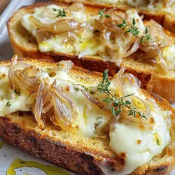 - 2 large onions, thinly sliced - 2 tablespoons butter - 1 tablespoon olive oil - 1 teaspoon sugar - 1 teaspoon salt - 1 teaspoon black pepper - 4 slices of sourdough bread - 1 cup Gruyère cheese, shredded - 1 cup mozzarella cheese, shredded - 2 tablespoons mayonnaise - Fresh thyme leaves, for garnish - Additional cheeses (e.g., aged cheddar, provolone) - Herbs (e.g., rosemary, oregano) - Gluten-free bread alternatives - Vegan cheese options The ingredients for the French Onion Grilled Cheese Sandwich are simple yet vital. The onions bring sweetness and depth, while the cheeses add creaminess. I love using Gruyère for its nutty flavor and mozzarella for its gooey stretch. For optional add-ins, try aged cheddar or provolone for a twist. Fresh herbs like rosemary or oregano can enhance the flavors too. If you need gluten-free options, sourdough has great alternatives available. For a vegan twist, you can find plant-based cheeses that melt well. The Full Recipe includes everything you need to create this delicious sandwich. Enjoy the process of picking fresh, quality ingredients! To start, melt the butter and olive oil together in a large skillet over medium heat. The mix of these fats gives the onions a rich taste. Add the thinly sliced onions, sugar, salt, and black pepper to the skillet. Stir gently to coat the onions well. Caramelizing onions takes time, about 25-30 minutes. Keep stirring the onions every few minutes. This helps them cook evenly and prevents burning. You want them to turn a lovely golden brown. This deep flavor is what makes your sandwich special. While the onions cook, grab another skillet and heat it over medium heat. Spread mayonnaise on one side of each slice of sourdough bread. The mayo adds a nice crispiness when grilled. Now, lay two slices of bread in the skillet, mayo side down. Pile on the Gruyère and mozzarella cheese. They melt beautifully, giving a gooey texture. After your onions are ready, scoop them onto the cheese. Top with more cheese for extra yum! Finally, place the remaining slices of bread on top, mayo side up. For the perfect grill, cook the sandwiches for about 3-5 minutes on each side. You want the bread to turn golden brown and the cheese to melt completely. Use a spatula to press down gently. This helps the cheese stick and creates a nice crust. When your sandwich is done, you’ll see a golden crust and hear a slight sizzle. Remove it from the skillet and let it cool for a minute before cutting in half. Garnish with fresh thyme leaves for a touch of color and flavor. For the full recipe, check out the complete cooking instructions. Enjoy your tasty and hearty French onion grilled cheese sandwich! For the best flavor, cook onions slowly. Aim for low heat and take your time. This method brings out natural sweetness. Stir often to prevent sticking. Avoid burning by watching closely. If they start to brown too fast, lower the heat. A perfect caramelization takes about 25-30 minutes. Choosing the right cheeses makes a big difference. I recommend Gruyère and mozzarella. Gruyère gives a rich flavor, while mozzarella adds stretch. Use equal parts for great taste and texture. Control the temperature while grilling. Medium heat works best. This helps the cheese melt evenly without burning the bread. Pair your sandwich with a warm soup for comfort. Tomato soup is a classic choice. A light salad also works well. For sides, try crispy fries or a simple green salad. These add crunch and balance to the meal. Enjoy your tasty creation with friends or family! {{image_2}} You can spice up your French onion grilled cheese in fun ways. Try adding garlic powder for a rich flavor. Smoked paprika adds a hint of warmth and depth. Both spices mix well with the onion's sweetness. You can also switch up the bread. Sourdough is great, but consider using whole wheat or rye. Each type of bread gives a unique taste and texture. Seasonal vegetables can make your sandwich shine. In fall, add mushrooms for an earthy taste. Spinach brightens the dish in summer. These veggies not only add flavor but also nutrition. You can adjust the spices for the season too. In cooler months, use warming spices like nutmeg. For summer, keep it light with fresh herbs. If you're watching calories, use less cheese or low-calorie bread. You can still enjoy great flavor without the extra fat. For a vegan twist, substitute regular cheese with vegan cheese. Use plant-based butter or olive oil too. This way, everyone can enjoy this tasty sandwich. For the full recipe to create your delicious sandwich, check out the [Full Recipe]. To keep your French onion grilled cheese sandwich fresh, wrap it tightly in foil or place it in an airtight container. This helps maintain the sandwich's flavor and texture. Store it in the fridge. Leftovers can last for about 3 days. After that, the bread may become stale. For the best taste, reheat your sandwich in a skillet over medium heat. Add a little butter to the pan for extra flavor. Cook each side for about 3-4 minutes. This keeps the bread crispy and warms the cheese. If using an oven, preheat it to 350°F. Wrap the sandwich in foil to avoid sogginess. Heat for about 10-15 minutes until warm. Yes, you can freeze these sandwiches! Wrap each sandwich in plastic wrap and then in foil. This prevents freezer burn. They can last for about 2 months in the freezer. When ready to eat, thaw in the fridge overnight. For reheating, use a skillet or oven as mentioned before. This keeps the sandwich tasty and warm. For the complete cooking details, check out the Full Recipe. It takes about 10 minutes to prep. Cooking the onions takes around 25 to 30 minutes. Grilling the sandwich takes an extra 6 to 10 minutes. In total, you need about 40 minutes to finish this tasty meal! Yes, you can! Gruyère is great, but you can mix in aged cheddar or provolone. Each cheese gives a unique flavor. You can even try blue cheese for a bold taste. Just make sure to pick cheeses that melt well. Use a mix of cheeses like Gruyère and mozzarella. Spread mayonnaise on the bread for extra creaminess. Grill over medium heat to melt the cheese slowly. This will help you get that perfect gooey texture. You can add mushrooms, spinach, or bell peppers. Sauté them with the onions to blend the flavors. Zucchini or roasted red peppers can also work well. Just keep the veggie amount balanced so it does not overpower the cheese. You can find the complete cooking instructions and ingredient list in the Full Recipe. This will guide you through making your own delicious French Onion Grilled Cheese Sandwich. In this post, we covered how to make a French Onion Grilled Cheese Sandwich, focusing on key ingredients and techniques. From caramelizing onions to grilling the perfect sandwich, I shared tips and tricks to elevate your dish. Remember, you can customize with different cheeses and seasonal veggies, adapting it to your taste or dietary needs. Whether it's a cozy meal or a quick lunch, this sandwich delivers great flavor with ease. Dive in, experiment, and enjoy a comforting bite of gooey goodness every time.