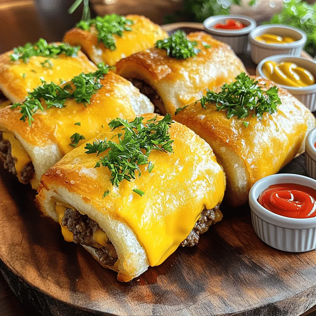 - 1 lb ground beef - 1 cup shredded cheddar cheese - 1 tablespoon minced garlic - 2 tablespoons butter - 1 tablespoon Worcestershire sauce - 1 teaspoon onion powder - 1 teaspoon salt - 1/2 teaspoon black pepper - 4 large flour tortillas - 1/4 cup chopped fresh parsley (for garnish) - Ketchup and mustard (for serving) When measuring ingredients, use dry measuring cups for solids. For liquids, use a liquid measuring cup. Always level off dry ingredients with a straight edge for accuracy. This keeps flavors balanced. You can swap ground beef for ground turkey or chicken for a leaner option. Instead of cheddar cheese, try mozzarella or pepper jack for more flavor. If you want a gluten-free version, use corn tortillas. Fresh herbs can replace parsley for a different taste. You can use garlic powder if you don’t have fresh garlic. Start by heating a large skillet over medium heat. Add 2 tablespoons of butter. Once melted, add 1 tablespoon of minced garlic. Sauté the garlic for about 1 minute until it smells great. Next, add 1 pound of ground beef to the skillet. Break it up with a spoon as it cooks. Brown the beef for about 6-7 minutes. Stir in 1 tablespoon of Worcestershire sauce, 1 teaspoon of onion powder, 1 teaspoon of salt, and 1/2 teaspoon of black pepper. Cook for 2 more minutes. This helps the flavors mix well. Remove the skillet from the heat. Now, it’s time to add some cheesy goodness! Mix in 1 cup of shredded cheddar cheese while the beef is still warm. Stir until the cheese melts and coats the beef. This step makes the beef mixture creamy and rich. The melted cheese adds flavor and binds everything together. Set this cheesy beef mixture aside for a moment. Grab 4 large flour tortillas. Lay one tortilla flat on a clean surface. Take a generous scoop of the beef and cheese mixture and place it at one end of the tortilla. Roll it up tightly, tucking in the sides as you go. Repeat this with the remaining tortillas. Once you roll all of them, return the skillet to the heat. Place the rollups seam-side down in the skillet. Cook each side for about 2-3 minutes until they are golden brown and crispy. Remove from the skillet and let them cool for a minute. Slice each rollup into bite-sized pieces, and garnish with chopped fresh parsley. Serve with ketchup and mustard on the side for dipping. Enjoy your Garlic Butter Beef Cheeseburger Rollups! For more detailed steps, check the Full Recipe. To make the best Garlic Butter Beef Cheeseburger Rollups, start with a hot skillet. This helps brown the beef quickly. Use medium heat to cook the garlic and beef. This keeps the flavors bright and fresh. Cook the beef until it is fully browned. This step adds depth to the flavor. Remember to break up the beef as it cooks. This ensures even cooking and a nice texture. Once the beef is ready, mix in the cheese right away. This helps the cheese melt evenly into the beef. For extra flavor, consider adding spices. A pinch of cayenne pepper can bring heat. You can also mix in some diced jalapeños for a kick. Fresh herbs like basil or cilantro can lift the taste. If you like tang, add a splash of hot sauce to the beef. This gives a nice zing that pairs well with the richness of the cheese. You can also swap out the cheddar for pepper jack. This adds creaminess and heat in every bite. When serving these rollups, think about presentation. Slice them into bite-size pieces for easy eating. Arrange them on a platter and sprinkle with fresh parsley. This makes the dish look vibrant and fresh. Serve with ketchup and mustard on the side for dipping. You can also offer ranch dressing or BBQ sauce. These options add more fun to your meal. For a complete dinner, pair the rollups with a fresh salad. A light vinaigrette adds a nice contrast to the rich flavors. Enjoy your tasty creation! {{image_2}} You can easily switch up ingredients in this recipe. Try ground turkey instead of beef for a lighter option. If you want more spice, add diced jalapeños or red pepper flakes. For a smoky flavor, use smoked cheddar cheese. You can also swap the tortillas for whole wheat or even corn tortillas for a gluten-free version. To make a vegetarian version, replace the ground beef with lentils or black beans. For a vegan option, use plant-based cheese and butter. You can also add sautéed mushrooms or spinach for extra flavor. These swaps keep the dish tasty while meeting different diets. Pair these rollups with fun dipping sauces. Classic ketchup and mustard work well. You can also try ranch dressing or BBQ sauce for a twist. For a zesty kick, mix mayo with sriracha. These sauces add extra flavor and make the meal more fun. After making Garlic Butter Beef Cheeseburger Rollups, let them cool. Store the rollups in an airtight container. They can last in the fridge for up to three days. Make sure to place a paper towel inside the container to absorb moisture. This keeps the rollups from getting soggy. You can freeze Garlic Butter Beef Cheeseburger Rollups for longer storage. Wrap each rollup tightly in plastic wrap. Then, place them in a freezer bag or airtight container. They can stay in the freezer for up to three months. When you're ready to eat, thaw them in the fridge overnight. To reheat your rollups, you have a few options. For the best results, use an oven. Preheat your oven to 350°F (175°C). Place the rollups on a baking sheet and heat for about 10-15 minutes. You can also use a microwave, but this may make them soft. Heat them for about one minute, checking often. Enjoy your tasty rollups! For the full recipe, refer to the earlier section. To add some heat, use spicy seasonings. Try cayenne pepper or crushed red pepper flakes. You can mix these into the beef as it cooks. For extra kick, add jalapeños or hot sauce. These additions enhance the flavor and spice. You can even serve with a spicy dipping sauce for more heat! Yes, you can prepare these rollups ahead of time. Assemble them and store in the fridge for up to 24 hours. This makes dinner easy and quick. Just remember to cover them tightly with plastic wrap. When ready, cook them until golden and warm. You’ll have a tasty meal ready in minutes! You have many options for sides that match well. Here are some tasty ideas: - French fries or sweet potato fries - Coleslaw for a crunchy bite - Garden salad for fresh flavors - Pickles for a tangy crunch These sides will complete your meal and make it even more enjoyable! Garlic Butter Beef Cheeseburger Rollups are simple and fun to make. This dish combines juicy beef, gooey cheese, and garlic butter in a crispy roll. It's perfect for a quick meal or a tasty snack. You can make it in about 30 minutes, which is great for busy days. Ingredients: - 1 lb ground beef - 1 cup shredded cheddar cheese - 1 tablespoon minced garlic - 2 tablespoons butter - 1 tablespoon Worcestershire sauce - 1 teaspoon onion powder - 1 teaspoon salt - 1/2 teaspoon black pepper - 4 large flour tortillas - 1/4 cup chopped fresh parsley (for garnish) - Ketchup and mustard (for serving) Instructions: 1. Cook the Beef: First, heat butter in a skillet. Add garlic and cook until fragrant. 2. Brown the Meat: Next, add the ground beef. Cook until it's brown and crumbly. 3. Season the Beef: Now, stir in Worcestershire sauce, onion powder, salt, and pepper. Let it cook for a few more minutes. 4. Add Cheese: Mix in the shredded cheddar cheese until it melts into the beef. 5. Assemble Rollups: Take a tortilla, scoop in the beef mixture, and roll it up tightly. 6. Final Cook: Place rollups seam-side down in the skillet. Cook until golden brown on all sides. 7. Serve: Cool a bit, slice, and arrange on a platter. Garnish with parsley and serve with ketchup and mustard. This recipe is easy to follow and uses common ingredients. You can find the full recipe in the earlier sections. Enjoy making these tasty rollups! This blog post covered how to make Garlic Butter Beef Cheeseburger Rollups. We discussed ingredients, from best measurement tips to fun substitutions. The step-by-step instructions taught cooking techniques and assembly ideas. I shared tips for flavor and serving, along with various options to mix it up. We also explored storage and reheating for leftovers. In the end, these rollups are easy to make and fun to enjoy. Try them out at your next meal!