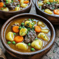 - 1 pound beef chuck, cut into 1-inch cubes - 1 package (16 oz) potato gnocchi - 4 cups beef broth - 1 tablespoon olive oil - 1 teaspoon dried thyme - 1 bay leaf - 1 onion, diced - 3 cloves garlic, minced - 3 carrots, sliced - 2 stalks celery, sliced - 2 cups potatoes, diced - 1 cup frozen peas Gather these ingredients before you start cooking. Each one plays a key role in creating the deep flavor of this stew. The beef chuck adds richness, while the broth brings warmth. The gnocchi gives a delightful texture. The veggies brighten the dish and add nutrition. Using fresh ingredients makes a big difference. The aroma of diced onion and minced garlic fills your kitchen with comfort. Carrots and celery bring sweetness and crunch. Potatoes add heartiness, and peas add a pop of color. For the full recipe, check out the detailed steps to bring this hearty dish to life. Sautéing the Aromatics Start by heating 1 tablespoon of olive oil in a large pot. Use medium heat. Next, add 1 diced onion and 3 minced garlic cloves. Cook for 3 to 4 minutes until the onion turns soft and clear. This step builds a strong flavor base. Browning the Beef Now, add 1 pound of beef chuck cut into 1-inch cubes. Sprinkle salt and pepper over the beef. Brown the meat on all sides for about 5 to 6 minutes. This gives the beef a nice crust and locks in juices. Adding Vegetables and Broth Once the beef is browned, toss in 3 sliced carrots, 2 sliced stalks of celery, and 2 cups of diced potatoes. Stir and cook for another 5 minutes. This softens the vegetables a bit. After that, pour in 4 cups of beef broth. Add 1 teaspoon of dried thyme and 1 bay leaf. Bring the mix to a boil. Simmering for Tenderness Reduce the heat to low and cover the pot. Let it simmer for 1.5 hours. This slow cooking helps the beef become tender. Stir occasionally to prevent sticking. Incorporating Gnocchi After the beef is tender, it’s time to bring in the star of the dish. Add 1 package (16 oz) of potato gnocchi to the pot. Cook for 2 to 3 minutes. Watch for the gnocchi to float to the top; that means they are done. Adjusting Seasoning and Serving Next, stir in 1 cup of frozen peas. Cook for another 2 minutes. Taste the stew and adjust the salt and pepper as needed. Finally, remove the bay leaf before serving. For a lovely touch, garnish with fresh parsley. Enjoy this hearty meal with crusty bread. For the full recipe, check out [Full Recipe]. - Using Fresh Herbs Fresh herbs can make a big impact. I love adding fresh thyme at the end. It adds brightness. You can also try fresh rosemary for a rich taste. - Adjusting Saltiness Taste your stew before serving. If it's too salty, add a little more broth or water. This helps balance the flavors. - How to Brown Meat Perfectly Start with a hot pan and dry beef. This helps create a nice crust. Don’t overcrowd the pan; brown the beef in batches if needed. - Preventing Gnocchi from Becoming Mushy Add gnocchi near the end of cooking. This keeps them firm. Cook them just until they float, which takes only a few minutes. - Serving Suggestions Serve your stew in deep bowls. This makes it feel hearty. Pair it with crusty bread for dipping. - Garnishing with Fresh Parsley Top with chopped fresh parsley for color. It also adds a fresh taste. This simple step makes your dish look inviting. Check out the Full Recipe for more tips! {{image_2}} You can swap beef chuck for chicken or turkey. These meats cook faster. They also cut down on the fat. If you want a plant-based choice, use mushrooms. They add a nice umami flavor. Feel free to add more veggies. Peppers, zucchini, and green beans work great. They add color and nutrition. Just chop them up and toss them in with the other veggies. If you need gluten-free gnocchi, look for alternatives made from rice or corn. Many stores carry these options now. They taste good and keep the dish hearty. To make a vegetarian stew, skip the beef. Instead, use vegetable broth and add lentils. They add protein and fiber. You can also use chickpeas for a different flavor. Want some spice? Add jalapeños or crushed red pepper flakes. Start with a small amount, then taste. You can always add more if you want it hotter. For a meaty kick, try adding spicy sausage. Cook it before adding the other ingredients. The flavor will seep into the stew, making it even better. For the full recipe, check out the Gnocchi & Beef Bliss Stew. - How to Store Leftovers After your meal, let the stew cool down. Pour it into a bowl or container. Make sure to cover it tightly with a lid or plastic wrap to keep it fresh. - Best Containers for Storage Use glass or plastic containers with tight lids. These containers avoid leaks and keep the stew fresh. Avoid metal containers, as they can react with the food. - Freezing the Stew To freeze the stew, let it cool completely. Use freezer-safe bags or containers. Remove as much air as possible to avoid freezer burn. Label each bag with the date for easy tracking. - Reheating Instructions To reheat, thaw the stew overnight in the fridge. Heat it on the stove over low heat, stirring often. If it seems thick, add a little beef broth or water to loosen it. - How Long Can It Last in the Fridge? In the fridge, the stew can last about 3 to 4 days. If you notice any signs of spoilage, discard it. - Signs of Spoilage Watch for changes in color or smell. If the stew has an off smell or a strange texture, do not eat it. Always trust your senses when checking food freshness. Cooking potato gnocchi in stew is quick. Once your stew simmers for about 1.5 hours, add the gnocchi. They need just 2-3 minutes to cook. You know they are done when they float. This makes gnocchi perfect for busy nights. Yes, you can use a slow cooker! Start by browning the beef and veggies on the stove. Then, add all your ingredients to the slow cooker. Cook on low for 6-8 hours or high for 3-4 hours. Add the gnocchi 30 minutes before serving. This will keep them tender and tasty. This stew pairs well with many sides. Here are some ideas: - Crusty bread for dipping - A fresh green salad - Steamed veggies for a light touch - Garlic bread for extra flavor These sides will enhance your meal, making it even more satisfying. Enjoy! This beef stew with potato gnocchi brings together rich flavors and yummy textures. We discussed key ingredients like chuck beef, gnocchi, and fresh veggies, enhancing every bite. You learned the steps to prepare it perfectly and explored tips to boost flavor. Variations make it fun, while storage advice keeps your leftovers fresh. Now, you can whip up this dish anytime! Enjoy the warmth and comfort this stew offers. It’s not just a meal; it's a satisfying experience.