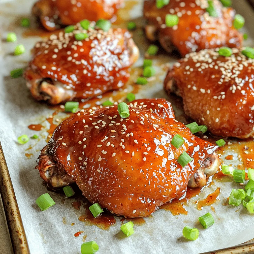 To make Sticky Sweet Chili Chicken Thighs, you need a few simple items. Each ingredient plays a key role in building flavor. Here’s what you’ll need: - 4 chicken thighs, skin-on and bone-in - 1/4 cup sweet chili sauce - 2 tablespoons soy sauce - 1 tablespoon honey - 1 teaspoon garlic powder - 1 teaspoon ginger powder - 1 teaspoon sesame oil - Salt and pepper to taste - 1 tablespoon sesame seeds (for garnish) - Chopped green onions (for garnish) Chicken thighs bring juicy flavor and tenderness. The sweet chili sauce adds a sticky glaze that makes this dish shine. Soy sauce gives a savory kick, while honey balances with sweetness. Garlic powder and ginger powder give depth to the taste. Sesame oil adds a nutty note that rounds out the flavors. Garnishes like sesame seeds and green onions make the dish pop visually. They also add texture and freshness. Each ingredient plays off the others, creating a delightful meal. Follow the Full Recipe for detailed cooking steps. Enjoy crafting this tasty dish! To make the marinade, gather the following ingredients: - 1/4 cup sweet chili sauce - 2 tablespoons soy sauce - 1 tablespoon honey - 1 teaspoon garlic powder - 1 teaspoon ginger powder - 1 teaspoon sesame oil - Salt and pepper to taste Combine all these ingredients in a mixing bowl. Use a whisk to mix until smooth. The blend should smell sweet and savory. This marinade adds great depth to the chicken. Next, take 4 chicken thighs, skin-on and bone-in. Place them in a resealable bag or a shallow bowl. Pour the marinade over the chicken. Make sure each piece is well coated. Seal the bag or cover the bowl tightly. For the best flavor, marinate the chicken for at least 30 minutes. If you have time, let it sit for 2 hours. This extra time allows the flavors to soak into the meat. Before baking, preheat your oven to 400°F (200°C). Once the oven is hot, take the chicken from the fridge. Arrange the thighs skin side up on a baking sheet lined with parchment paper. Bake the chicken for 30-35 minutes. The thighs should be cooked through and have a sticky glaze. Use a meat thermometer to check that the internal temperature reaches 165°F (75°C). For an added crunch, switch the oven to broil for the last 2-3 minutes. Keep a close eye on them to avoid burning. These steps will help you create juicy and flavorful Sticky Sweet Chili Chicken Thighs. For the complete cooking process, refer to the Full Recipe. To get that sticky glaze, marinating is key. I always recommend marinating chicken thighs for at least 30 minutes. However, two hours brings out the best flavor. The longer they soak, the more the chicken absorbs those tasty notes. For crispier skin, start by patting the chicken dry before marinating. This helps reduce moisture. When you bake, place the thighs skin-side up. If you want extra crunch, broil them for the last few minutes of cooking. Keep an eye on them to avoid burning. Sticky sweet chili chicken pairs well with many sides. Steamed rice is a classic choice. The rice soaks up the glaze perfectly. You can also serve it with a fresh salad. A crunchy slaw adds great texture. For something heartier, try roasted vegetables. Carrots, bell peppers, or broccoli work well. They add color and nutrients to your meal. Feel free to garnish your dish with sesame seeds and chopped green onions for a pop of flavor. If you want to change things up, grilling is a great option. Preheat your grill and cook the marinated thighs for about 6-7 minutes on each side. This adds a nice smoky flavor. You can also use an air fryer. Set it to 375°F (190°C) and cook the chicken for about 25 minutes. Check the internal temperature to ensure it reaches 165°F (75°C). This method gives you a crunchy skin with less oil. Enjoy experimenting with these cooking methods! {{image_2}} You can change the heat in your sticky sweet chili chicken thighs. If you want more spice, add chili flakes or sriracha sauce to your marinade. Start with a small amount, then taste it. If you want it sweeter, add more honey or sweet chili sauce. For a tangier flavor, try a splash of lime juice or vinegar. If you don’t have chicken thighs, you can use chicken breasts or drumsticks. Chicken breasts will cook faster, so check them sooner. Drumsticks will give you a nice crispy skin and juicy meat. Just remember to adjust cooking times to ensure everything is cooked properly. Adding vegetables can make the dish even better. Try roasting bell peppers, carrots, or broccoli on the same baking sheet. Toss them in the marinade too. This will add more flavor and color to your meal. You can also serve the chicken on a bed of sautéed spinach or alongside a fresh salad for a complete dinner. To keep your sticky sweet chili chicken thighs fresh, place leftovers in an airtight container. Store them in the fridge for up to four days. Be sure to let the chicken cool to room temperature before sealing. This step helps prevent moisture buildup. If you want to save some for later, consider freezing the chicken thighs. Wrap each thigh in plastic wrap, then place them in a freezer bag. This method helps to avoid freezer burn. Chicken can stay good in the freezer for up to three months. To reheat, thaw in the fridge overnight before cooking. When you’re ready to enjoy leftovers, avoid drying them out. You can reheat chicken thighs in the oven at 350°F (175°C) for 15-20 minutes. Alternatively, use a microwave, but cover the chicken to retain moisture. You can also heat them on the stove over low heat. Just add a splash of water or broth to keep them juicy. For the full recipe, check out the details above. I suggest marinating the chicken thighs for at least 30 minutes. For the best flavor, aim for 2 hours. This time lets the chicken soak up the sweet chili sauce and other ingredients. Longer marination can deepen the taste even more. Yes, you can use boneless chicken thighs. They cook faster than bone-in thighs. If using boneless, reduce the baking time by about 5 to 10 minutes. Always check for doneness to ensure they are fully cooked. The safe internal temperature for chicken thighs is 165°F (75°C). Use a meat thermometer to check. This ensures the chicken is safe to eat while remaining juicy and tender. Yes, you can prepare Sticky Sweet Chili Chicken Thighs in advance. Marinate the chicken and store it in the fridge. You can also bake it ahead of time. Just reheat it later in the oven. This makes meal prep easy and quick. You can find the full recipe for Sticky Sweet Chili Chicken Thighs in the recipe section. This will give you all the details you need for a perfect dish. In this post, we explored how to make Sticky Sweet Chili Chicken Thighs. We covered key ingredients, step-by-step instructions, tips for the perfect glaze, and storage info. You can adjust spice levels and use different chicken cuts. Enjoy this tasty dish with your favorite sides or grill it for a new flavor. Remember, marinating well makes a big difference. I hope you try this recipe and enjoy every bite!