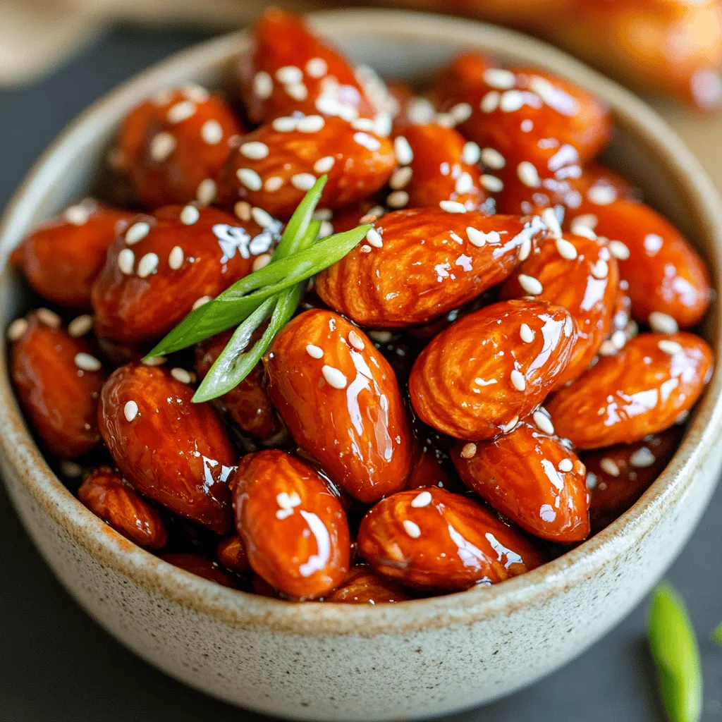 - 2 cups raw almonds - 3 tablespoons honey - 2 tablespoons Sriracha sauce - 1 tablespoon soy sauce - 1 teaspoon garlic powder - 1 teaspoon smoked paprika - 1/2 teaspoon salt - 1 tablespoon olive oil For the best Sriracha, I recommend Huy Fong Foods. Their sauce has a great balance of spice and flavor. For almonds, look for local brands. Buying local often means fresher nuts. Check farmers' markets for options. If you need an alternative to honey, try maple syrup or agave nectar. Both are sweet and work well. If you want low-sodium soy sauce, look for brands like Tamari. It has great flavor without the extra salt. 1. First, preheat your oven to 350°F (175°C). This helps the almonds cook evenly. 2. Line a baking sheet with parchment paper. This keeps the almonds from sticking. 3. In a medium mixing bowl, whisk together honey, Sriracha, soy sauce, garlic powder, smoked paprika, and salt. Mix until smooth. This glaze gives the almonds their flavor. 1. Add the raw almonds to the bowl with the glaze. 2. Pour olive oil over the almonds. Toss everything well. Make sure all almonds get coated evenly. This step is key for flavor. If some nuts miss the glaze, they won’t taste as good. 1. Spread the coated almonds on the prepared baking sheet in a single layer. 2. Bake in the preheated oven for about 15 to 20 minutes. Stir halfway through to help them cook evenly. 3. Watch them closely to avoid burning. You want them golden brown and fragrant. 4. Once done, take them out and let them cool on the baking sheet. The glaze will harden as they cool. Enjoy your delicious Sriracha glazed almonds! For the full recipe, check [Full Recipe]. To get that crunchy coating, coat the almonds evenly. Make sure the glaze covers every almond. This ensures each one gets that spicy-sweet flavor. Stir them well in the bowl before baking. A common mistake is to skip stirring during baking. Stir halfway through to cook evenly. Keep an eye on them to prevent burning. If you see them darkening too fast, take them out early. For a beautiful presentation, serve the Sriracha glazed almonds in a small bowl. Add a sprinkle of sesame seeds and chopped green onions on top. This adds color and flavor. Pair these almonds with a cold drink. They go well with beer, iced tea, or a fruity soda. These drinks balance the heat and sweetness of the almonds. Store your glazed almonds in an airtight container. This keeps them fresh and crunchy. Glass jars or plastic containers work well. Do not store them in a warm or moist place. A cool, dry pantry is best. They can last up to two weeks if stored right. Enjoy your Sriracha glazed almonds as a tasty snack anytime! {{image_2}} Flavor customizations can make Sriracha glazed almonds your own. You can easily add spices for an extra kick. Consider cayenne pepper or chili powder. These spices can boost the heat level. Use just a pinch to start, then adjust to taste. You can also switch up the nuts. While almonds are great, try cashews or pecans. Each nut brings a unique flavor and texture. Roasting different nuts can create fresh and exciting snacks. Next, let’s talk about dietary adaptations. These almonds are naturally gluten-free. If you need to avoid gluten, you can use tamari instead of soy sauce. Tamari works well and keeps the flavor intact. For a vegan-friendly option, swap honey with maple syrup or agave. Both options add sweetness without animal products. Just make sure to adjust the amount to match your taste. Seasonal variants can add fun to your snack. During the holidays, think about adding cinnamon or nutmeg. These spices can make the almonds feel festive and warm. At parties, you can make festive versions by mixing in dried fruits. Dried cranberries or apricots add sweetness and color. This makes your snack a real showstopper. Try these variations to keep your Sriracha glazed almonds exciting and tasty. For the full recipe, check back to the main section. Sriracha glazed almonds last about 1 to 2 weeks when stored properly. Keep them in an airtight container at room temperature. Avoid warm or humid places, as this can make them lose crunch. For the best flavor and texture, try to eat them within the first week. You can reheat leftovers, but it’s not always necessary. If you want them warm, use an oven. Set it to 350°F (175°C) and spread the almonds on a baking sheet. Heat for about 5-10 minutes. This brings back their crunch. Just watch closely to prevent burning. Yes, Sriracha glazed almonds can be frozen. Place them in a freezer-safe bag or container. They stay good for about 3 months in the freezer. When you’re ready to use them, take out the amount you need. Let them thaw at room temperature for about 30 minutes. You can also reheat them in the oven for extra crispiness. Sriracha sauce is a hot sauce made from chili peppers, vinegar, garlic, sugar, and salt. It comes from Thailand. The name Sriracha refers to the town where it first appeared. This sauce has a bright red color and a bold, spicy flavor. It adds zest to many dishes and snacks. Yes, you can use different nuts. Cashews, pecans, or walnuts work well. Each nut has its unique taste and texture. Cashews are creamier, while pecans have a rich flavor. Feel free to mix and match to find your favorite! These glazed almonds pack a punch! The heat from Sriracha can be strong. If you love spice, you’ll enjoy them. For milder heat, use less Sriracha in the glaze. You can also add more honey to balance the spice. You can make the glaze sweeter by adding more honey. This will change the flavor a bit. For a less sweet version, reduce the honey. Experiment to find the flavor that suits you best! Sriracha glazed almonds go great with Asian-inspired dishes. Try them with stir-fries, sushi, or noodle bowls. They also make a fun snack at parties. Serve them with drinks for a tasty treat. For a twist, pair them with cheese or fresh fruit. To wrap up, we covered how to make Sriracha glazed almonds. You learned about key ingredients, like raw almonds and honey. We also shared tips for perfecting your glaze and keeping these snacks fresh. Don't forget the fun variations you can try, from spice additions to seasonal flavors. Enjoy these snacks at parties or with drinks. By following these steps, you'll create tasty treats that impress everyone! Making simple adjustments can lead to new favorite recipes. Happy snacking!