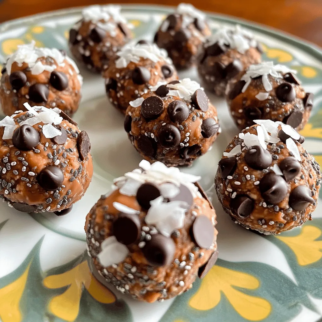 - 1 cup rolled oats - 1/2 cup creamy peanut butter - 1/3 cup honey or maple syrup - 1/4 cup dark chocolate chips or cacao nibs - 2 tablespoons chia seeds - 1 teaspoon vanilla extract - Pinch of salt - 1/4 cup shredded coconut - Chopped nuts (e.g., almonds or walnuts) Each bite has about 100 calories. The macronutrient breakdown is roughly: - Carbs: 12g - Fats: 5g - Protein: 3g The ingredients are simple and easy to find. Rolled oats give a good base. Peanut butter adds creaminess and flavor. Honey or maple syrup sweetens the bites nicely. Dark chocolate chips bring a sweet touch. Chia seeds add fiber and a little crunch. A pinch of salt enhances all the flavors. You can add shredded coconut for a tropical twist. Chopped nuts give a nice crunch too. These optional items make the bites even more fun. The nutritional info shows that these bites are a great snack. They are packed with energy and good for you. Eating a few can help you stay full and focused. For the full recipe, check the section on preparation steps. 1. In a large mixing bowl, add 1 cup of rolled oats, 2 tablespoons of chia seeds, and a pinch of salt. Mix them well. 2. In a separate bowl, combine 1/2 cup of creamy peanut butter, 1/3 cup of honey (or maple syrup), and 1 teaspoon of vanilla extract. Stir until smooth. 3. Pour the peanut butter mixture into the oat mixture. Stir until everything is well combined. 4. Next, fold in 1/4 cup of dark chocolate chips (or cacao nibs). If you want extra texture, add 1/4 cup of shredded coconut or chopped nuts now. 5. Refrigerate the mixture for about 30 minutes. This makes it easier to handle. 6. After chilling, take a small amount and roll it into bite-sized balls, about 1 inch in diameter. Place them on a parchment-lined baking sheet. You can find the full recipe [here](#). Enjoy your energy bites! To make uniform balls, wet your hands with water. This helps the mix not stick to your fingers. Roll the mixture gently in the palms of your hands. You want each ball to be about one inch. If you want sweeter bites, add more honey or maple syrup. Just taste as you go. You can boost flavor by adding spices. A sprinkle of cinnamon works great. You might also try a dash of nutmeg or a hint of sea salt. If you want more protein, consider adding protein powder or nuts. Chopped almonds or walnuts can add crunch and flavor. For serving, arrange the energy bites on a nice plate. Sprinkle extra chia seeds on top for flair. If you want to gift them, use cupcake liners. You can also place them in a jar and tie it with a ribbon. This makes a lovely gift for friends or family. For the full recipe, check out the detailed instructions above. {{image_2}} You can switch up the flavor by using different nut butters. Almond butter works great if you want a nutty twist. It adds a subtle sweetness and creaminess. When it comes to chocolate, you have options too. Milk chocolate gives a sweeter bite, while dark chocolate offers a rich, bold flavor. You can even mix them for a unique taste! If you want to keep your energy bites vegan, you can swap honey for maple syrup. Maple syrup gives a nice sweetness without any animal products. For those who need gluten-free options, be sure to use certified gluten-free oats. This way, everyone can enjoy these tasty bites without worry. To make your energy bites even better, consider adding superfoods. Flaxseeds and hemp seeds boost nutrients and add a nice crunch. You can also mix in dried fruits like raisins or cranberries for extra flavor. These additions make your bites delicious and packed with goodness. For the full recipe, check out the [Full Recipe]. Store your chocolate peanut butter energy bites in an airtight container. This keeps them fresh. They last about one week in the fridge. If you want them to stay tasty, do not leave them out. To freeze these bites, place them in a single layer on a baking sheet. Freeze them for about an hour. Once they are firm, move them to a freezer-safe bag. This way, they can keep for up to three months. When you want to eat them, take out the number you need. Let them thaw in the fridge overnight for the best texture. If you like your energy bites warm, you can reheat them. Place a few bites on a plate. Heat them in the microwave for 10-15 seconds. Check to see if they are warm enough. Don't overheat them, or they might lose their nice texture. Enjoy them fresh and tasty! To make these energy bites vegan, replace honey with maple syrup. Maple syrup is a great plant-based sweetener. You can also use agave nectar if you prefer. Both options work well and keep the bites tasty. Yes! To make energy bars, spread the mixture in a lined baking dish. Press it down evenly. Chill for about 30 minutes to set. Then, cut into bars of your desired size. This way, you have a quick snack option ready to go. For serving, I recommend two bites per person. You can pair them with milk or a smoothie for a nice treat. Arrange them on a colorful plate to make them pop. They look great and taste even better! You can find the full recipe in the earlier sections. These Chocolate Peanut Butter Energy Bites are simple and tasty. We looked at key ingredients, step-by-step instructions, and tips for success. You can also explore fun variations and storage methods. Making these bites is easy and rewarding. Enjoy them as snacks or share with friends. With the right mix and a bit of creativity, you’ll have delicious, healthy energy bites ready to fuel your day.