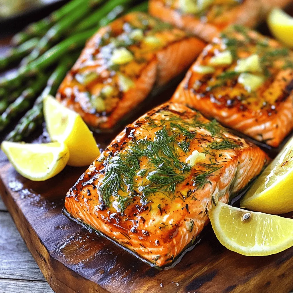 - 4 salmon fillets (6 oz each) - 2 tablespoons olive oil - 3 tablespoons fresh lemon juice - Zest of 1 lemon - 2 cloves garlic, minced - 1 tablespoon fresh dill, chopped - 1 tablespoon fresh parsley, chopped - 1 teaspoon dried oregano - Salt and pepper to taste - Lemon wedges, for serving These ingredients create a bright and zesty flavor in your dish. Salmon is packed with healthy fats and protein. It cooks fast and is full of flavor. The olive oil adds richness. Fresh lemon juice and zest bring a tangy kick that wakes up the fish. Garlic adds depth, while dill and parsley give a fresh taste. Dried oregano adds a warm note that rounds out the flavors. Remember to use high-quality, fresh ingredients. They make a big difference in your dish. You can find fresh salmon at your local market. Choose fillets that are pink and moist. Look for vibrant herbs and ripe lemons too. Using these ingredients will help you make a meal that is not only tasty but also good for you. For the full recipe, check the section above. To make the marinade, start with a small bowl. Add 2 tablespoons of olive oil. Next, pour in 3 tablespoons of fresh lemon juice. Grate the zest of one lemon and add it to the bowl. Mince 2 cloves of garlic and mix them in. Then, toss in 1 tablespoon each of fresh dill and parsley. Add 1 teaspoon of dried oregano, along with salt and pepper to taste. Whisk everything together until it blends well. This mix will brighten up the salmon and infuse great flavor. When marinating, use a shallow dish for best results. Place the salmon fillets in this dish. Pour the marinade over the salmon, ensuring all sides are coated. Cover the dish and place it in the fridge. It's best to marinate for at least 30 minutes. This allows the flavors to seep into the fish, making it more tasty. Preheat your grill to medium-high heat. If you use a grill pan, warm it over medium heat on the stove. After marinating, take the salmon out and let excess marinade drip off. Keep the leftover marinade for basting. Place the salmon fillets skin-side down on the grill. Grill for about 5 to 6 minutes. Then, flip the fillets carefully and grill for another 4 to 5 minutes. Baste with the reserved marinade while grilling. The salmon is ready when it flakes easily with a fork. For the full recipe, you can refer to the complete guide above. To grill salmon perfectly, focus on cooking times. Grill the salmon for about 5-6 minutes on the first side. After flipping, grill for another 4-5 minutes. This timing gives you a juicy, tender fish. Using a meat thermometer is key. Insert it into the thickest part of the salmon. It should read 145°F for doneness. This helps you avoid any guesswork. You can add more herbs and spices to boost flavor. Try fresh basil or tarragon. These herbs work well with lemon and salmon. They add a fresh taste that brightens the dish. For sides, consider grilled asparagus or a mixed green salad. These dishes balance the rich flavor of salmon. They also add color to your plate, making it look more appealing. One big mistake is overcooking the salmon. It can turn dry and tough. Keep a close eye on the grill and check for doneness early. Another common mistake is not marinating properly. Make sure you coat the salmon well. Let it sit in the marinade for at least 30 minutes. This helps the flavors soak in, making each bite delicious. For more details on the recipe, check the Full Recipe. {{image_2}} You can switch things up by using different citrus fruits in the marinade. Try lime or orange juice for a fresh twist. Grapefruit juice adds a unique tang, too. Each fruit brings its own flavor, so feel free to experiment. For a balanced taste, combine lemon and lime. This mix brightens the dish and keeps it exciting. While dill and parsley shine in this dish, other herbs also work well. Basil and cilantro add a fresh, herby punch. You can use thyme or rosemary for a more earthy taste. For a spicy kick, try adding fresh cilantro or tarragon. Mixing and matching herbs lets you create your own signature flavor. Grilling is fantastic, but you can also bake or broil the salmon. Baking keeps the fish moist and tender. Set your oven to 375°F and bake for 15-20 minutes. Broiling gives a nice crisp on top while keeping the inside juicy. Place the salmon on a baking sheet and broil for about 6-8 minutes. Each method offers a different texture and flavor, so choose your favorite. For the full recipe, check out the Lemon Herb Grilled Salmon. To keep your grilled salmon fresh, place it in an airtight container. Make sure to store it in the fridge. It will last for up to three days. If you notice any strong smells, it’s best to discard it. Always label your container with the date. This way, you’ll know when to eat it. If you want to freeze salmon, wrap it tightly in plastic wrap or foil. Then, place it in a freezer-safe bag. Remove as much air as you can. This helps prevent freezer burn. Frozen salmon can stay good for up to three months. For best taste, thaw it in the fridge overnight before cooking. To reheat your salmon, use the oven or stovetop. Preheat your oven to 275°F. Place the salmon on a baking sheet and cover it with foil. Heat for 15-20 minutes. This keeps it moist. If you use the stovetop, heat in a pan over low heat. This method also helps avoid drying out the fish. You can add a splash of water or broth to keep it juicy. I recommend marinating the salmon for at least 30 minutes. This time allows the flavors to soak in well. If you have more time, marinating for up to 2 hours can enhance the taste even more. Just remember, don’t go overboard. Too long can make the fish mushy. Yes, you can use frozen salmon. Just make sure to thaw it first. You can do this by placing it in the fridge overnight. If you are short on time, place it in a sealed bag and submerge it in cold water for about an hour. Once thawed, pat it dry before marinating. This helps the marinade stick better. This salmon pairs well with many sides. Here are some tasty options: - Grilled asparagus - Roasted vegetables - Mixed green salad - Quinoa or rice - Garlic bread These sides brighten up the meal and balance the flavors of the salmon. For the full recipe, check the details mentioned above. This blog post shared a simple way to make lemon herb grilled salmon. We discussed essential ingredients and how to prepare the marinade. I walked you through marinating and grilling techniques for tasty results. We explored tips for perfect grilling, flavor enhancements, and common mistakes to avoid. Additionally, I suggested variations and storage tips for leftovers. In closing, this recipe makes a delightful meal. You can impress friends and family without much fuss. Enjoy your cooking journey!