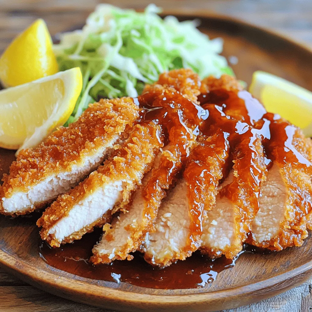 To make your chicken katsu, gather these key items: - 2 boneless chicken breasts, pounded to an even thickness - 1 cup all-purpose flour - 2 large eggs, beaten - 1 cup panko breadcrumbs - 1 teaspoon garlic powder - 1 teaspoon onion powder - 1 teaspoon salt - ½ teaspoon black pepper - Vegetable oil (for frying) - Tonkatsu sauce (for serving) Each ingredient brings a unique flavor and texture to your dish. The panko breadcrumbs are crucial for that perfect crunch. To elevate your dish, consider these extras: - Shredded cabbage (for garnish) - Lemon wedges (for garnish) Shredded cabbage adds a nice crunch. Lemon wedges give a fresh twist when squeezed over the chicken. For a smooth cooking experience, you will need: - Meat mallet or rolling pin (for pounding chicken) - Three shallow dishes (for breading station) - Large skillet (for frying) - Paper towels (for draining oil) - Meat thermometer (for checking doneness) These tools help you achieve great results. A meat thermometer ensures your chicken is safe to eat. For the full recipe, check out the Ultimate Crispy Chicken Katsu. To start, you need to prepare the chicken. Take your boneless chicken breasts and place them between two sheets of plastic wrap. Use a meat mallet to pound the chicken. Aim for an even thickness of about half an inch. This makes sure the chicken cooks evenly. It also helps keep it juicy. After pounding, set the chicken aside and let it rest. Now, let’s set up the breading station. You will need three shallow dishes. In the first dish, mix one cup of all-purpose flour with one teaspoon of garlic powder, one teaspoon of onion powder, one teaspoon of salt, and half a teaspoon of black pepper. Stir well to combine. In the second dish, pour in two beaten eggs. Finally, fill the third dish with one cup of panko breadcrumbs. This will give the chicken its crispy texture. Next, it’s time to fry the chicken katsu. Heat about half an inch of vegetable oil in a large skillet over medium-high heat. You want it hot but not smoking. While the oil warms, take each chicken breast. First, dredge it in the flour mixture. Make sure to coat it well and shake off any extra flour. Next, dip it into the beaten eggs, allowing the excess to drip off. Finally, press the chicken into the panko breadcrumbs for a thick coat. When the oil is ready, carefully place the breaded chicken breasts in the skillet. Fry them for about four to five minutes on each side. Look for a golden brown color. Use a meat thermometer to check the internal temperature. It should reach 165°F (75°C). Depending on your skillet size, you may need to fry in batches. Once done, remove the chicken and place it on a paper towel-lined plate. This will help drain excess oil. Let it rest for a few minutes before slicing. Serve the chicken katsu with tonkatsu sauce, shredded cabbage, and lemon wedges for a nice finish. For the full recipe, check out the earlier sections. To get that amazing crunch, use panko breadcrumbs. They are light and airy. Coat the chicken well with flour first; this helps the egg stick better. Then, dip it in the egg and press into the panko. Make sure every part is covered. Fry in hot oil, between 350°F and 375°F. This temperature keeps the coating crispy while cooking the chicken inside. If the oil is too cool, the chicken may turn soggy. Start with chicken breasts that are even in thickness. Pounding them helps with even cooking. Do not overcook the chicken. Use a meat thermometer to check for doneness. It should reach 165°F (75°C). After frying, let the chicken rest on a paper towel. This lets excess oil drain and keeps it juicy. Cutting the chicken too soon can cause the juices to run out, making it dry. The size of your skillet affects cooking time. In a small skillet, you can only fry one or two pieces at a time. This means you may need to cook them longer. In a larger skillet, you can fry more pieces at once, which will cook faster. Always keep an eye on the color. You want it golden brown. If you crowd the pan, the chicken will steam instead of fry. Always work in batches if needed. {{image_2}} You can change the coat on your chicken katsu for fun. Instead of panko, try crushed cornflakes or even potato chips. They add a great crunch and a unique flavor. You can also use seasoned breadcrumbs for more taste. If you like spice, add cayenne pepper to your flour mix. This gives a nice kick to your chicken. Tonkatsu sauce is classic, but there are many other options. Try a sweet chili sauce for a fruity touch. You can also mix soy sauce with honey for a simple dip. Want something creamy? A garlic mayo pairs well with the crispy chicken. Don't forget to serve with lemon wedges for a fresh burst of flavor. You can make a tasty katsu without chicken. Use eggplant, tofu, or even mushrooms instead. Slice your veggie of choice, coat it just like chicken, and fry it. For a vegan option, skip the egg and use a plant-based milk for dipping. This way, everyone can enjoy katsu! For the full recipe, check out the Ultimate Crispy Chicken Katsu. To keep leftover chicken katsu fresh, place it in an airtight container. Make sure the chicken is cool before you seal it. If you store it this way, it can last in the fridge for 3-4 days. You can also wrap it tightly in plastic wrap for extra protection. Reheating chicken katsu can be tricky. You want to keep it crispy. The best way is to use an oven. Preheat the oven to 375°F (190°C). Place the chicken katsu on a baking sheet. Heat it for about 10-15 minutes. Check that it’s hot all the way through. You can also use an air fryer. Set it to 350°F (175°C) and heat for about 5-7 minutes. Freezing chicken katsu is a great option for meal prep. Allow the chicken to cool completely. Wrap each piece in plastic wrap. Then, put them in a freezer-safe bag or container. Label the container with the date. Chicken katsu can be frozen for up to 3 months. When ready to eat, thaw it overnight in the fridge before reheating. This method helps keep it crispy and tasty. For the full recipe, check the earlier section. Chicken katsu is a Japanese dish. It features breaded and fried chicken. The chicken is usually boneless and pounded to an even thickness. This helps it cook well and stay juicy. The chicken is coated in flour, egg, and panko breadcrumbs. Panko gives it that nice, crispy texture. You can serve chicken katsu with tonkatsu sauce, which adds a sweet and savory flavor. It’s simple yet so tasty, perfect for any meal. Yes, you can make chicken katsu in an air fryer. This method cuts down on oil while still giving you a crispy finish. To do this, follow the same steps for breading the chicken. Then, preheat your air fryer to 375°F (190°C). Spray the basket with oil, then place the breaded chicken in a single layer. Cook for about 10-12 minutes, flipping halfway through. Check the chicken's internal temperature to ensure it reaches 165°F (75°C). The result will be lighter but still delicious. Chicken katsu pairs well with many sides. Here are some popular options: - Steamed rice - Miso soup - Pickled vegetables - Shredded cabbage - A fresh salad with sesame dressing These sides enhance the meal and add different textures. You can also serve it with lemon wedges for a bright touch. To make chicken katsu gluten-free, swap out the regular flour and panko. Use gluten-free flour and gluten-free panko instead. Ensure that the brands you choose are certified gluten-free. Follow the same cooking steps as the regular recipe. You’ll still get that crispy and delicious chicken without the gluten. Enjoy this tasty treat without worry! You now have all the tools to make great chicken katsu. We discussed key ingredients, tools, and step-by-step instructions. You learned tips for crispy texture and juicy chicken. We even explored variations and storage tips. Try these ideas to make your meals fun and tasty. Enjoy cooking and sharing your tasty chicken katsu with others!