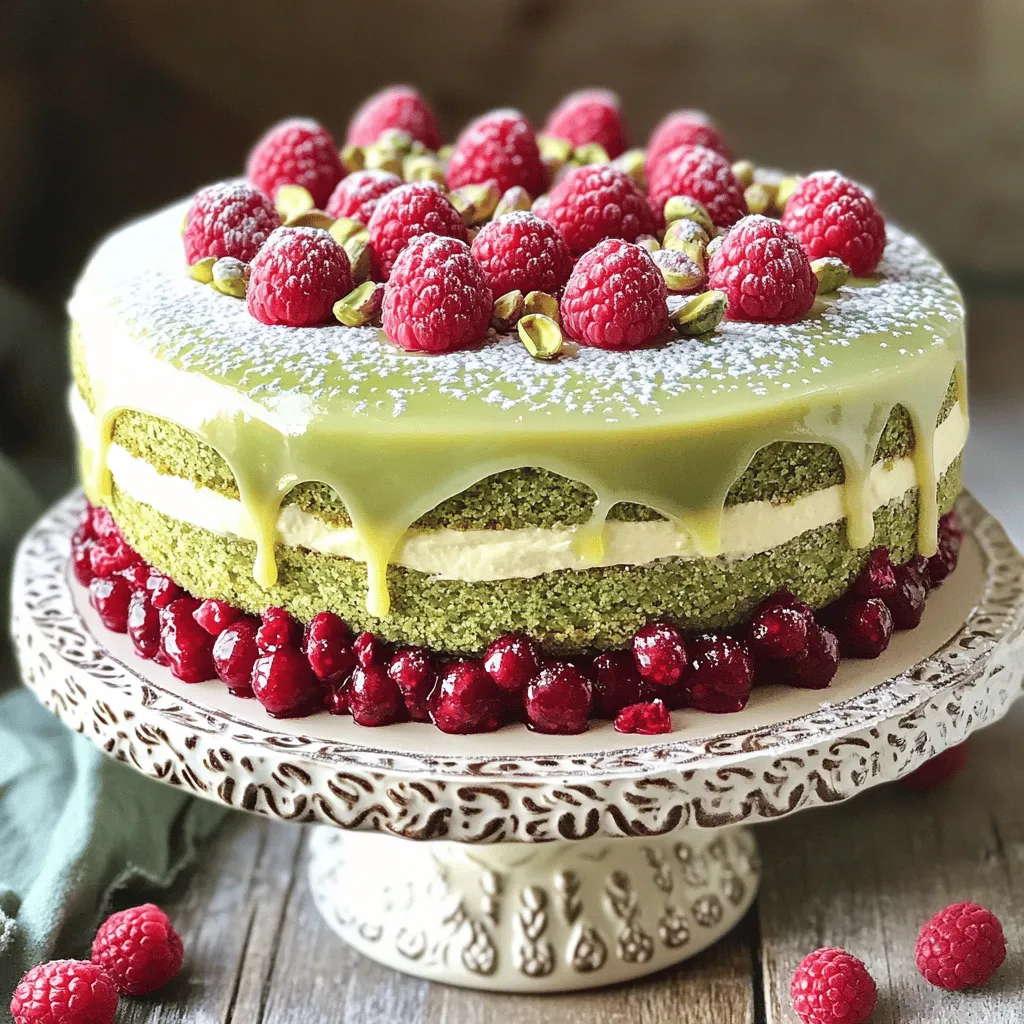 To make the pistachio raspberry cake, gather these ingredients: - 1 cup unsalted pistachios, shelled - 1 cup all-purpose flour - 1 teaspoon baking powder - ½ teaspoon baking soda - ¼ teaspoon salt - ½ cup unsalted butter, softened - 1 cup granulated sugar - 2 large eggs - 1 teaspoon vanilla extract - ½ cup buttermilk - 1 cup fresh raspberries (plus extra for garnish) - ½ cup powdered sugar (for frosting) - 1 tablespoon lemon juice - 1 tablespoon milk (for frosting) Each ingredient plays a key role in the cake's flavor and texture. - Use 1 cup of shelled pistachios for a nutty base. - 1 cup of flour gives structure to your cake. - The 1 teaspoon of baking powder helps the cake rise perfectly. - The ½ teaspoon of baking soda balances the acidity from raspberries. - Adding ¼ teaspoon of salt enhances the overall flavor. - ½ cup of softened butter adds richness. - 1 cup of sugar sweetens the cake. - Two large eggs provide moisture and bind the ingredients. - 1 teaspoon of vanilla extract adds depth to the flavor. - ½ cup of buttermilk keeps the cake moist. - 1 cup of fresh raspberries gives a burst of tartness. - Use ½ cup of powdered sugar for frosting sweetness. - 1 tablespoon of lemon juice brightens the frosting. - 1 tablespoon of milk thins the frosting to a spreadable consistency. You can swap some ingredients for different flavors or dietary needs: - Replace unsalted butter with coconut oil for a dairy-free option. - Use almond flour instead of all-purpose flour for a gluten-free version. - If you don’t have buttermilk, mix ½ cup of milk with 1 teaspoon of vinegar. - For a nut-free cake, omit pistachios and add more flour instead. - Swap fresh raspberries with blueberries or strawberries for variety. - Use agave syrup or honey in place of granulated sugar for a natural sweetener. These substitutions allow you to customize the cake to your taste or dietary needs. For the full recipe, check the recipe section. First, you need to preheat your oven to 350°F (175°C). This helps the cake bake evenly. Next, take an 8-inch round cake pan. Grease the pan with butter or oil. Then, dust it with flour. This step prevents the cake from sticking. Set the pan aside while you make the batter. Start by using a food processor to grind the pistachios. Pulse them until they are finely ground. Be careful not to blend too much. You want a fine meal, not pistachio butter. In a medium bowl, mix the ground pistachios, all-purpose flour, baking powder, baking soda, and salt. Whisk these dry ingredients well and set them aside. In a large bowl, cream the softened butter and granulated sugar. Mix them together until they are light and fluffy. This should take about 3-4 minutes. Add the eggs, one at a time, mixing well after each. Then, add the vanilla extract and buttermilk. Stir until it is combined. Now, slowly add the dry ingredients to the wet mixture. Mix until just combined. Be careful not to overmix the batter. This keeps your cake light and airy. Finally, gently fold in the fresh raspberries with a spatula. Reserve some for decoration later. Pour the batter into your prepared cake pan. Smooth the top with a spatula. Bake the cake for 25-30 minutes. You will know it’s ready when a toothpick inserted in the center comes out clean. Once baked, let the cake cool in the pan for about 10 minutes. After that, transfer it to a wire rack to cool completely. This step is important. A cooled cake is easier to frost and decorate. Once the cake is cool, you can move on to the fun part: frosting and decorating! For the frosting, whisk together the powdered sugar, lemon juice, and milk until smooth. Spread this glaze on top of the cake. Add the reserved raspberries and crushed pistachios for a lovely finish. Enjoy your creation! For the complete method, check out the Full Recipe. Baking can be tricky. Here are some mistakes to watch out for: - Not measuring ingredients: Always use precise measurements. - Overmixing the batter: This can make the cake tough. Mix just until combined. - Skipping the oven preheat: Always preheat your oven. A cold oven can ruin your cake. - Not testing for doneness: Use a toothpick to check. If it comes out clean, it's done. A moist cake is key for taste. Here are some tips to keep it moist: - Use buttermilk: It adds moisture and richness. - Do not overbake: Follow the baking time closely. - Add fruits: Raspberries not only add flavor but also moisture. - Cover the cake: After cooling, wrap it in plastic wrap. This keeps it fresh. Decorating can be fun and easy. Try these tips for a beautiful cake: - Use a cake stand: It elevates the look of your cake. - Spread frosting evenly: Use a spatula for smooth edges. - Garnish with fresh raspberries: They add color and flavor. - Sprinkle crushed pistachios: This adds texture and looks great. These tips will help you make a stunning pistachio raspberry cake. For the complete recipe, see the [Full Recipe]. {{image_2}} If you want to make a gluten-free pistachio raspberry cake, you can use almond flour instead of all-purpose flour. Almond flour gives a nice texture and a rich flavor. You can also try a gluten-free flour blend. Just make sure it contains xanthan gum, as this helps with binding. Replace the flour in the recipe with the same amount of gluten-free flour. You can switch the raspberries for other fruit if you like. Blueberries work great in this cake. They add a nice pop of color and flavor. Cherries are another tasty option. Just chop them up and fold them into the batter. You can also use diced strawberries for a sweeter twist. Feel free to mix fruits for a fun flavor combo. Want to make your cake more unique? Try adding different flavors! A teaspoon of almond extract gives a nice nutty taste. You can also add a splash of orange juice or zest for a bright flavor. If you love chocolate, fold in some mini chocolate chips with the raspberries. This will add richness to your cake. Explore these options to make your cake truly yours. For the full recipe, check out the complete guide. To keep your pistachio raspberry cake fresh, store it in an airtight container. Wrap it in plastic wrap if you don’t have one. This helps keep the moisture in and prevents it from drying out. If you have leftover frosting, store it separately in the fridge. You can freeze your cake for longer storage. First, let it cool completely. Then, slice the cake if you like. Wrap each slice in plastic wrap and place them in a freezer bag. This way, you can enjoy a piece whenever you want. The cake can freeze well for up to three months. When stored properly, the cake lasts about four to five days at room temperature. If you keep it in the fridge, it stays fresh for up to a week. For the best taste, eat it sooner rather than later. Always check for any signs of spoilage, such as mold or an off smell. If you're unsure, it's best to toss it away. Enjoy this delightful cake with perfect freshness! For the full recipe, refer back to the complete instructions above. Yes, you can use frozen raspberries. They work well in this cake. Just remember to thaw and drain them first. This step helps keep your cake from getting too wet. Frozen berries might break apart more than fresh ones, so be gentle when folding them in. Check the cake by inserting a toothpick into the center. If it comes out clean or with a few crumbs, the cake is done. You can also look for a golden color on the top. The edges should slightly pull away from the pan. If it jiggles in the middle, it needs more time. Serve the cake warm or at room temperature. I like to add a drizzle of lemon glaze on top. Garnish with fresh raspberries and crushed pistachios for a nice look. For a sweeter touch, serve each slice with whipped cream or vanilla ice cream. You can find the full recipe to help you create this treat! This post covered the key elements of baking a delicious pistachio raspberry cake. You learned about the important ingredients and their precise measurements. The step-by-step instructions guide you from prep to bake, ensuring success. We also shared tips to avoid baking mistakes and keep your cake moist. Don't forget the exciting variations and how to store your cake for freshness. Enjoy your baking journey and celebrate your sweet creations with family and friends. Happy baking!