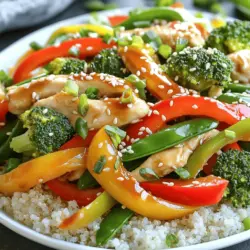 - 1 lb boneless, skinless chicken breasts, thinly sliced - 2 tablespoons soy sauce - 1 tablespoon oyster sauce - 1 teaspoon sesame oil - 1 red bell pepper, sliced - 1 green bell pepper, sliced - 1 cup broccoli florets - 1 cup snap peas - 3 cloves garlic, minced - 1 tablespoon ginger, grated - 2 tablespoons vegetable oil - Salt and pepper to taste - 2 green onions, chopped (for garnish) - Cooked rice or quinoa (for serving) I love using fresh and colorful ingredients for this dish. The chicken gives a nice base. The soy sauce and oyster sauce add a rich taste. Sesame oil gives it a nutty flavor. The vegetables are just as important. Red and green bell peppers add crunch and color. Broccoli florets provide a pop of green. Snap peas add sweetness and a nice bite. Seasoning is key. Minced garlic and grated ginger bring a warm aroma. Vegetable oil helps everything cook well. Don’t forget salt and pepper to taste. For serving, I like to use cooked rice or quinoa. They soak up the sauce and make the meal filling. You can find the full recipe for this simple chicken stir-fry above. To start, combine your chicken with soy sauce, oyster sauce, sesame oil, salt, and pepper. This mix adds great flavor. Let the chicken marinate for at least 15 minutes. This step is key, as it allows the chicken to soak up all the tasty juices. Next, heat vegetable oil in a skillet or wok over medium-high heat. Once hot, add the marinated chicken. Stir-fry it until golden brown. This should take about 5 to 7 minutes. Make sure to stir often to cook evenly. After it's golden, remove the chicken from the pan and set it aside. In the same skillet, add minced garlic and grated ginger. Stir-fry these for about 30 seconds until fragrant. Then, toss in the sliced bell peppers, broccoli, and snap peas. Cook these veggies until they are tender-crisp, which should take about 3 to 4 minutes. This keeps them fresh and bright. Now it's time to bring everything together. Return the cooked chicken to the skillet and mix well. Heat everything through for another 1 to 2 minutes. Taste and adjust seasoning with salt and pepper if needed. Your simple chicken stir-fry is ready to serve over rice or quinoa. Enjoy your meal! For the full recipe, check the section above. To make a great stir-fry, start with marinating the chicken. Use soy sauce, oyster sauce, and sesame oil. Mix these with salt and pepper, then let the chicken soak for at least 15 minutes. This will give the chicken rich flavor. For cooking, heat your skillet or wok over medium-high heat. Stir-fry the marinated chicken for about 5-7 minutes. Look for a golden-brown color. Once cooked, set it aside. Next, add your vegetables. Cook them for 3-4 minutes until they are tender-crisp. This keeps them colorful and crunchy. Serving is key to a tasty meal. Plate the stir-fry in a large bowl. Sprinkle sesame seeds on top for a nice touch. You can also add slices of fresh chili for color and heat. This makes your dish pop and look inviting. Your choice of tools matters. A non-stick skillet or a wok works best for stir-frying. They help prevent sticking and allow even cooking. For chopping, use a sharp knife and a sturdy cutting board. This will make slicing veggies and chicken easy and safe. For more ideas, check out the Full Recipe for simple steps to enjoy this dish. {{image_2}} You can make your chicken stir-fry even better by adding more veggies. Some great choices are: - Carrots, sliced thin - Snow peas, for a sweet crunch - Bell peppers, in different colors for fun - Zucchini, cut into half-moons When adding new veggies, adjust cooking times. Thicker vegetables, like carrots, take longer to cook. Start them first and add softer ones later. This way, all veggies stay crisp and bright. You don’t have to stick with chicken. Beef, shrimp, or tofu can work well too. For beef, use thin slices of flank steak. For shrimp, peel and devein them before cooking. Tofu should be firm and cut into cubes. When changing proteins, adjust the marinade. Shrimp and tofu soak up flavors fast. You might need less marinating time. Beef can take longer to get tender, so marinate it for at least 30 minutes. The sauce can change the whole dish! Try teriyaki for a sweet twist. Sweet chili sauce adds a bit of heat. You can also use peanut sauce for a nutty flavor. Homemade sauces are fun to make. They let you control the flavors. Store-bought sauces are quick and easy. Just check the labels for added sugars and preservatives. Each option has its perks, so choose what fits your time and taste. For the full recipe, check out the complete guide! To keep your chicken stir-fry fresh, store it in airtight containers. This helps prevent moisture loss and keeps the flavors intact. Let it cool to room temperature before sealing. Refrigerate leftovers within two hours of cooking. They will stay good for up to three days. When reheating, the microwave is quick and easy. Use a microwave-safe dish and cover it to keep moisture in. Heat in short bursts of one minute, stirring in between. For a stovetop method, add a splash of water to a pan. Heat on medium until warmed through. This helps maintain the stir-fry's texture. If you want crispy edges, use a skillet without water. You can freeze chicken stir-fry for later use. Allow it to cool completely before transferring to freezer-safe bags. Press out as much air as possible to avoid freezer burn. It can last up to three months in the freezer. When you're ready to eat, thaw it overnight in the fridge. Then heat it in a pan or microwave until hot. This method keeps the flavors and texture nice. To boost flavor, use fresh herbs and spices. Add garlic and ginger for a nice kick. Soy sauce adds saltiness, while oyster sauce gives a rich taste. You can also try chili flakes for heat. A splash of vinegar or lime juice can brighten the dish. Experiment and find what you love! Yes, you can use frozen vegetables! They are quick and convenient. They often come pre-cut and ready to cook. However, they may have a softer texture after cooking. Fresh veggies add crunch and flavor, but frozen ones are still tasty. Just be sure to thaw them before cooking. You can serve your chicken stir-fry with various sides. Here are some great options: - Cooked rice - Quinoa - Noodles - Steamed vegetables - A light salad These sides will complement your meal well and add extra nutrients. Chicken stir-fry can last in the fridge for about three to four days. Store it in an airtight container. Make sure it cools to room temperature before sealing. Always check for any off smells or changes in texture before eating. Safety first! You have the tools to make a great chicken stir-fry at home. We covered key ingredients, cooking steps, tips, and variations. Each part adds flavor and keeps the meal fresh. Remember to marinate your chicken for the best taste. Don’t hesitate to try new veggies or proteins. This dish is versatile, so use what you love. Enjoy your cooking, and share with friends. Your stir-fry will be a hit!