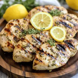 To make this tasty dish, gather these ingredients: - 4 boneless, skinless chicken breasts - 1/4 cup olive oil - Juice of 2 lemons - Zest of 1 lemon - 3 cloves garlic, minced - 2 teaspoons fresh oregano, chopped - 2 teaspoons fresh thyme, chopped - 1 teaspoon fresh rosemary, chopped - Salt and black pepper to taste - Lemon slices for garnish You can add extra flavors if you like. Here are some options: - 1 teaspoon honey for sweetness - 1 tablespoon Dijon mustard for tang - Red pepper flakes for heat - Fresh parsley for a fresh touch If you lack any ingredients, don't worry! Here are some swaps you can use: - Chicken thighs instead of breasts for more flavor - Any oil like avocado oil can be used - Lime juice can replace lemon juice - Dried herbs can replace fresh herbs; just use less, about 1/3 of the amount This recipe is all about bright flavors. Feel free to mix and match to find what you love! You can check the Full Recipe for more details. To make herbed lemon grilled chicken, start by mixing the marinade. In a large bowl, whisk together these ingredients: - 1/4 cup olive oil - Juice of 2 lemons - Zest of 1 lemon - 3 cloves garlic, minced - 2 teaspoons fresh oregano, chopped - 2 teaspoons fresh thyme, chopped - 1 teaspoon fresh rosemary, chopped - Salt and black pepper to taste Make sure everything blends well. Then, add the chicken breasts and coat them fully in the marinade. Cover the bowl and refrigerate for at least 30 minutes. For the best flavor, let it marinate for up to 4 hours. Next, preheat your grill to a medium-high heat. Take the chicken out of the marinade and let the extra drip off. This keeps it from being too soggy on the grill. Grill the chicken for about 6-7 minutes on each side. Use a meat thermometer to check if it reaches 165°F (75°C). Once the chicken is cooked, remove it from the grill and let it rest for 5 minutes. This helps keep it juicy. Finally, slice the chicken and serve it warm. Garnish with lemon slices and some fresh herbs for a pop of color and flavor. Marinating is key to flavor. Here are some tips for the best results: - Use fresh herbs for stronger tastes. - Do not skip the lemon juice; it adds brightness. - Marinate for at least 30 minutes, but longer is better. - If you can, marinate overnight in the fridge for full flavor. - Always cover the bowl to prevent contamination. Cooking time matters for juicy chicken. Here are some guidelines: - Preheat the grill to medium-high heat (about 375°F to 450°F). - Cook each side for 6-7 minutes. - Use a meat thermometer to check for doneness—165°F (75°C) is safe. - Let the chicken rest for 5 minutes after grilling. This helps keep the juices in. By following these steps, you’ll have a flavorful and fresh meal. Check the full recipe for more details. To get the best grilled chicken, follow some simple steps. First, always preheat your grill. This helps cook the chicken evenly. Aim for medium-high heat. Next, use a good marinade, like the one in the Full Recipe. It adds flavor and keeps your chicken juicy. Make sure to let the excess marinade drip off before grilling. This prevents flare-ups and keeps your chicken from burning. Tender chicken is easy to achieve. You can use a meat mallet to gently pound the chicken breasts. This breaks down the fibers and makes them softer. Another great trick is to marinate the chicken longer. The acid from the lemon juice helps tenderize the meat. A minimum of 30 minutes works, but up to 4 hours gives the best results. Herbed lemon grilled chicken pairs well with many sides. Try serving it with fresh salads or grilled vegetables. A light quinoa salad or roasted asparagus also works great. For a fun twist, add some tzatziki sauce on the side. You can also serve it with warm pita bread for a Mediterranean feel. This meal is fresh and full of bright flavors, perfect for any gathering. {{image_2}} You can switch up the flavor of your herbed lemon grilled chicken. Try using other herbs like basil or cilantro. Add honey for a touch of sweetness. A splash of soy sauce can give it an Asian twist. Don’t hesitate to mix in some spices, like paprika or cumin, to heat things up. Each change will create a new taste experience. Grilled vegetables make a great side for herbed lemon grilled chicken. Bell peppers, zucchini, and asparagus are easy choices. You can brush them with olive oil and season with salt and pepper. Grill them alongside your chicken for a fresh, colorful plate. The smoky flavor of the vegetables pairs well with the bright chicken. Serving the chicken on a salad adds a fresh touch. Slice the grilled chicken and place it on a bed of greens. Add cherry tomatoes, cucumbers, and avocado for extra flavor. Drizzle some balsamic vinaigrette or lemon juice on top. This makes a healthy and tasty meal that is perfect for any day. Enjoy this meal with your family or friends. You can find the full recipe for herbed lemon grilled chicken in our detailed guide. To keep your herbed lemon grilled chicken fresh, let it cool first. Wrap it tightly in plastic wrap or foil. You can also place it in an airtight container. Store it in the fridge for up to three days. This will help keep the flavors intact. When you want to reheat the chicken, use your oven for the best taste. Preheat the oven to 350°F (175°C). Place the chicken on a baking sheet. Cover it loosely with foil. Heat for about 10-15 minutes or until warmed through. You can also use a microwave. Just heat it in short bursts and check often. This will help keep it juicy. If you need to store it for longer, freezing is a great option. Wrap the chicken in plastic wrap, then in foil. This helps protect it from freezer burn. Label it with the date. You can freeze it for up to three months. To thaw, place it in the fridge overnight before reheating. This ensures safe thawing and keeps the chicken tasty. Enjoy your herbed lemon grilled chicken later with ease! For the full recipe, check out the earlier section. You should marinate the chicken for at least 30 minutes. This helps the flavors soak in. For even better taste, marinate it for up to 4 hours. The longer it sits, the tastier it gets. Just don’t go overboard; too long can make it mushy. Yes, you can cook this recipe in an oven. Preheat your oven to 400°F (200°C). Place the marinated chicken on a baking sheet. Bake for about 20-25 minutes. Check the internal temperature. It should reach 165°F (75°C) to be safe to eat. Herbed lemon grilled chicken goes well with many sides. Here are some great options: - Grilled vegetables - Rice pilaf - Quinoa salad - Garlic mashed potatoes - Fresh green salad These sides add color and flavor to your meal. They also balance the lemony taste of the chicken. For the full recipe, check the section above. Enjoy your cooking! Herbed lemon grilled chicken is simple and tasty. We covered ingredients, cooking steps, and tips. You learned how to prepare flavorful chicken and pair it with sides. Remember to adjust flavors with different marinades or vegetables. Store leftovers properly for future meals. Now, you can enjoy a delicious dish that shines at any meal. Follow these steps for great results every time. Happy grilling!