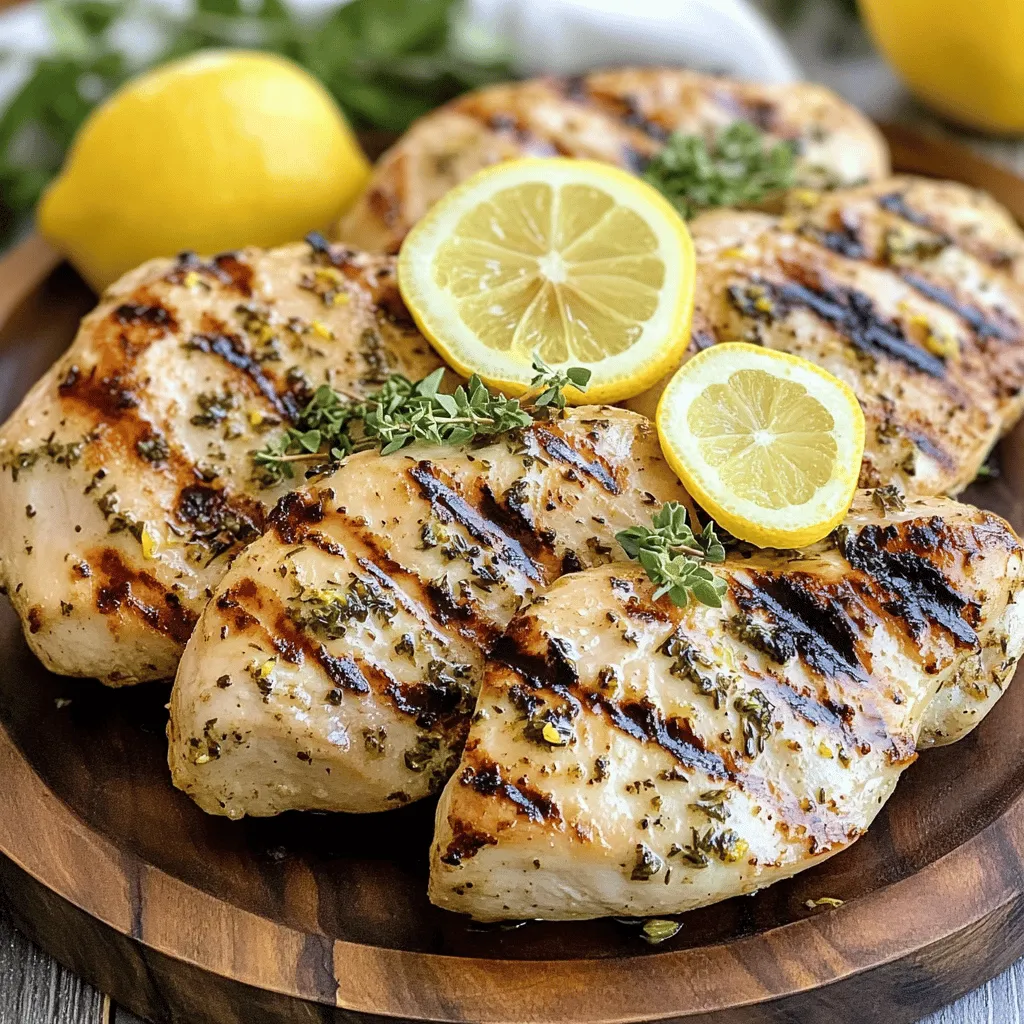 To make this tasty dish, gather these ingredients: - 4 boneless, skinless chicken breasts - 1/4 cup olive oil - Juice of 2 lemons - Zest of 1 lemon - 3 cloves garlic, minced - 2 teaspoons fresh oregano, chopped - 2 teaspoons fresh thyme, chopped - 1 teaspoon fresh rosemary, chopped - Salt and black pepper to taste - Lemon slices for garnish You can add extra flavors if you like. Here are some options: - 1 teaspoon honey for sweetness - 1 tablespoon Dijon mustard for tang - Red pepper flakes for heat - Fresh parsley for a fresh touch If you lack any ingredients, don't worry! Here are some swaps you can use: - Chicken thighs instead of breasts for more flavor - Any oil like avocado oil can be used - Lime juice can replace lemon juice - Dried herbs can replace fresh herbs; just use less, about 1/3 of the amount This recipe is all about bright flavors. Feel free to mix and match to find what you love! You can check the Full Recipe for more details. To make herbed lemon grilled chicken, start by mixing the marinade. In a large bowl, whisk together these ingredients: - 1/4 cup olive oil - Juice of 2 lemons - Zest of 1 lemon - 3 cloves garlic, minced - 2 teaspoons fresh oregano, chopped - 2 teaspoons fresh thyme, chopped - 1 teaspoon fresh rosemary, chopped - Salt and black pepper to taste Make sure everything blends well. Then, add the chicken breasts and coat them fully in the marinade. Cover the bowl and refrigerate for at least 30 minutes. For the best flavor, let it marinate for up to 4 hours. Next, preheat your grill to a medium-high heat. Take the chicken out of the marinade and let the extra drip off. This keeps it from being too soggy on the grill. Grill the chicken for about 6-7 minutes on each side. Use a meat thermometer to check if it reaches 165°F (75°C). Once the chicken is cooked, remove it from the grill and let it rest for 5 minutes. This helps keep it juicy. Finally, slice the chicken and serve it warm. Garnish with lemon slices and some fresh herbs for a pop of color and flavor. Marinating is key to flavor. Here are some tips for the best results: - Use fresh herbs for stronger tastes. - Do not skip the lemon juice; it adds brightness. - Marinate for at least 30 minutes, but longer is better. - If you can, marinate overnight in the fridge for full flavor. - Always cover the bowl to prevent contamination. Cooking time matters for juicy chicken. Here are some guidelines: - Preheat the grill to medium-high heat (about 375°F to 450°F). - Cook each side for 6-7 minutes. - Use a meat thermometer to check for doneness—165°F (75°C) is safe. - Let the chicken rest for 5 minutes after grilling. This helps keep the juices in. By following these steps, you’ll have a flavorful and fresh meal. Check the full recipe for more details. To get the best grilled chicken, follow some simple steps. First, always preheat your grill. This helps cook the chicken evenly. Aim for medium-high heat. Next, use a good marinade, like the one in the Full Recipe. It adds flavor and keeps your chicken juicy. Make sure to let the excess marinade drip off before grilling. This prevents flare-ups and keeps your chicken from burning. Tender chicken is easy to achieve. You can use a meat mallet to gently pound the chicken breasts. This breaks down the fibers and makes them softer. Another great trick is to marinate the chicken longer. The acid from the lemon juice helps tenderize the meat. A minimum of 30 minutes works, but up to 4 hours gives the best results. Herbed lemon grilled chicken pairs well with many sides. Try serving it with fresh salads or grilled vegetables. A light quinoa salad or roasted asparagus also works great. For a fun twist, add some tzatziki sauce on the side. You can also serve it with warm pita bread for a Mediterranean feel. This meal is fresh and full of bright flavors, perfect for any gathering. {{image_2}} You can switch up the flavor of your herbed lemon grilled chicken. Try using other herbs like basil or cilantro. Add honey for a touch of sweetness. A splash of soy sauce can give it an Asian twist. Don’t hesitate to mix in some spices, like paprika or cumin, to heat things up. Each change will create a new taste experience. Grilled vegetables make a great side for herbed lemon grilled chicken. Bell peppers, zucchini, and asparagus are easy choices. You can brush them with olive oil and season with salt and pepper. Grill them alongside your chicken for a fresh, colorful plate. The smoky flavor of the vegetables pairs well with the bright chicken. Serving the chicken on a salad adds a fresh touch. Slice the grilled chicken and place it on a bed of greens. Add cherry tomatoes, cucumbers, and avocado for extra flavor. Drizzle some balsamic vinaigrette or lemon juice on top. This makes a healthy and tasty meal that is perfect for any day. Enjoy this meal with your family or friends. You can find the full recipe for herbed lemon grilled chicken in our detailed guide. To keep your herbed lemon grilled chicken fresh, let it cool first. Wrap it tightly in plastic wrap or foil. You can also place it in an airtight container. Store it in the fridge for up to three days. This will help keep the flavors intact. When you want to reheat the chicken, use your oven for the best taste. Preheat the oven to 350°F (175°C). Place the chicken on a baking sheet. Cover it loosely with foil. Heat for about 10-15 minutes or until warmed through. You can also use a microwave. Just heat it in short bursts and check often. This will help keep it juicy. If you need to store it for longer, freezing is a great option. Wrap the chicken in plastic wrap, then in foil. This helps protect it from freezer burn. Label it with the date. You can freeze it for up to three months. To thaw, place it in the fridge overnight before reheating. This ensures safe thawing and keeps the chicken tasty. Enjoy your herbed lemon grilled chicken later with ease! For the full recipe, check out the earlier section. You should marinate the chicken for at least 30 minutes. This helps the flavors soak in. For even better taste, marinate it for up to 4 hours. The longer it sits, the tastier it gets. Just don’t go overboard; too long can make it mushy. Yes, you can cook this recipe in an oven. Preheat your oven to 400°F (200°C). Place the marinated chicken on a baking sheet. Bake for about 20-25 minutes. Check the internal temperature. It should reach 165°F (75°C) to be safe to eat. Herbed lemon grilled chicken goes well with many sides. Here are some great options: - Grilled vegetables - Rice pilaf - Quinoa salad - Garlic mashed potatoes - Fresh green salad These sides add color and flavor to your meal. They also balance the lemony taste of the chicken. For the full recipe, check the section above. Enjoy your cooking! Herbed lemon grilled chicken is simple and tasty. We covered ingredients, cooking steps, and tips. You learned how to prepare flavorful chicken and pair it with sides. Remember to adjust flavors with different marinades or vegetables. Store leftovers properly for future meals. Now, you can enjoy a delicious dish that shines at any meal. Follow these steps for great results every time. Happy grilling!