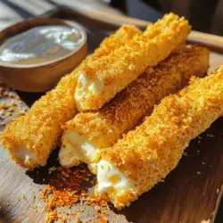 - 12 mozzarella sticks - 1 cup all-purpose flour - 2 large eggs, beaten - 1 cup panko breadcrumbs - 2 teaspoons cayenne pepper - 1 teaspoon paprika - 1 teaspoon garlic powder - 1 teaspoon onion powder - 1 teaspoon salt - ½ teaspoon black pepper - Oil, for frying - Optional: ranch dressing or marinara sauce for dipping When measuring your ingredients, precision matters. Use dry measuring cups for flour and breadcrumbs. For eggs, break them into a bowl and beat until mixed well. This gives a good coating for our sticks. When measuring spices, use measuring spoons for accuracy. Too much cayenne can make them very hot! For the best taste, use fresh mozzarella. Look for logs of mozzarella, not pre-sliced cheese. Keep your ingredients cool until you’re ready to cook. After coating, freeze the sticks for 30 minutes. This helps them hold their shape when frying. You can also store any leftovers in an airtight container in the fridge. Enjoy them within a few days for the best flavor. You can find the full recipe linked above for the complete steps to create these crispy delights! To start, you need to set up a dredging station. Grab three shallow bowls. In the first bowl, add 1 cup of all-purpose flour. In the second, pour in 2 beaten eggs. In the third bowl, mix 1 cup of panko breadcrumbs with 2 teaspoons of cayenne pepper, 1 teaspoon of paprika, 1 teaspoon of garlic powder, 1 teaspoon of onion powder, 1 teaspoon of salt, and ½ teaspoon of black pepper. This mix will give your sticks a spicy kick. Now, take one mozzarella stick. First, roll it in the flour. Shake off any extra flour. Next, dip it into the beaten eggs. Make sure it is fully coated. Then, roll the stick in the panko mix. Press it gently so the crumbs stick well. Repeat this step for all 12 mozzarella sticks. Place the coated sticks on a baking sheet lined with parchment paper. Freeze them for about 30 minutes. This step helps them hold their shape while frying. When you’re ready to fry, heat oil in a deep pan to 350°F (175°C). Carefully add the mozzarella sticks in small batches. Don’t overcrowd the pan. Fry them for 1 to 2 minutes. You want them golden brown and crispy. Once done, remove the sticks and let them drain on a paper towel-lined plate. Serve these hot with ranch dressing or marinara sauce for dipping. Enjoy every crunchy, cheesy bite! For the full recipe, check the previous section. To get that perfect crunch, use panko breadcrumbs. They are light and airy. This helps create a golden, crispy coating. Make sure to freeze the coated mozzarella sticks for about 30 minutes. Freezing firms them up, preventing them from melting too fast in the oil. When you fry, keep the oil at 350°F (175°C). This high heat cooks the outside quickly, sealing in the cheesy goodness. Not everyone likes a lot of heat. To adjust the spice level, change the cayenne pepper. Use less if you prefer a milder flavor. You can also add more cayenne if you crave more heat. Mixing in some mild spices, like smoked paprika, can balance the flavors. Always taste the breadcrumb mix before coating the sticks. This way, you can find your perfect heat level. These mozzarella sticks shine when paired with dips. I recommend ranch dressing for a cool contrast. Marinara sauce also works well, bringing a classic touch. For a fun twist, try a spicy aioli or garlic sauce. Serve them hot right from the fryer for the best taste. You can place them on a fun platter, too, for a party vibe. For the full recipe, check out the details above! {{image_2}} You can swap mozzarella for other cheeses. Try cheddar, pepper jack, or gouda. Each brings a different taste. Cheddar gives a sharp kick, while pepper jack adds heat. Gouda melts beautifully and has a sweet flavor. Mix and match to find your favorite. While panko breadcrumbs are great, you can try other coatings. Use crushed cornflakes for extra crunch. You can also use tortilla chips for a fun twist. Or mix breadcrumbs with herbs like oregano or thyme for added flavor. Experiment and see what you like best! A good dip can elevate your mozzarella sticks. Try mixing ranch dressing with hot sauce. This gives a creamy and spicy kick. You can also serve them with a sweet chili sauce for balance. For a classic touch, marinara sauce is always a hit. Check the Full Recipe for more ideas! To keep your leftover mozzarella sticks fresh, place them in an airtight container. Use parchment paper between layers if stacking. This method prevents them from sticking together. Store them in the fridge for up to three days. To enjoy your mozzarella sticks again, use the oven. Preheat the oven to 375°F (190°C). Place the sticks on a baking sheet. Heat them for about 10-12 minutes. This method helps regain their crispiness. You can also use an air fryer at 350°F (175°C) for about 5-7 minutes. If you want to save them for later, freezing is a great option. First, freeze the uncooked mozzarella sticks for about 30 minutes until firm. Then, transfer them to a freezer-safe bag. They can last for up to three months in the freezer. When ready to cook, you can fry them straight from frozen. Just add a minute or two to the cooking time. Enjoy your Crispy Nashville Hot Mozzarella Sticks anytime! For the full recipe, check the earlier sections. Yes, you can bake these mozzarella sticks. Baking gives a lighter option. Preheat your oven to 400°F (200°C). Place the coated sticks on a baking sheet. Spray them lightly with oil. Bake for about 10 to 12 minutes. Check for a golden color to know they are ready. They may not be as crispy, but they are still tasty. Crispy Nashville Hot Mozzarella Sticks pack a punch! The cayenne pepper gives them heat. If you follow the recipe, they will be spicy. You can adjust the cayenne to suit your taste. For less heat, use less cayenne. For more spice, add a bit more. Enjoy the balance of heat and cheese. You can serve these sticks with delicious dips. Ranch dressing is a classic choice. Marinara sauce also pairs well for a tangy taste. Try hot sauce for an extra kick. A side of celery or carrot sticks adds crunch and balance. Enjoy these snacks at parties or game days! To make crispy Nashville hot mozzarella sticks, you need the right ingredients and steps. First, gather your ingredients and measure them accurately. Then, set up your dredging station for coating and frying. Tips for achieving perfect crispiness and adjusting spice levels will make your dish shine. Try variations with different cheeses and coatings to mix things up. Don’t forget storage tips for leftovers or how to reheat them. With these techniques, you can enjoy delicious mozzarella sticks anytime. Dive into your cooking and impress your friends with warm, cheesy goodness!