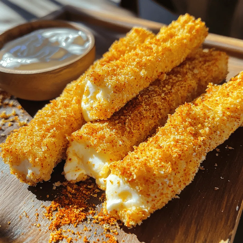 - 12 mozzarella sticks - 1 cup all-purpose flour - 2 large eggs, beaten - 1 cup panko breadcrumbs - 2 teaspoons cayenne pepper - 1 teaspoon paprika - 1 teaspoon garlic powder - 1 teaspoon onion powder - 1 teaspoon salt - ½ teaspoon black pepper - Oil, for frying - Optional: ranch dressing or marinara sauce for dipping When measuring your ingredients, precision matters. Use dry measuring cups for flour and breadcrumbs. For eggs, break them into a bowl and beat until mixed well. This gives a good coating for our sticks. When measuring spices, use measuring spoons for accuracy. Too much cayenne can make them very hot! For the best taste, use fresh mozzarella. Look for logs of mozzarella, not pre-sliced cheese. Keep your ingredients cool until you’re ready to cook. After coating, freeze the sticks for 30 minutes. This helps them hold their shape when frying. You can also store any leftovers in an airtight container in the fridge. Enjoy them within a few days for the best flavor. You can find the full recipe linked above for the complete steps to create these crispy delights! To start, you need to set up a dredging station. Grab three shallow bowls. In the first bowl, add 1 cup of all-purpose flour. In the second, pour in 2 beaten eggs. In the third bowl, mix 1 cup of panko breadcrumbs with 2 teaspoons of cayenne pepper, 1 teaspoon of paprika, 1 teaspoon of garlic powder, 1 teaspoon of onion powder, 1 teaspoon of salt, and ½ teaspoon of black pepper. This mix will give your sticks a spicy kick. Now, take one mozzarella stick. First, roll it in the flour. Shake off any extra flour. Next, dip it into the beaten eggs. Make sure it is fully coated. Then, roll the stick in the panko mix. Press it gently so the crumbs stick well. Repeat this step for all 12 mozzarella sticks. Place the coated sticks on a baking sheet lined with parchment paper. Freeze them for about 30 minutes. This step helps them hold their shape while frying. When you’re ready to fry, heat oil in a deep pan to 350°F (175°C). Carefully add the mozzarella sticks in small batches. Don’t overcrowd the pan. Fry them for 1 to 2 minutes. You want them golden brown and crispy. Once done, remove the sticks and let them drain on a paper towel-lined plate. Serve these hot with ranch dressing or marinara sauce for dipping. Enjoy every crunchy, cheesy bite! For the full recipe, check the previous section. To get that perfect crunch, use panko breadcrumbs. They are light and airy. This helps create a golden, crispy coating. Make sure to freeze the coated mozzarella sticks for about 30 minutes. Freezing firms them up, preventing them from melting too fast in the oil. When you fry, keep the oil at 350°F (175°C). This high heat cooks the outside quickly, sealing in the cheesy goodness. Not everyone likes a lot of heat. To adjust the spice level, change the cayenne pepper. Use less if you prefer a milder flavor. You can also add more cayenne if you crave more heat. Mixing in some mild spices, like smoked paprika, can balance the flavors. Always taste the breadcrumb mix before coating the sticks. This way, you can find your perfect heat level. These mozzarella sticks shine when paired with dips. I recommend ranch dressing for a cool contrast. Marinara sauce also works well, bringing a classic touch. For a fun twist, try a spicy aioli or garlic sauce. Serve them hot right from the fryer for the best taste. You can place them on a fun platter, too, for a party vibe. For the full recipe, check out the details above! {{image_2}} You can swap mozzarella for other cheeses. Try cheddar, pepper jack, or gouda. Each brings a different taste. Cheddar gives a sharp kick, while pepper jack adds heat. Gouda melts beautifully and has a sweet flavor. Mix and match to find your favorite. While panko breadcrumbs are great, you can try other coatings. Use crushed cornflakes for extra crunch. You can also use tortilla chips for a fun twist. Or mix breadcrumbs with herbs like oregano or thyme for added flavor. Experiment and see what you like best! A good dip can elevate your mozzarella sticks. Try mixing ranch dressing with hot sauce. This gives a creamy and spicy kick. You can also serve them with a sweet chili sauce for balance. For a classic touch, marinara sauce is always a hit. Check the Full Recipe for more ideas! To keep your leftover mozzarella sticks fresh, place them in an airtight container. Use parchment paper between layers if stacking. This method prevents them from sticking together. Store them in the fridge for up to three days. To enjoy your mozzarella sticks again, use the oven. Preheat the oven to 375°F (190°C). Place the sticks on a baking sheet. Heat them for about 10-12 minutes. This method helps regain their crispiness. You can also use an air fryer at 350°F (175°C) for about 5-7 minutes. If you want to save them for later, freezing is a great option. First, freeze the uncooked mozzarella sticks for about 30 minutes until firm. Then, transfer them to a freezer-safe bag. They can last for up to three months in the freezer. When ready to cook, you can fry them straight from frozen. Just add a minute or two to the cooking time. Enjoy your Crispy Nashville Hot Mozzarella Sticks anytime! For the full recipe, check the earlier sections. Yes, you can bake these mozzarella sticks. Baking gives a lighter option. Preheat your oven to 400°F (200°C). Place the coated sticks on a baking sheet. Spray them lightly with oil. Bake for about 10 to 12 minutes. Check for a golden color to know they are ready. They may not be as crispy, but they are still tasty. Crispy Nashville Hot Mozzarella Sticks pack a punch! The cayenne pepper gives them heat. If you follow the recipe, they will be spicy. You can adjust the cayenne to suit your taste. For less heat, use less cayenne. For more spice, add a bit more. Enjoy the balance of heat and cheese. You can serve these sticks with delicious dips. Ranch dressing is a classic choice. Marinara sauce also pairs well for a tangy taste. Try hot sauce for an extra kick. A side of celery or carrot sticks adds crunch and balance. Enjoy these snacks at parties or game days! To make crispy Nashville hot mozzarella sticks, you need the right ingredients and steps. First, gather your ingredients and measure them accurately. Then, set up your dredging station for coating and frying. Tips for achieving perfect crispiness and adjusting spice levels will make your dish shine. Try variations with different cheeses and coatings to mix things up. Don’t forget storage tips for leftovers or how to reheat them. With these techniques, you can enjoy delicious mozzarella sticks anytime. Dive into your cooking and impress your friends with warm, cheesy goodness!