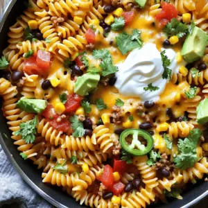- 8 oz. rotini pasta - 1 lb. ground beef or turkey - 1 small onion, diced - 2 cloves garlic, minced - 1 packet taco seasoning - 1 can (14 oz.) diced tomatoes with green chilies - 1 cup corn kernels (fresh or frozen) - 1 cup black beans, rinsed and drained - 1 cup shredded cheddar cheese - 1/2 cup sour cream - Fresh cilantro, chopped (for garnish) - Optional toppings: sliced jalapeños, avocado, sliced green onions Gathering these ingredients makes this dish quick and fun. You can use ground beef or turkey based on your taste. Diced tomatoes with green chilies give it a zesty kick. Corn and black beans add texture and color. For toppings, I love using cheese and sour cream. They add creaminess. Fresh cilantro makes it pop. You can also add jalapeños for heat or avocado for creaminess. This taco pasta recipe is all about flavor, so feel free to mix and match! You can find the complete recipe in the Full Recipe section. - Bring salted water to a boil. - Cook rotini according to package instructions. - Drain and set aside. - Heat olive oil in a large skillet over medium heat. - Sauté onion and garlic until soft. - Add and brown the ground beef or turkey. - Season with taco seasoning. - Stir in diced tomatoes, corn, and black beans. - Simmer to meld flavors. - Add cooked rotini to the skillet. - Mix until well coated. - Stir in cheddar cheese and sour cream. - Adjust seasoning with salt and pepper. - Garnish with fresh cilantro. - Add optional toppings before serving. This recipe is all about ease and flavor. You can find the full recipe above. Enjoy your cooking! How to cook pasta al dente? To cook pasta al dente, boil water and add salt. Once boiling, add the rotini. Check the pasta a couple of minutes before the time on the package. It should be firm but not hard. Drain it and set it aside. Tips for browning meat evenly? To brown meat evenly, use a large skillet. Heat the olive oil first. Add the ground beef or turkey in a single layer. Avoid crowding the pan. Let it cook without stirring for a few minutes, then break it apart. Best practices for seasoning? Season your meat while it cooks. Use the taco seasoning packet for the best flavor. Add salt and pepper gradually. Taste as you cook to avoid over-seasoning. Alternatives to sour cream? If you want an alternative to sour cream, try Greek yogurt. It gives a nice tang and creaminess without the fat. You can also use plain cottage cheese, blended until smooth. Adding cream cheese for richness? For an extra rich flavor, add cream cheese. Mix it in with the cheese and sour cream. It will give your taco pasta a creamy texture that everyone will love. Suggested spices for extra kick? To add some heat, try cayenne pepper or crushed red pepper flakes. A hint of smoked paprika can also boost the flavor. Start with a small amount and add more as needed. Using fresh herbs to elevate taste? Fresh herbs like cilantro or parsley can really elevate your dish. Chop them finely and mix them in just before serving. They add freshness and a pop of color. {{image_2}} For a tasty vegetarian taco pasta, swap the meat for lentils or mushrooms. Lentils add protein and fiber. Mushrooms bring a savory, earthy flavor. When using these ingredients, adjust the seasonings to fit plant-based options. You might want to add more spices for depth. A little extra cumin or chili powder can make a big difference. You can easily turn this recipe into a baked dish. After mixing in the pasta, transfer it to a baking dish. To add a crunchy topping, sprinkle breadcrumbs over the top. Bake at 350°F for about 20 minutes. This gives you a crispy layer that contrasts nicely with the creamy inside. If you prefer other proteins, try chicken or ground turkey instead of beef. Both will work well and still taste great. You can even use seafood like shrimp or fish for a fun twist. Just cook the seafood until it's done, then mix it in with the other ingredients. This adds new flavors and textures to your taco pasta. After you enjoy your taco pasta, store any leftovers right away. Place them in an airtight container. This keeps the flavors fresh and helps avoid spills. Make sure the pasta cools down first. Refrigerate it within two hours of cooking. Proper storage can keep it good for about three to four days. You can reheat your taco pasta in two ways: the microwave or the stove. For the microwave, place it in a bowl. Cover it with a damp paper towel to keep moisture. Heat it in short bursts, stirring in between. On the stove, add a splash of water in a pan. Heat gently over low heat, stirring often. This way, you avoid mushy pasta. If you want to keep your taco pasta longer, freezing is a great option. First, let it cool completely. Then, store it in a freezer-safe container or bag. Remove as much air as possible before sealing. For the best results, eat it within three months. When you're ready to eat, thaw it in the fridge overnight. Reheat it as you would with leftovers for the best taste. For the full recipe, check out [Full Recipe]. Yes, you can use other pasta shapes. You might try penne or fusilli. For gluten-free options, use brown rice pasta or chickpea pasta. These choices taste great and keep the dish healthy. Taco pasta lasts about 3 to 5 days in the fridge. Make sure to store it in a tight container. This keeps the flavors fresh and tasty. You can prepare taco pasta ahead of time. Cook the pasta and meat, then store them separately. This way, you can mix them right before serving. It helps keep everything fresh. Taco pasta is very kid-friendly. Kids love the cheesy, meaty flavor. To make it more appealing, let them add their own toppings like cheese or avocado. This makes it fun for them. Serve taco pasta with a fresh salad or garlic bread. A side of corn or nachos also works well. These sides add a nice crunch and balance to the meal. This recipe combines pasta and taco flavors for a fun dish. We covered key ingredients, cooking steps, and tips for the best results. You can also adjust it for dietary needs or storage. Enjoy making it your own with favorite toppings and variations. Now, it's time to bring friends or family together for a tasty meal they’ll love. Happy cooking!