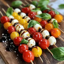 - Cherry tomatoes - Fresh mozzarella balls (bocconcini) - Fresh basil leaves - Balsamic glaze - Extra virgin olive oil - Salt and pepper - Skewers How to choose ripe cherry tomatoes Look for bright colors and smooth skin. Ripe cherry tomatoes should feel firm but not hard. Give them a gentle squeeze; they should have a slight give. Avoid any with blemishes or soft spots. Selecting quality mozzarella cheese Choose fresh mozzarella balls packed in water. They should be soft and slightly springy. The smell should be mild and creamy. If you can find burrata, it adds a rich twist to your skewers. Importance of fresh basil leaves Use vibrant green basil leaves. They should smell fragrant and fresh. Avoid wilted or brown leaves, as they can dull the flavor. Fresh basil adds a burst of flavor that ties the dish together. For the complete experience, don’t forget to check out the Full Recipe. Start by rinsing the cherry tomatoes and fresh basil leaves under cold water. This step is key for removing dirt and ensuring freshness. Gently pat them dry with a kitchen towel. Next, if you are using bamboo skewers, soak them in water for about 10 minutes. This helps prevent burning when grilling or baking. Now it’s time to assemble the skewers! Begin threading one cherry tomato onto the skewer. After that, add a fresh basil leaf. If the leaf is big, you can fold it to fit. Then, slide on a mozzarella ball, making sure it sits securely. Repeat this process until each skewer has 3-4 sets of the tomato, basil, and mozzarella. For the best look, alternate colors of the tomatoes if you have them. Once all the skewers are made, drizzle them lightly with extra virgin olive oil and balsamic glaze. This adds a rich flavor and a nice shine. For extra taste, season them lightly with salt and pepper. Arrange the skewers on a serving platter. If you have extra balsamic glaze, drizzle it over the top for a gorgeous finish. To make the best Caprese Salad Skewers, you need balance. Each bite should have sweet tomato, creamy mozzarella, and fresh basil. This mix gives a great taste and texture. Use a mix of red and yellow tomatoes for extra color and flavor. Soaking bamboo skewers in water is key. It helps prevent burning while grilling or toasting. Soak them for at least 10 minutes before using. This small step makes a big difference. Pair your skewers with crusty bread or a light salad. A fresh green salad adds crunch and flavor. For drinks, serve with sparkling water or white wine. These options enhance the meal without overpowering it. For presentation, arrange the skewers in a jar or glass. This fun display draws attention. You can also lay them on a colorful platter. Drizzle more balsamic glaze on top for a beautiful finish. You can make these skewers ahead of time. Assemble them up to four hours before serving. Keep them in the fridge to stay fresh. Just drizzle the oil and glaze right before serving. Store leftovers in a sealed container. They stay fresh for up to two days in the fridge. Avoid freezing these skewers, as they lose their texture. Enjoy your Caprese Salad Skewers fresh for the best taste! {{image_2}} You can switch up the cheese in your Caprese salad skewers. Try using feta cheese for a tangy twist. Goat cheese brings a creamy texture that pairs well with the tomatoes. If you want something milder, you can use ricotta. Adding extra veggies or fruits makes the skewers more fun. Diced bell peppers add crunch and color. You can also use cucumber slices for a refreshing bite. For a sweet touch, add fresh pineapple or strawberries. To make your olive oil pop, infuse it with fresh herbs. Rosemary or thyme gives a great taste. Just let the herbs sit in the oil for a day. This simple step adds depth to your dish. Experiment with flavored balsamic glazes for extra zing. Try a fig or raspberry glaze for sweetness. A chili-infused glaze adds a spicy kick. These flavors can elevate your skewers to gourmet status. Seasonal variations can make your skewers special. In summer, use ripe heirloom tomatoes for a vibrant look. In fall, consider adding roasted butternut squash for warmth. Pair your skewers with different appetizers to create a spread. They go well with bruschetta or antipasto platters. For a fun twist, serve them alongside mini meatballs or stuffed mushrooms. For the full recipe, check out the Caprese Salad Skewers. To keep your Caprese salad skewers fresh, use airtight containers. Glass or plastic containers work well. Line the bottom with a paper towel to absorb moisture. This extra step helps maintain the texture. You can store them in the fridge for up to three days. After that, the ingredients may lose their taste and texture. These skewers are best served cold. If you prefer to warm them, do it gently. Place them on a baking sheet and heat in a low oven. Avoid high heat as it can melt the mozzarella too quickly. You can also serve them at room temperature for a more relaxed vibe. Freezing these skewers is not ideal. The fresh mozzarella and basil do not freeze well. If you still want to freeze, make sure to prepare them without the basil. You can freeze the cherry tomatoes and mozzarella separately. When ready to use, thaw them in the fridge overnight before assembling. This way, you can enjoy the flavors without losing quality. Can I use different types of tomatoes? Yes, you can use many types of tomatoes! Cherry tomatoes are best for skewers. You can also try grape tomatoes or small heirloom varieties. Each type adds its own flavor and color. Mixing colors makes your dish more fun and tasty! What is the best way to serve these skewers? Serve these skewers on a large platter. You can even stand them up in a glass or jar. This makes a great display. Drizzle extra balsamic glaze on top for a nice touch. Your guests will love the look and the taste! Are Caprese Salad Skewers gluten-free? Yes, Caprese Salad Skewers are gluten-free. They contain no bread or gluten ingredients. This makes them a great choice for anyone with gluten issues. Just be sure to check your balsamic glaze if it has added ingredients. Nutritional value of the ingredients used These skewers are tasty and healthy. Each skewer has tomatoes, mozzarella, and basil. Tomatoes are low in calories and rich in vitamins. Mozzarella adds protein and calcium. Basil gives flavor and is good for your health, too. How long can I prepare these ahead of time? You can prepare these skewers a few hours in advance. Keep them in the fridge until you are ready to serve. They will stay fresh and tasty. Just make sure to drizzle the oil and glaze right before serving for the best taste. What’s the best way to clean skewers after use? Cleaning skewers is easy! If you used bamboo skewers, soak them in warm water. This helps remove any food. For metal skewers, just wash them in soapy water. Rinse well and dry. Store them for your next cooking adventure! For a full recipe of Caprese Salad Skewers, check out the complete recipe section. In this post, I shared how to make delicious Caprese Salad Skewers. You learned about ingredients, preparation steps, and tips for fresh selections. I also covered how to store leftovers and even variations you can try. My final thought: these skewers are easy, fun, and perfect for any gathering. Enjoy experimenting with flavors and make these skewers your own. With fresh ingredients and simple steps, everyone will love them.