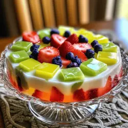 To make Mosaic Jello, gather these main ingredients: - 3 different flavors of Jello (like strawberry, lime, and blue raspberry) - 1 can (14 oz) sweetened condensed milk - 2 cups boiling water - 2 cups cold water - 2 tablespoons unflavored gelatin powder If you like your treat sweeter, consider adding: - ½ cup sugar (this is optional) For a beautiful finish, you can use: - Fresh fruit, such as diced strawberries or blueberries - Whipped cream for a creamy touch - Mint leaves for a pop of green These ingredients help create a colorful and tasty dessert. The more flavors you use, the more fun it becomes! If you want to see how to use these ingredients, check out the Full Recipe for step-by-step instructions. To start, you need to prepare the flavored Jello. Choose three flavors that you love. I like using strawberry, lime, and blue raspberry for bright colors. In three separate bowls, dissolve each Jello flavor in 1 cup of boiling water. Stir well until it's clear. This step is key for a good texture. After that, pour each mixture into its own container. Let them cool to room temperature. Once cool, pop them in the fridge for 3-4 hours until they set. Once the Jello layers are firm, it’s time to cut them. Use a sharp knife to slice each set of Jello into small cubes. Be careful, as the cubes should be even for the best look. Then, gently transfer the cubes into a large mixing bowl. This is where the magic happens! You will combine all these colorful cubes soon. Now, let’s make the creamy layer. In a clean bowl, sprinkle the unflavored gelatin over ½ cup of cold water. Let it sit for about 5 minutes to bloom. This step helps it mix well. After that, dissolve the gelatin in 1 cup of boiling water. Stir until there are no lumps. Next, add the sweetened condensed milk. If you want, you can add sugar for extra sweetness. Mix until the texture is smooth. Pour this creamy mixture over the Jello cubes in the bowl. Make sure it covers all the cubes. Finally, transfer everything into a prepared mold or glass dish. Refrigerate again for 4-6 hours. Your Mosaic Jello will be ready to impress! To create stunning layers, chill each Jello layer before adding the next one. Once the first layer sets, pour the next layer gently over it. This way, you keep the colors separate. Use a spoon to help control the pour. You want to avoid splashing. If the layers mix, your design will be less pretty. For bright colors, choose Jello flavors that contrast well. Use flavors like lime, strawberry, and blue raspberry. These colors look great together. Make sure to dissolve the Jello completely. If you see lumps, the color will not be even. Let each layer cool before adding the next. This helps keep the colors bright and distinct. One common mistake is not letting layers set long enough. If layers are too warm, they will blend. Always wait until each layer is firm. Another mistake is pouring too fast. This can cause the layers to mix. Take your time and pour gently. Lastly, avoid using too much sweetened condensed milk. It can overpower the Jello flavors. Stick to the Full Recipe for the best results. {{image_2}} You can have fun with themed Mosaic Jello. Think about colors that fit a holiday or event. For Halloween, use orange, purple, and black. For Christmas, go with red, green, and white. You can even create a rainbow for birthdays! Just pick flavors that match your colors. Everyone loves a festive treat. Mosaic Jello can be very flexible. You can mix different flavors to create something special. Try tropical flavors like pineapple, coconut, and mango for a summer vibe. Or go for the classics like cherry, grape, and lemon. You can even use tea-infused Jello for a unique twist. The options are endless! Layered Mosaic Jello looks fancy and is easy to make. It has distinct layers of different colors. Just pour one layer at a time and let it set. Cubed Mosaic Jello offers a fun texture. You simply cut the Jello into cubes and mix them with the creamy part. Both styles are tasty and eye-catching, so you can choose what you like best. To explore more about making Mosaic Jello, check the Full Recipe! To keep your Mosaic Jello fresh, store it in an airtight container. This helps prevent it from absorbing odors in the fridge. If you used a mold, cover it tightly with plastic wrap. This also keeps the surface smooth and clean. Always place it on a flat surface to avoid spills. Mosaic Jello can last up to one week in the fridge. After that, its texture may change, and it might not taste as fresh. If you notice any changes in smell or color, it’s best to toss it. Enjoy it within the week for the best taste and texture. I do not recommend freezing Mosaic Jello. Freezing changes the texture and makes it watery when thawed. If you must freeze it, cut it into small pieces. Place them in a freezer-safe bag. When you’re ready to eat, let it thaw in the fridge overnight. This way, it stays a bit firmer than if you left it at room temperature. Mosaic Jello is a fun and colorful dessert made from different flavored Jello layers. You create bright cubes from flavored Jello and mix them with a creamy layer. To make it, start with three flavors of Jello, like strawberry, lime, and blue raspberry. Prepare each Jello flavor by dissolving it in boiling water. Let each flavor cool and set in separate containers. Once set, cut them into cubes. Next, make the creamy layer. Bloom unflavored gelatin in cold water and dissolve it in boiling water. Mix in sweetened condensed milk. Pour this mixture over the Jello cubes in a bowl. Finally, chill everything in a mold until it sets. Yes, you can use sugar-free Jello. It works just as well as regular Jello. The colors and flavors will still shine through. The texture may change slightly, but your Mosaic Jello will still look great and taste yummy. Just follow the same steps as with regular Jello. To keep the layers from mixing, let each Jello layer cool completely before adding the next one. Use a gentle hand when pouring the creamy layer over the cubes. Pour slowly to avoid splashing. If you see bubbles, wait a moment for them to settle. This will help keep your Mosaic Jello looking neat and colorful. For the full recipe, check out the earlier sections. Mosaic Jello is fun and easy to make. We covered key ingredients and tips to create beautiful layers and vibrant colors. You learned how to cut, combine, and add a creamy layer for extra flavor. Remember to try different themes and flavors for a unique dessert. Storing your creation properly ensures it stays fresh and tasty. Enjoy making your Mosaic Jello and impress your friends and family!