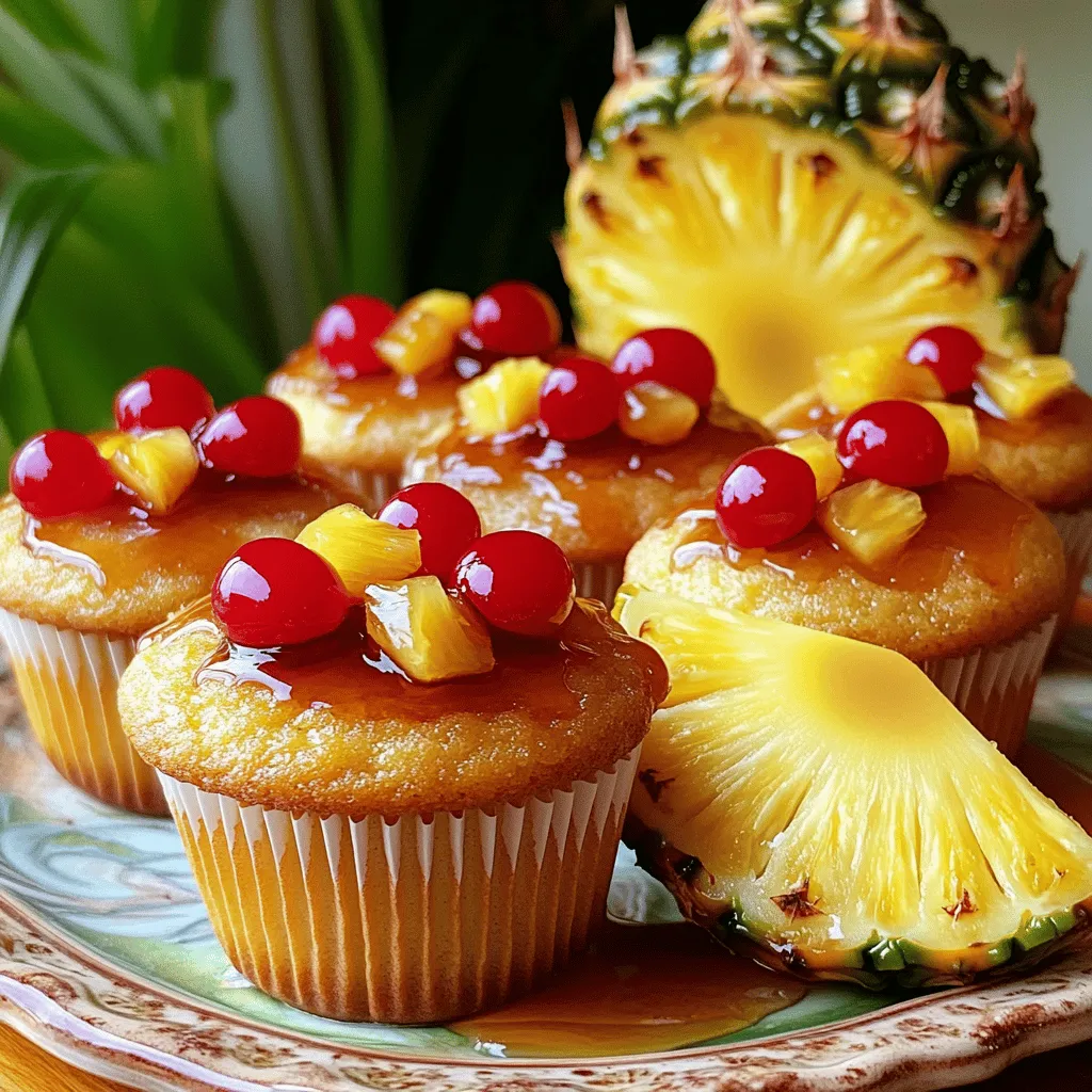 - 1 cup all-purpose flour - 1/2 cup brown sugar - 1/4 cup granulated sugar - 1/2 teaspoon baking powder - 1/4 teaspoon baking soda - 1/4 teaspoon salt - 1/2 cup unsalted butter, softened - 2 large eggs - 1 teaspoon vanilla extract - 1/2 cup crushed pineapple, drained - 1/2 cup maraschino cherries, halved These ingredients create a base for your cupcakes. The flour gives structure. The sugars add sweetness and moisture. Baking powder and baking soda help the cupcakes rise. Butter makes them rich and soft. Eggs bind everything together. The crushed pineapple and cherries provide the fun topping. They give a burst of flavor and color. The pineapple brings sweetness, while cherries add a pop of brightness. This combo makes every bite special. - 1/2 teaspoon ground cinnamon (optional) - Vegan or gluten-free substitutes as needed You can add ground cinnamon for extra warmth. It pairs well with the fruit. Want to make these cupcakes fit your diet? Swap standard flour for gluten-free flour. Use flax eggs for a vegan version. These changes keep the joy of pineapple upside-down cupcakes alive for everyone. For the complete recipe, check the [Full Recipe]. 1. Preheat your oven to 350°F (175°C). This step is key for even baking. 2. Line your muffin tin with cupcake liners. This helps with easy removal. 3. Combine the crushed pineapple with a pinch of ground cinnamon if you like. This adds a warm flavor. 1. In a mixing bowl, whisk together the all-purpose flour, baking powder, baking soda, and salt. This makes the dry mix ready. 2. In a large bowl, cream together softened butter, brown sugar, and granulated sugar. Mix until light and fluffy. This is where the magic begins! 3. Add the eggs one at a time, mixing well after each. Stir in the vanilla extract for that sweet aroma. 4. Gradually add the dry mix to the wet ingredients. Alternate with the crushed pineapple. Mix until just combined. Avoid over-mixing for soft cupcakes. 1. Fill each cupcake liner halfway with the batter. This gives them room to rise. 2. Top each with halved maraschino cherries and a small spoonful of leftover pineapple mixture. This creates a beautiful topping. 3. Bake for 18-20 minutes. Check with a toothpick. It should come out clean when done. These cupcakes are a fun twist on a classic dessert. Enjoy your baking adventure! For the complete recipe, check the Full Recipe section. To help your cupcakes rise perfectly, make sure your baking powder and baking soda are fresh. Old leavening agents might not work well. Mix the dry ingredients well before adding them to the wet mix. This helps spread the leavening agents evenly. Avoid common mistakes by not overmixing your batter. Stir until just combined to keep your cupcakes light. Also, don’t skip preheating the oven. This step is key for even baking. If your oven is not hot enough, the cupcakes may not rise as they should. For an attractive display, serve your cupcakes on a colorful platter. You can arrange them in a circle or a fun pattern. This way, they catch everyone’s eye at parties or gatherings. Garnishing adds more visual appeal. A slice of fresh pineapple or a cherry on top makes each cupcake pop. You can also sprinkle a little grated coconut for texture. These small touches create a stunning treat that looks as good as it tastes. Explore more creative serving ideas in the Full Recipe for a delightful twist! {{image_2}} To make vegan Pineapple Upside-Down Cupcakes, swap eggs for applesauce or flaxseed meal. Use a plant-based butter to replace regular butter. Replace regular milk with coconut milk for extra flavor. These swaps keep the cupcakes moist and tasty. For gluten-free options, use a gluten-free flour blend instead of all-purpose flour. Make sure your baking powder is gluten-free too. This will help ensure your cupcakes rise well. You can also add some almond flour for texture. You can add fun flavors to your cupcakes. Try mixing in shredded coconut for a tropical touch. A splash of rum adds a nice kick, too. Just a tablespoon will work well without overpowering. For toppings, get creative! You can use whipped cream or cream cheese frosting on top. A sprinkle of toasted coconut makes a great finish. Fresh fruit slices or a drizzle of caramel can make your cupcakes even more special. Enjoy exploring these fun twists! To keep your Pineapple Upside-Down Cupcakes fresh, store them in an airtight container. This helps maintain their moisture and flavor. If you want to keep them longer, you can freeze them. When stored in the fridge, they last for about five days. In the freezer, they can stay good for up to three months. When you're ready to enjoy leftover cupcakes, you can reheat them simply. Place them in the microwave for about 10-15 seconds. This warms them up nicely without drying them out. You may also place them in a preheated oven at 350°F (175°C) for about 5-7 minutes. Serve them warm with a scoop of vanilla ice cream or a drizzle of caramel sauce for a delightful touch. Can I use fresh pineapple instead of canned? Yes, you can use fresh pineapple. Just make sure to cut it into small pieces. Fresh pineapple adds a crisp taste to your cupcakes. Why did my cupcakes sink in the middle? Your cupcakes may sink if the batter is too wet or if you open the oven door too soon. Be sure to measure the ingredients carefully and wait until baking is almost done before checking. Can I substitute other fruits for the topping? Absolutely! You can use peaches, cherries, or even berries. The key is to keep the fruit juicy but not too wet. This helps the cupcakes stay fluffy. How do I adjust baking time for mini cupcakes? Mini cupcakes bake faster. Check them after 10 to 12 minutes. A toothpick should come out clean when they are done. What should I do if I don’t have cupcake liners? If you lack cupcake liners, grease your muffin tin with butter or oil. This should help the cupcakes release easily after baking. How to know when the cupcakes are fully baked? Insert a toothpick into the center. If it comes out clean, your cupcakes are ready. If it has wet batter, bake a few more minutes. For the full recipe, check out the details above. Enjoy your baking! Pineapple upside-down cupcakes offer a fun twist on a classic dessert. We covered key ingredients like butter, pineapple, and cherries. I shared easy steps for mixing the batter and assembling the cupcakes. You learned tips for baking success and how to store them properly. Try the variations to fit your dietary needs or to explore new flavors. With these insights, you can bake cupcakes that impress everyone. Enjoy your baking journey, and let your creativity shine!