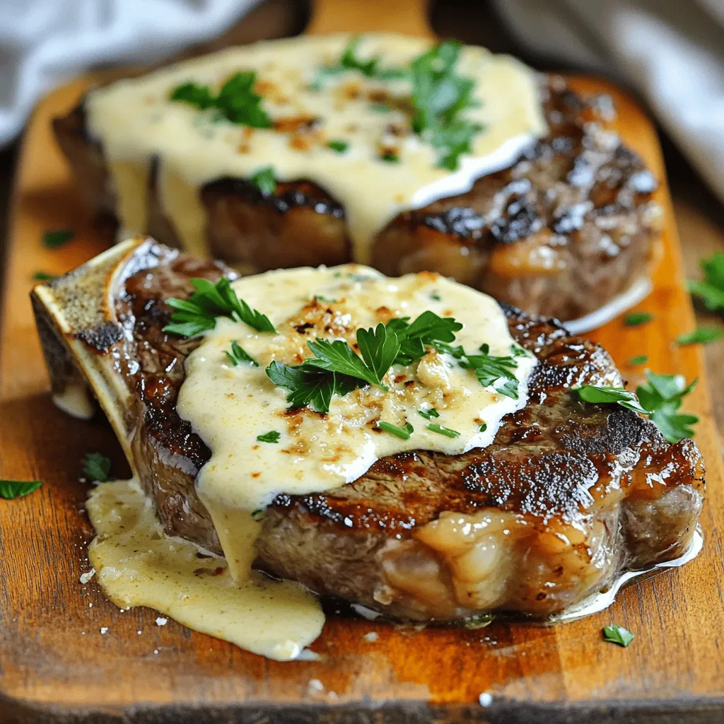 - 2 ribeye steaks (1-inch thick) - Salt and black pepper to taste - 2 tablespoons olive oil - 4 cloves garlic, minced - 1 cup heavy cream - ½ cup beef broth - 1 teaspoon Dijon mustard - ¼ cup grated Parmesan cheese - 1 tablespoon fresh parsley, chopped (for garnish) When you gather these ingredients, you set the stage for a great meal. Ribeye steaks are juicy and full of flavor. The olive oil helps you sear them perfectly. Seasoning with salt and pepper enhances the taste. Fresh garlic brings a rich aroma to the sauce. Heavy cream makes it silky smooth. Beef broth adds depth, while Dijon mustard gives a nice kick. Parmesan cheese rounds out the sauce with a savory touch. If you want, add fresh parsley for brightness. This mix makes your steak shine. For the full recipe, check out the detailed instructions. Start by taking the ribeye steaks out of the fridge. Let them sit for about 30 minutes to warm up. This helps the steak cook evenly. Next, pat them dry with paper towels. Season both sides well with salt and black pepper. Don’t be shy! This makes the steak tasty. Heat a large skillet over medium-high heat. Add two tablespoons of olive oil and let it get hot. Once the oil shimmers, place the steaks in the skillet. Sear each side for 3-4 minutes. Look for a nice golden-brown crust. Use a meat thermometer to check doneness; aim for 130°F for medium-rare. Once done, remove the steaks and let them rest on a plate. This helps keep them juicy. In the same skillet, lower the heat to medium. Add the minced garlic and sauté for about 30 seconds. You want it to be fragrant but not burnt. Pour in the beef broth and scrape any brown bits off the bottom. This adds flavor! Let it simmer for 2-3 minutes. Then, add in the heavy cream and Dijon mustard. Stir well to mix everything. Continue to cook the sauce for 4-5 minutes until it thickens. Stir in the grated Parmesan cheese until melted and smooth. Taste it and add more salt or pepper if needed. Now, slice the rested steaks against the grain. Place them on a plate and drizzle the creamy garlic sauce over the top. Finish with a sprinkle of fresh parsley for color. Enjoy your Juicy Steak with Creamy Garlic Sauce! For the [Full Recipe], refer to the section above. To get the perfect steak doneness, you need a meat thermometer. For medium-rare, aim for 130°F. Insert the thermometer into the thickest part of the steak. If you like it more done, cook until it reaches 140°F for medium and 160°F for medium-well. Also, let the steak rest after cooking. This helps the juices spread throughout the meat. Resting for five to ten minutes makes a big difference. You want your creamy garlic sauce to be just right. To thicken it, cook it longer over medium heat. Add a bit of flour or cornstarch if needed. Just mix it with cold water first before adding it to the sauce. This will help prevent lumps. If your sauce gets too thick, simply whisk in a splash of beef broth or cream. This keeps it smooth and creamy. Having the right tools helps a lot. Here are the must-haves for this recipe: - A good meat thermometer - A large skillet for searing - A whisk for the sauce - A cutting board for resting the steak - A sharp knife for slicing These tools will help you cook and serve your steak with ease. For the full recipe, check the earlier section. {{image_2}} You can use many cuts for this dish. Ribeye is great, but other options work too. Sirloin gives a leaner bite. Flank steak offers a nice, beefy taste and is easy to cook. T-bone is tender and flavorful. If you want a unique flavor, try skirt steak. It has a rich, beefy taste and works well with the sauce. If you want a vegetarian sauce, swap beef broth for vegetable broth. This keeps the creaminess while adding a new flavor. You can also add sautéed mushrooms for a meaty texture. Another option is to use cashew cream. It creates a rich sauce without dairy. Blend soaked cashews with water for a smooth finish. You can change the flavor of the sauce with herbs and spices. Fresh thyme or rosemary adds a nice touch. Just chop them finely and stir them in. If you like heat, add a pinch of red pepper flakes for some kick. For a twist, try adding a splash of lemon juice for brightness. All these changes can make your dish unique and exciting. For the full recipe, check out the Juicy Steak with Creamy Garlic Sauce. After your meal, let the steak cool down. Place it in an airtight container. Cover it tightly to keep it fresh. You can store it in the fridge for up to three days. If you want to keep it longer, consider freezing it. To freeze, wrap the steak tightly in plastic wrap. Then place it in a freezer bag. Make sure to remove as much air as possible. You can freeze it for up to three months. When you're ready to eat, thaw it in the fridge overnight. To reheat, use a skillet over low heat. This keeps the steak juicy. Store any leftover creamy garlic sauce in a separate airtight container. It can last in the fridge for about a week. If you freeze it, use a freezer-safe container. The sauce will keep well for up to three months. When ready to use, thaw it in the fridge. Reheat it gently on the stove, stirring often to bring back its rich flavor. For the full recipe, check out the details above. To make your steak more tender, start with good cuts like ribeye. Letting the steak sit at room temperature for 30 minutes helps. Season it well with salt and pepper. You can also marinate the steak for added flavor and tenderness. Try using ingredients like olive oil, vinegar, or citrus juice in your marinade. After cooking, let the steak rest for a few minutes. This helps the juices stay inside the meat, keeping it moist and tender. Yes, you can use different types of cheese in the creamy garlic sauce. Parmesan adds a nice, nutty flavor. If you want something sharper, try aged cheddar or fontina. For a richer taste, blue cheese works great too. Just remember to adjust the amount according to your taste. Each cheese brings its own twist to the sauce, making it fun to experiment. Several sides go well with juicy steak and creamy garlic sauce. You could serve it with creamy mashed potatoes, which soak up the sauce perfectly. Sautéed vegetables like green beans or asparagus add freshness to the plate. A crisp salad with vinaigrette can balance the richness of the steak. You might also enjoy garlic bread to mop up any leftover sauce. Choosing sides adds color and flavor to your meal. Let your steak rest for about 5 to 10 minutes after cooking. This time allows the juices to redistribute throughout the meat. If you cut into it right away, the juices will run out, making it dry. Resting keeps your steak juicy and flavorful. Cover it loosely with foil while resting to keep it warm. This blog post covered how to make juicy steak with creamy garlic sauce. We discussed the main ingredients and optional flavors for a rich taste. I shared step-by-step instructions to cook both the steak and sauce perfectly. You learned tips for doneness and how to store leftovers. Remember, you can switch up cuts or add herbs for variety. With these ideas, you can create a delicious meal every time. Enjoy cooking and experimenting with your favorite flavors!