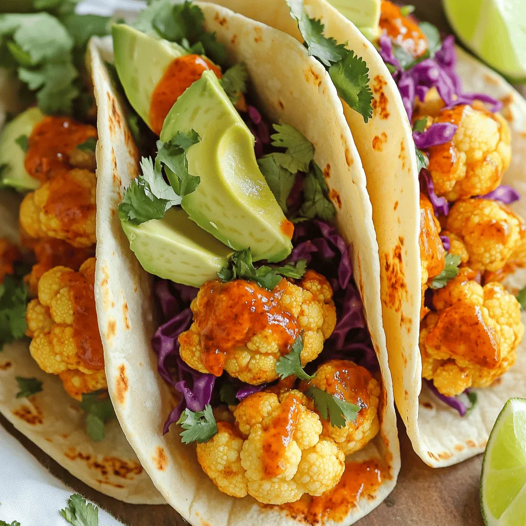 To make tasty Buffalo Cauliflower Tacos, you need a few key ingredients. Here’s what you will need: - 1 medium head of cauliflower, cut into florets - 1 cup all-purpose flour - 1 cup water - 1 teaspoon garlic powder - 1 teaspoon onion powder - 1 teaspoon smoked paprika - 1/2 teaspoon salt - 1/2 teaspoon black pepper - 1 cup buffalo sauce (mild or hot, based on preference) - 8 small corn or flour tortillas These main ingredients create a flavorful base for your tacos. The cauliflower gets crispy and spicy, making every bite exciting! You can elevate your tacos with fun toppings and sides. Here are some great options: - 1 avocado, sliced - 1 cup shredded purple cabbage - 1/2 cup cilantro, chopped - 1 lime, cut into wedges - Optional: vegan ranch dressing for drizzling These toppings add creaminess and crunch. The lime gives a bright finish, while the ranch dressing brings extra flavor. Each serving of Buffalo Cauliflower Tacos offers a healthy and satisfying meal. Here’s a quick breakdown: - Calories: Around 250 per serving (without toppings) - Protein: 5g - Carbohydrates: 35g - Dietary Fiber: 6g - Fat: 10g These tacos are not only delicious but also packed with nutrients. Enjoying them keeps you feeling full and satisfied. If you want a complete guide, check out the Full Recipe for more details! Start by cutting the cauliflower into small florets. Each piece should be bite-sized. This size helps them cook evenly. Make sure to remove any leaves and thick stems. A medium head of cauliflower works best for this recipe. Rinse the florets under cold water to clean them. Then, pat them dry with a towel. This step is important to ensure the batter sticks well. In a mixing bowl, combine the flour, water, garlic powder, onion powder, smoked paprika, salt, and black pepper. Whisk them together until smooth. The batter should be thick enough to coat the cauliflower well. If it’s too runny, add a little more flour. If it’s too thick, add a bit more water. This batter gives the cauliflower its crispy texture when baked. Preheat your oven to 450°F (230°C). Line a baking sheet with parchment paper to prevent sticking. Dip each cauliflower floret into the batter. Let any extra batter drip off before placing them on the baking sheet. Bake the cauliflower for 20 minutes. Flip them halfway through to cook evenly. They should look golden and crispy. Once done, remove them from the oven. Toss the cauliflower in the buffalo sauce until each piece is well coated. For extra flavor, return the sauced cauliflower to the oven for another 10 minutes. This helps caramelize the sauce for that perfect kick. While the cauliflower bakes, warm the tortillas in a dry skillet. Heat each one for about 30 seconds on each side. This makes them soft and easier to fold. Once the cauliflower is ready, take a tortilla and add a generous amount of buffalo cauliflower. Top with sliced avocado, shredded cabbage, and cilantro. Serve with lime wedges on the side. If you like, drizzle some vegan ranch dressing on top. For the full recipe, check the previous section. Enjoy your delicious buffalo cauliflower tacos! To make your cauliflower crispy, use a hot oven. Set it to 450°F (230°C). The high heat helps to dry the batter quickly. Coat each floret in the batter well, but don’t let it sit too long. This keeps the coating light and crispy. Flip the florets halfway through baking. This step helps them brown evenly. If you want extra crunch, bake them for a few more minutes after tossing in the sauce. Warming tortillas is key for great tacos. Heat a dry skillet on medium. Place one tortilla in the pan for about 30 seconds. Then, flip it and warm the other side for the same time. This makes the tortillas soft and flexible. If you’re cooking for a crowd, stack the warmed tortillas in a clean kitchen towel to keep them warm while you finish. You can prep the cauliflower and batter in advance. Store the cut florets in the fridge for up to two days. Mix the batter and keep it in an airtight container. When you’re ready to cook, just dip the florets and bake them. You can also bake the cauliflower and toss it in buffalo sauce ahead of time. Just reheat them in the oven before serving. This way, your tacos are quick and easy to assemble at dinner time. For the full recipe, check out Buffalo Cauliflower Tacos . {{image_2}} You can switch up the flavor with different sauces. Ranch dressing adds creaminess. Try a spicy chipotle sauce for heat. A sweet BBQ sauce can give a nice twist. Experiment with different sauces to find your favorite. Want more substance? Add protein like black beans or shredded chicken. You can also toss in veggies. Bell peppers and corn work great. They add color and crunch to your tacos. Mixing in protein and veggies makes the dish more filling. To make these tacos gluten-free, swap the flour with a gluten-free blend. Cornstarch can also work well in the batter. Choose corn tortillas instead of flour to keep it gluten-free. This way, everyone can enjoy the tacos without worries. For the Full Recipe, check the detailed instructions above! After enjoying your buffalo cauliflower tacos, let them cool down. Place the leftovers in an airtight container. Store them in the fridge. They stay fresh for up to three days. Make sure to keep the sauce separate if possible. This keeps the tortillas from getting soggy. To reheat, preheat your oven to 350°F (175°C). Spread the cauliflower on a baking tray. Heat for about 10 to 15 minutes. Check to make sure it's hot all the way through. You can also microwave them if you’re in a hurry. Just cover them to keep moisture in and heat for one to two minutes. You can freeze the buffalo cauliflower for later. Let it cool completely. Place it in a freezer-safe bag or container. Press out the extra air to avoid freezer burn. It can last up to three months in the freezer. When you’re ready, thaw it overnight in the fridge before reheating. This way, you can enjoy that spicy flavor anytime! For the full recipe, check above and get cooking! The best buffalo sauce for tacos is one that fits your taste. If you like it hot, choose a spicy sauce. If you prefer milder flavors, go for a mild sauce. Brands like Frank's RedHot or Crystal are popular choices. These sauces work well with the cauliflower's flavor. You can also make your own sauce by mixing hot sauce with melted butter or olive oil for a fresh twist. Yes, you can easily make these tacos vegan. The recipe is already close to vegan. Just use plant-based flour and water for the batter. Make sure to pick a vegan buffalo sauce. You can find many brands that offer vegan options. For toppings, use a plant-based ranch dressing. This way, you can enjoy delicious buffalo cauliflower tacos without any animal products. You can spice up your buffalo cauliflower tacos in many ways. Add extra spices to the batter, like cayenne pepper or chili powder. This will give the cauliflower a nice kick. For toppings, consider using jalapeños for heat or a dash of hot sauce. You can also add pickled onions for tanginess. Fresh herbs like cilantro or parsley can add brightness, too. Experiment with flavors to make your tacos uniquely yours! Buffalo cauliflower tacos offer tasty flavors and fun textures. We discussed ingredients, step-by-step prep, and helpful tips. Remember, crispy cauliflower makes the best tacos. You can try different sauces or add protein for variety. Store leftovers properly, and they'll last. I hope you feel ready to make these delicious tacos for your next meal. Enjoy trying your own twists on this recipe!
