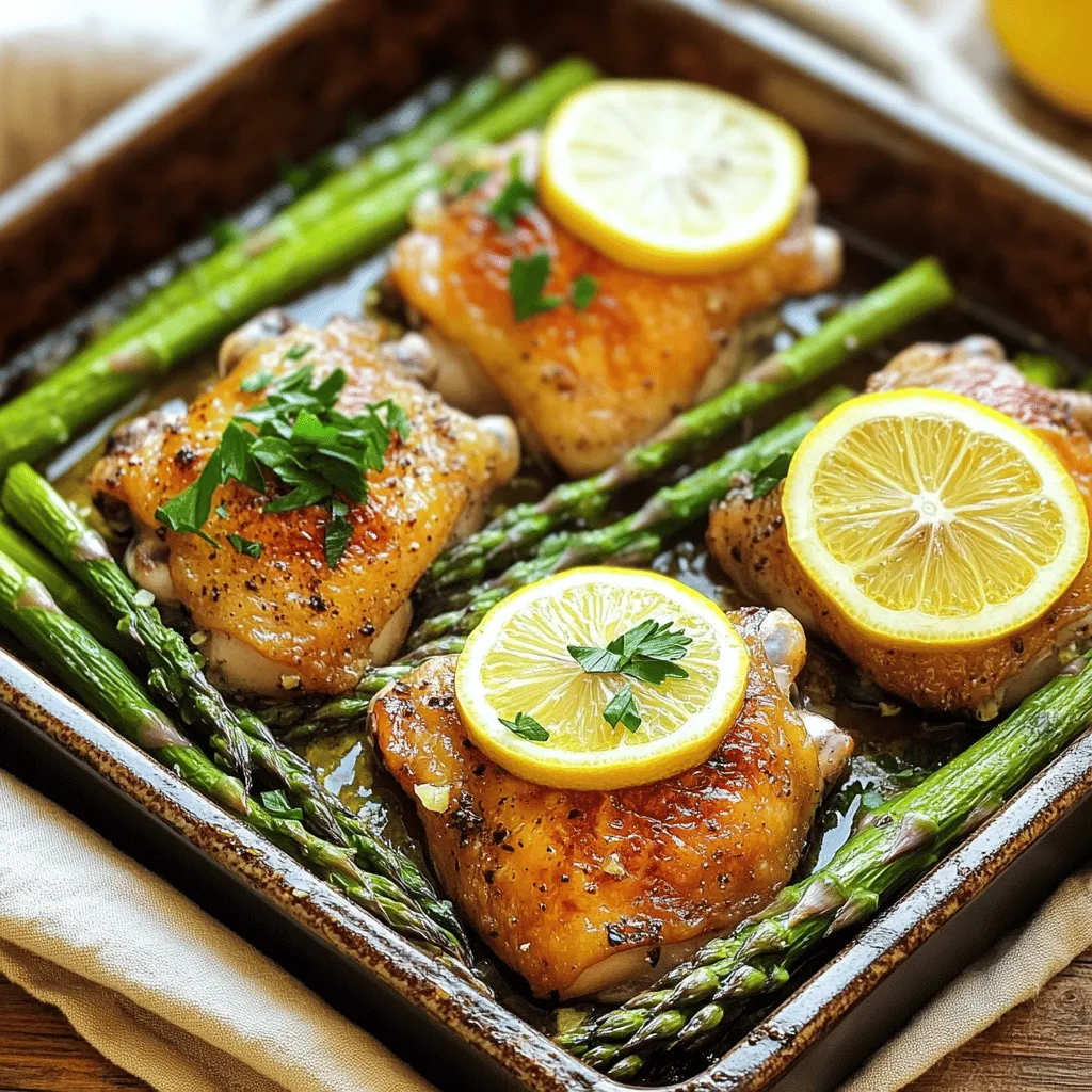- 4 boneless, skinless chicken thighs - 1 bunch of asparagus, trimmed - 4 cloves of garlic, minced - 2 lemons (one for juice, one for slices) - 3 tablespoons olive oil - 1 teaspoon smoked paprika - ½ teaspoon red pepper flakes (optional for heat) - Salt and black pepper to taste - Fresh parsley, chopped (for garnish) Choose chicken thighs for juicy meat. They stay moist during cooking. Fresh asparagus adds a nice crunch. Look for bright green stalks with firm tips. Minced garlic gives a strong flavor. The more you use, the better! Use fresh lemons for the best taste. They make the dish bright and zesty. Smoked paprika adds a wonderful depth. If you like spice, add red pepper flakes. If you can’t find chicken thighs, you can use chicken breasts. They work well too but might dry out faster. For a veggie option, try chickpeas instead of chicken. They soak up the flavors great. If asparagus is not available, green beans or broccoli are good choices. You can swap olive oil with avocado oil if needed. For a lemony twist, use lime juice instead. Start by gathering your ingredients. You need chicken, asparagus, garlic, lemons, olive oil, spices, and salt. In a large bowl, combine the chicken thighs, minced garlic, and juice from one lemon. Add the olive oil, smoked paprika, red pepper flakes, salt, and black pepper. Mix well to coat the chicken. Let it marinate for at least 15 minutes. This helps the flavors blend into the chicken. Preheat your oven to 400°F (200°C). While the oven heats, take a large oven-safe pan. Lay the marinated chicken thighs in the pan, leaving space between them. Trim the asparagus and add it to the same pan. Drizzle a little olive oil on the asparagus and sprinkle with salt and pepper. Toss to coat the asparagus well. Slice the second lemon into rounds and place them around the chicken and asparagus. This adds a fresh zing. Now, place the pan in the oven and bake for 25 to 30 minutes. Check that the chicken reaches an internal temperature of 165°F (75°C). The asparagus should be tender but still crisp. Once cooked, take the pan out of the oven. Let it rest for a few minutes. This helps the juices settle. For a beautiful look, garnish with fresh parsley. You can serve it directly from the pan for a rustic style. For a more formal touch, arrange it on a platter with extra lemon slices. This dish pairs well with rice or crusty bread to soak up the tasty juices. For the complete recipe, check out the Full Recipe section. To get the best flavor from your chicken, marinate it well. Use fresh lemon juice and minced garlic for a zesty kick. Let the chicken sit in the marinade for at least 15 minutes. If you have more time, an hour works even better. The longer the chicken marinates, the more flavor it absorbs. You can also try adding herbs like thyme or rosemary for extra depth. Sometimes the chicken may not cook evenly. To fix this, make sure the thighs are of similar size. If you notice the asparagus cooking faster than the chicken, remove it earlier. You want the asparagus tender but not mushy. If the chicken is not browning, you can broil it for a few minutes at the end. This will give it a nice, crispy finish. Using the right tools makes cooking easier. A sharp knife helps with cutting vegetables and chicken. An oven-safe pan is key for this dish. I recommend using a cast-iron skillet or a baking sheet. A meat thermometer ensures your chicken is cooked properly, reaching 165°F. Lastly, a sturdy spatula helps with serving the chicken and asparagus. These tools make the process smoother and more enjoyable. For the complete recipe, check out the Full Recipe. {{image_2}} You can make this dish even better by adding more veggies. Try bell peppers for sweetness or cherry tomatoes for a burst of flavor. Green beans or broccoli can also work well. Just cut them to the same size as the asparagus. This way, everything cooks evenly. Toss them with olive oil, salt, and pepper before adding them to the pan. This recipe is easy to tweak for different diets. If you're vegan, swap the chicken for tofu or chickpeas. You can still use the same marinade for flavor. For a gluten-free option, check that your ingredients are gluten-free. You can even make this dish low-carb by skipping the chicken and adding more veggies. Want to change the flavor? Try adding fresh herbs like thyme or rosemary for a different taste. You could also use lime juice instead of lemon for a fun twist. Want some spice? Add more red pepper flakes or even some cayenne pepper. Each change gives the dish a new life and keeps it exciting. For the full recipe, check out the delicious details above! To store your leftover One-Pan Lemon Garlic Chicken and Asparagus, first let it cool down. Place the chicken and asparagus in an airtight container. Make sure to keep the juice and lemon slices with the dish to lock in flavor. Store it in the fridge for up to three days. When you're ready to enjoy your leftovers, preheat your oven to 350°F (175°C). Place the chicken and asparagus on a baking sheet. Cover it with foil to keep moisture in. Heat for about 15 minutes or until warmed through. You can also reheat it in the microwave. Just use a microwave-safe dish and cover it. Heat for one minute, then check. Add more time if needed. If you want to freeze this dish, let it cool completely first. Place the chicken and asparagus in a freezer-safe container. You can also use heavy-duty freezer bags. Squeeze out as much air as possible to prevent freezer burn. It can last in the freezer for up to three months. To eat, thaw it in the fridge overnight before reheating. For best flavor, use it within a month. Yes, you can make this dish ahead of time. Marinate the chicken and store it in the fridge. You can do this for up to a day. This helps the flavors develop. When you are ready, just cook it as directed. You will enjoy a tasty meal without much hassle! This dish pairs well with many sides. Here are some great options: - Rice or quinoa to soak up the juices - Crusty bread for a nice texture - A fresh salad for a light touch - Mashed potatoes for a comforting vibe Choose what you like best to complete your meal! Absolutely! This recipe is great for meal prep. You can cook a large batch. Divide it into containers for easy lunches or dinners. Store in the fridge for up to four days. Reheat in the microwave or oven when you're ready to eat. This makes healthy eating so simple! For the full recipe, check the earlier section. This blog post covered the key steps to make One-Pan Lemon Garlic Chicken and Asparagus. You learned about the best ingredients and tips for flavor. We explored easy substitutions and gave preparation advice. Cooking techniques and serving ideas were also shared. Remember, you can adjust vegetables and flavors to your taste. Storing leftovers and reheating correctly keeps your meal fresh. Now, you can confidently whip up this dish anytime!