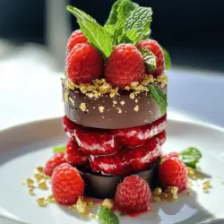 To create a stunning dessert, you need a few key ingredients. Here’s what you'll need for the Glamorous Chocolate Raspberry Tower: - 1 cup dark chocolate chips - 1 cup heavy cream - 2 tablespoons powdered sugar - 2 cups fresh raspberries - 1 teaspoon vanilla extract - 1 tablespoon lemon juice - Edible gold leaf for decoration (optional) - Mint leaves for garnish These ingredients blend to form rich flavors and textures. The dark chocolate and raspberries shine together. When selecting chocolate, go for quality. Use high-percentage dark chocolate chips. This choice gives a deep, rich flavor. Fresh raspberries should be plump and bright. They should have no soft spots. Quality ingredients make a big difference in taste. Garnishes can elevate your dessert. Consider using edible gold leaf for a touch of luxury. Fresh mint leaves add color and a fresh aroma. You can also drizzle more raspberry sauce on top. These small touches make your dessert look and taste even better. For the complete recipe, check out the Full Recipe. 1. Start by heating 1/2 cup of heavy cream in a small saucepan. Use medium heat until it just begins to simmer. 2. Remove the pan from the heat and add 1 cup of dark chocolate chips. Let them sit for 2 minutes. 3. Stir the mixture until the chocolate is smooth and melted. 4. In another bowl, whip the remaining 1/2 cup of heavy cream with 2 tablespoons of powdered sugar. Whip until soft peaks form. 5. Gently fold the whipped cream into the chocolate mixture. Ensure there are no lumps. Set this aside to chill for at least 30 minutes. 1. Combine 2 cups of fresh raspberries, 1 teaspoon of vanilla extract, and 1 tablespoon of lemon juice in a blender. 2. Blend until smooth. If you want a smooth sauce, strain this mixture using a fine mesh sieve. This removes the seeds. 1. Take a 2-inch round pastry ring and place it on a serving plate. 2. Start with a layer of chocolate mousse. Follow this with a drizzle of raspberry sauce and a few fresh raspberries. 3. Repeat these layers until the ring is filled. Finish with mousse on top. 4. Carefully remove the pastry ring. Decorate the top with more raspberry sauce, fresh raspberries, and sprinkle edible gold leaf if desired. 5. Garnish with mint leaves to add color and freshness. These steps will help you create a stunning dessert that impresses your guests. For the complete recipe, refer to [Full Recipe]. To get the best chocolate mousse, use high-quality dark chocolate. Melt it slowly to avoid burning. When you whip the cream, stop as soon as soft peaks form. This keeps the mousse light and airy. Gently fold the whipped cream into the chocolate. If you mix too hard, you lose the fluffiness. Chill the mousse for at least 30 minutes. This helps it set and enhances the texture. A beautiful dessert spread impresses guests. Use a large, white plate for contrast. The white background makes the colors pop. Layer the mousse in clear cups or jars. This shows off the stunning layers. Add fresh raspberries on top for color. A sprinkle of edible gold leaf adds a touch of class. Always use clean tools for serving. This keeps the dessert looking fresh and neat. Pair the chocolate raspberry tower with sparkling wine. The bubbles cut through the richness. You can also serve it with coffee or a rich dessert liqueur. For a fun twist, make mini versions of the tower. Serve them on a decorative tray for guests to pick up. This makes it easy to enjoy while mingling. For the full recipe, check out the Glamourous Chocolate Raspberry Tower. {{image_2}} You can change flavors easily by swapping some ingredients. Use white chocolate instead of dark chocolate for a sweeter taste. If you prefer a fruity twist, try adding orange zest to the chocolate mousse. For a nutty flavor, mix in some finely chopped hazelnuts or almonds. Instead of raspberries, you can use strawberries or blueberries. Each fruit brings a new taste and color to your dessert. Adding layers can make your dessert more exciting. Try adding a layer of crumbled cookies between the chocolate mousse layers for crunch. You can also create a layer of whipped cream on top for a fluffy finish. Consider adding a layer of lemon curd for a tart contrast. This change will enhance the overall experience and delight your guests. Decorating your dessert can make it shine. For New Year’s Eve, use edible gold leaf to add glamour. You can also sprinkle some silver edible glitter on top. Use festive shapes like stars or fireworks made from fruit or chocolate. These details can match your party theme and make your dessert a showstopper. Enjoy creating your own glamorous chocolate raspberry tower with these variations! For more details, check out the Full Recipe. After your celebration, store any leftover desserts in the fridge. Use an airtight container to keep them fresh. This way, you maintain their taste and texture. Enjoy the leftovers within three days for the best flavor. If you notice any sogginess, add a layer of parchment paper between layers before sealing. You can freeze your chocolate raspberry tower for longer storage. Wrap it tightly in plastic wrap, then place it in a freezer-safe container. This protects it from freezer burn. The dessert can last up to two months in the freezer. When ready to enjoy, thaw it overnight in the fridge. This keeps it from getting soggy. If you need to reheat a portion, do so gently. Use a microwave on low power, or warm it in an oven at a low temperature. Avoid overheating, as this can ruin the mousse's texture. Serve the dessert chilled, with fresh raspberries and a drizzle of raspberry sauce. This enhances its look and taste. For added flair, sprinkle some edible gold leaf right before serving. You can find the full recipe for this dessert in the recipe section. A dessert is 'glamorous' when it looks fancy and tastes amazing. It should have rich colors, fun textures, and unique flavors. Using high-quality ingredients helps create a luxurious feel. Presentation matters too! Add garnishes like fresh fruits, edible gold leaf, or elegant sauces. These elements make your dessert stand out and impress your guests. Yes, you can prepare the chocolate raspberry tower ahead of time. Make the chocolate mousse and raspberry sauce a day before. Store them in the fridge. Assemble the tower just before serving. This way, your dessert stays fresh and looks beautiful. It saves you time on New Year's Eve, so you can enjoy the party! You can try several other desserts for New Year's Eve. Here are a few ideas: - Mini cheesecakes with fruit toppings - Sparkling wine jello shots - Chocolate-covered strawberries - Macarons in festive colors - Tiramisu cups for a coffee twist These desserts are fun and can add a glam touch to your celebration. Each one brings unique flavors and styles to your festive table. You now have all the tools to create glamorous New Year’s Eve desserts. We covered essential ingredients, from quality chocolate to elegant garnishes. I shared step-by-step instructions for a stunning chocolate raspberry tower and gave tips to perfect the mousse and presentation. You can even vary flavors and textures for your theme. Store leftovers wisely to enjoy later. Now go and impress your guests with your delicious creations. Enjoy making memories with friends and family this New Year’s Eve!