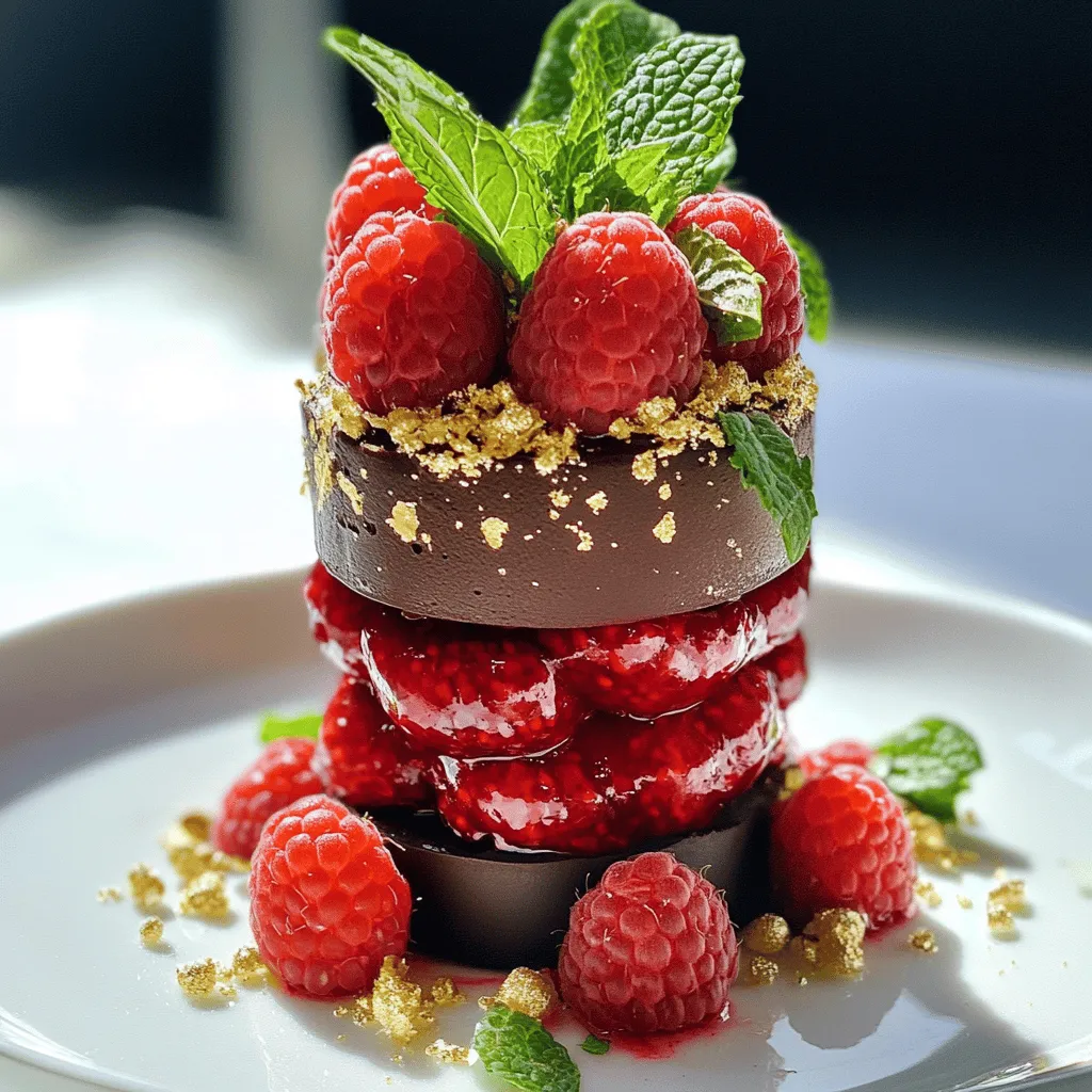 To create a stunning dessert, you need a few key ingredients. Here’s what you'll need for the Glamorous Chocolate Raspberry Tower: - 1 cup dark chocolate chips - 1 cup heavy cream - 2 tablespoons powdered sugar - 2 cups fresh raspberries - 1 teaspoon vanilla extract - 1 tablespoon lemon juice - Edible gold leaf for decoration (optional) - Mint leaves for garnish These ingredients blend to form rich flavors and textures. The dark chocolate and raspberries shine together. When selecting chocolate, go for quality. Use high-percentage dark chocolate chips. This choice gives a deep, rich flavor. Fresh raspberries should be plump and bright. They should have no soft spots. Quality ingredients make a big difference in taste. Garnishes can elevate your dessert. Consider using edible gold leaf for a touch of luxury. Fresh mint leaves add color and a fresh aroma. You can also drizzle more raspberry sauce on top. These small touches make your dessert look and taste even better. For the complete recipe, check out the Full Recipe. 1. Start by heating 1/2 cup of heavy cream in a small saucepan. Use medium heat until it just begins to simmer. 2. Remove the pan from the heat and add 1 cup of dark chocolate chips. Let them sit for 2 minutes. 3. Stir the mixture until the chocolate is smooth and melted. 4. In another bowl, whip the remaining 1/2 cup of heavy cream with 2 tablespoons of powdered sugar. Whip until soft peaks form. 5. Gently fold the whipped cream into the chocolate mixture. Ensure there are no lumps. Set this aside to chill for at least 30 minutes. 1. Combine 2 cups of fresh raspberries, 1 teaspoon of vanilla extract, and 1 tablespoon of lemon juice in a blender. 2. Blend until smooth. If you want a smooth sauce, strain this mixture using a fine mesh sieve. This removes the seeds. 1. Take a 2-inch round pastry ring and place it on a serving plate. 2. Start with a layer of chocolate mousse. Follow this with a drizzle of raspberry sauce and a few fresh raspberries. 3. Repeat these layers until the ring is filled. Finish with mousse on top. 4. Carefully remove the pastry ring. Decorate the top with more raspberry sauce, fresh raspberries, and sprinkle edible gold leaf if desired. 5. Garnish with mint leaves to add color and freshness. These steps will help you create a stunning dessert that impresses your guests. For the complete recipe, refer to [Full Recipe]. To get the best chocolate mousse, use high-quality dark chocolate. Melt it slowly to avoid burning. When you whip the cream, stop as soon as soft peaks form. This keeps the mousse light and airy. Gently fold the whipped cream into the chocolate. If you mix too hard, you lose the fluffiness. Chill the mousse for at least 30 minutes. This helps it set and enhances the texture. A beautiful dessert spread impresses guests. Use a large, white plate for contrast. The white background makes the colors pop. Layer the mousse in clear cups or jars. This shows off the stunning layers. Add fresh raspberries on top for color. A sprinkle of edible gold leaf adds a touch of class. Always use clean tools for serving. This keeps the dessert looking fresh and neat. Pair the chocolate raspberry tower with sparkling wine. The bubbles cut through the richness. You can also serve it with coffee or a rich dessert liqueur. For a fun twist, make mini versions of the tower. Serve them on a decorative tray for guests to pick up. This makes it easy to enjoy while mingling. For the full recipe, check out the Glamourous Chocolate Raspberry Tower. {{image_2}} You can change flavors easily by swapping some ingredients. Use white chocolate instead of dark chocolate for a sweeter taste. If you prefer a fruity twist, try adding orange zest to the chocolate mousse. For a nutty flavor, mix in some finely chopped hazelnuts or almonds. Instead of raspberries, you can use strawberries or blueberries. Each fruit brings a new taste and color to your dessert. Adding layers can make your dessert more exciting. Try adding a layer of crumbled cookies between the chocolate mousse layers for crunch. You can also create a layer of whipped cream on top for a fluffy finish. Consider adding a layer of lemon curd for a tart contrast. This change will enhance the overall experience and delight your guests. Decorating your dessert can make it shine. For New Year’s Eve, use edible gold leaf to add glamour. You can also sprinkle some silver edible glitter on top. Use festive shapes like stars or fireworks made from fruit or chocolate. These details can match your party theme and make your dessert a showstopper. Enjoy creating your own glamorous chocolate raspberry tower with these variations! For more details, check out the Full Recipe. After your celebration, store any leftover desserts in the fridge. Use an airtight container to keep them fresh. This way, you maintain their taste and texture. Enjoy the leftovers within three days for the best flavor. If you notice any sogginess, add a layer of parchment paper between layers before sealing. You can freeze your chocolate raspberry tower for longer storage. Wrap it tightly in plastic wrap, then place it in a freezer-safe container. This protects it from freezer burn. The dessert can last up to two months in the freezer. When ready to enjoy, thaw it overnight in the fridge. This keeps it from getting soggy. If you need to reheat a portion, do so gently. Use a microwave on low power, or warm it in an oven at a low temperature. Avoid overheating, as this can ruin the mousse's texture. Serve the dessert chilled, with fresh raspberries and a drizzle of raspberry sauce. This enhances its look and taste. For added flair, sprinkle some edible gold leaf right before serving. You can find the full recipe for this dessert in the recipe section. A dessert is 'glamorous' when it looks fancy and tastes amazing. It should have rich colors, fun textures, and unique flavors. Using high-quality ingredients helps create a luxurious feel. Presentation matters too! Add garnishes like fresh fruits, edible gold leaf, or elegant sauces. These elements make your dessert stand out and impress your guests. Yes, you can prepare the chocolate raspberry tower ahead of time. Make the chocolate mousse and raspberry sauce a day before. Store them in the fridge. Assemble the tower just before serving. This way, your dessert stays fresh and looks beautiful. It saves you time on New Year's Eve, so you can enjoy the party! You can try several other desserts for New Year's Eve. Here are a few ideas: - Mini cheesecakes with fruit toppings - Sparkling wine jello shots - Chocolate-covered strawberries - Macarons in festive colors - Tiramisu cups for a coffee twist These desserts are fun and can add a glam touch to your celebration. Each one brings unique flavors and styles to your festive table. You now have all the tools to create glamorous New Year’s Eve desserts. We covered essential ingredients, from quality chocolate to elegant garnishes. I shared step-by-step instructions for a stunning chocolate raspberry tower and gave tips to perfect the mousse and presentation. You can even vary flavors and textures for your theme. Store leftovers wisely to enjoy later. Now go and impress your guests with your delicious creations. Enjoy making memories with friends and family this New Year’s Eve!