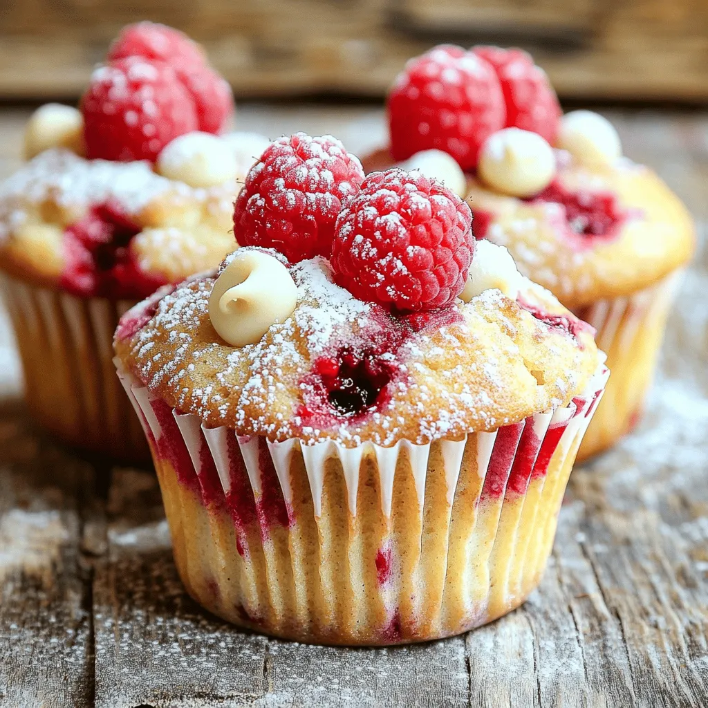 To create these delightful raspberry muffins, you need vibrant, fresh ingredients. The main star is 1 cup of fresh raspberries, bursting with sweet and tangy flavor. You'll also need 1/2 cup of white chocolate chips for that creamy sweetness. Together, these ingredients make a perfect pairing. Next, gather your dry ingredients. You need 1 1/2 cups of all-purpose flour to give structure to the muffins. Add 1/2 cup of granulated sugar for sweetness. To help the muffins rise, include 1/2 teaspoon of baking powder and 1/2 teaspoon of baking soda. Don't forget 1/4 teaspoon of salt to balance the flavors. For extra flavor, consider adding some zest. Zest of 1 lemon brightens the taste. You may also want to sprinkle a bit of powdered sugar on top for a lovely finish. If you like nuts, try adding 1/4 cup of chopped almonds or walnuts for crunch. These add-ins make each bite even more delightful! For the full recipe, check out Raspberry Bliss Muffins with White Chocolate. First, preheat your oven to 375°F (190°C). Grab a muffin pan and line it with paper liners or grease it with cooking spray. In a medium bowl, whisk together the dry ingredients: flour, sugar, baking powder, baking soda, and salt. Mix them well so they blend evenly. In a large bowl, combine the melted butter, Greek yogurt, eggs, lemon zest, and vanilla extract. Stir until the mixture is smooth. Next, add the dry ingredients to the wet mixture. Stir gently just until you see no dry flour. Be careful not to overmix, as this can make the muffins tough. Now, fold in the fresh raspberries and white chocolate chips. Make sure they are spread out in the batter. Now it's time to fill the muffin cups! Use a scoop or spoon to divide the batter evenly. Fill each cup about two-thirds full. This helps them rise without overflowing. Place the muffin pan in your preheated oven. Bake for 18 to 20 minutes. You know they are done when the tops are golden brown. A toothpick inserted in the center should come out clean. After baking, let the muffins cool in the pan for about 5 minutes. This makes them easier to remove. Then, transfer them to a wire rack to cool completely. For serving, enjoy the muffins warm. You can dust them lightly with powdered sugar for a pretty touch. Adding a few fresh raspberries on top makes them look even more inviting. For the full recipe, check out the section above! To keep your muffins light and fluffy, mix gently. Overmixing can make them tough. Combine the wet and dry ingredients until just blended. You will see some flour bits. That's okay! Don't worry. The raspberries and white chocolate will spread flavor as they bake. Once baked, let your muffins cool completely. Store them in an airtight container. They stay fresh at room temperature for about three days. If you want to keep them longer, freeze them. Just wrap each muffin in plastic wrap and place them in a freezer bag. Want to take your muffins to the next level? You can add a bit of almond extract for a nutty taste. Consider stirring in a handful of chopped nuts for crunch. A sprinkle of cinnamon can also add warmth. These little tweaks can make your Raspberry Muffins with White Chocolate even more special. Check out the Full Recipe for more ideas! {{image_2}} If you have dietary needs, don't worry. You can easily adjust this recipe. For a gluten-free option, use a 1:1 gluten-free flour blend. This works well for the texture. If you want to make it dairy-free, swap the butter for coconut oil and use a dairy-free yogurt. For vegan muffins, replace the eggs with flaxseed meal or applesauce. Just mix one tablespoon of flaxseed with three tablespoons of water for each egg. Let it sit for a few minutes until it thickens. Raspberry and white chocolate is a classic mix, but you can try new flavors. Add lemon zest for a fresh twist. It brightens the muffins and adds zing. You can also mix in some chopped nuts, like almonds or walnuts, for crunch. If you want a chocolate boost, use dark chocolate chips instead of white. They pair well with raspberries, giving a rich taste. These muffins are perfect for breakfast or a snack. Serve them warm with butter or cream cheese for a tasty treat. You can also top them with yogurt and fresh berries for a filling breakfast. If you're on the go, pack them in a lunchbox. They make a great snack for kids and adults alike. For a fun twist, try making mini muffins. They bake faster and are easy to grab. You can find the full recipe above to get started on these delicious muffins! To keep your raspberry muffins fresh, place them in an airtight container. Store them at room temperature for up to three days. If you want to keep them longer, the fridge works too. Just remember, refrigeration can dry them out. A simple fix is to wrap them in plastic wrap first. You can freeze these muffins easily. First, let them cool completely. Once cool, wrap each muffin in plastic wrap. Then, place them in a freezer-safe bag. Label the bag with the date. They can last in the freezer for up to three months. This way, you can enjoy a delightful treat anytime. To enjoy your frozen muffins, take one out and let it thaw at room temperature. This should take about an hour. If you want it warm, you can pop it in the microwave for 15-20 seconds. For a crispy top, try reheating in the oven at 350°F (175°C) for about 5-10 minutes. This will make it taste fresh-baked again! Yes, you can use frozen raspberries. They work well in this recipe. Just remember to toss them in a bit of flour before adding them to the batter. This helps them not sink during baking. Frozen raspberries may make the muffins a bit wetter. Adjust the baking time if needed. If you don’t have Greek yogurt, you can use regular yogurt. Sour cream is another good choice. Both will keep the muffins moist and tasty. You can also try applesauce for a lighter option. Just keep the same amount as in the recipe. These muffins can last about 3 days at room temperature. Store them in an airtight container to keep them fresh. If you want them to last longer, put them in the fridge. They will stay good for about a week that way. Yes, you can easily make these muffins gluten-free. Substitute all-purpose flour with a gluten-free blend. Make sure the blend contains xanthan gum for better texture. You can also find almond or coconut flour options, but adjust the liquid if needed. Check out the Full Recipe for more tips on gluten-free baking. This blog explains how to make delicious raspberry muffins from scratch. You learned about the best fresh and dry ingredients, along with optional add-ins. The step-by-step instructions guide you from mixing the batter to storing your muffins. I shared tips to keep you from overmixing and ideas for tasty variations. In short, you now have everything needed to bake and enjoy these treats. So grab your ingredients and get baking! You’ll love the result!