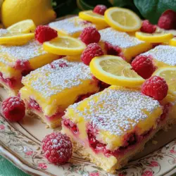 For the perfect raspberry lemon bars, you need these simple and fresh ingredients: - 1 cup all-purpose flour - 1/2 cup powdered sugar - 1/4 teaspoon salt - 1/2 cup unsalted butter, melted - 2 large eggs - 1 cup granulated sugar - 1/4 cup fresh lemon juice (about 2 lemons) - Zest of 1 lemon - 1 cup fresh raspberries (you can use frozen if thawed) - 1 teaspoon baking powder - 1/2 teaspoon vanilla extract - Additional powdered sugar for dusting Each ingredient plays a role. The flour gives structure, while the sugar sweetens the tartness of the lemons. Fresh lemon juice and zest bring bright, zesty flavor. Raspberries add a sweet-tart burst. You can easily find these ingredients at any grocery store. I always choose fresh lemons and raspberries for the best taste. If you want to make these bars gluten-free, just swap the all-purpose flour for a gluten-free blend. You can find the full recipe above to guide you through the steps. - Preheat the oven to 350°F (175°C). - Grease or line an 8x8 inch baking pan. First, I whisk together 1 cup of all-purpose flour, 1/2 cup of powdered sugar, and 1/4 teaspoon of salt in a bowl. Then, I mix in 1/2 cup of melted unsalted butter until the mixture looks crumbly. Next, I press this mixture firmly into the bottom of the prepared pan. This forms a nice crust for the bars. In a large bowl, I combine 2 large eggs and 1 cup of granulated sugar. I whisk them until well mixed. Then, I stir in 1/4 cup of fresh lemon juice, the zest of 1 lemon, and 1/2 teaspoon of vanilla extract. This filling will give our bars a zesty kick. Now, I gently fold in 1 cup of fresh raspberries along with 1 teaspoon of baking powder. I take care not to break the raspberries as I mix them in. This adds a burst of flavor and color to our bars. Next, I pour the lemon and raspberry mixture over the crust. I then bake the whole thing for 20-25 minutes. The edges should set while the center has a slight jiggle. To check for doneness, I insert a toothpick into the filling. It should come out clean or with just a few moist crumbs. Once baked, I remove the pan from the oven and let it cool at room temperature. After it cools, I place it in the fridge for at least 1 hour. This helps the bars firm up. When ready to serve, I dust the top with extra powdered sugar and cut it into squares. Enjoy the sweet and tangy flavor of these raspberry lemon bars! For the full recipe, check the earlier section. - Always use eggs at room temperature. This helps them mix in better. Cold eggs can make the filling less smooth. - Fresh raspberries give the best taste. Look for bright red, plump berries for great flavor. Frozen raspberries work too, but thaw them first. - Dust the top with powdered sugar for a sweet touch. - Add fresh berries or lemon slices on top for a nice look. This makes your bars pop on the plate. - Serve these bars chilled for the best taste. - You can change the lemon juice to fit your taste. More lemon juice makes it tart, while less gives a sweeter taste. - If you like sweeter bars, add more sugar to the filling. Just be careful not to overdo it. - Balance the flavors for a perfect bite. Enjoy the bright and zesty delight of these bars! Check out the Full Recipe for complete steps and ingredients. {{image_2}} You can switch up the flavor with some easy swaps. Try using blueberries or blackberries instead of raspberries. These berries add a new taste and color. You can also add coconut or almond extract to the lemon mix. This will give your bars a unique twist. If you need a gluten-free version, it's simple! Just use gluten-free all-purpose flour instead of regular flour. This swap keeps the texture nice and light. You won’t lose any flavor, and everyone can enjoy them. Want a vegan option? I have you covered! Replace the eggs with flaxseed meal or applesauce. These ingredients work well to bind everything together. Also, switch butter for coconut oil. This keeps the bars moist while adding a hint of coconut flavor. For the full recipe, check out the details above! To keep your raspberry lemon bars fresh, store them in an airtight container. Place them in the refrigerator. This helps to maintain their bright and zesty flavor. Make sure to cover them well to avoid drying out. If you want to keep your bars longer, freeze them. Wrap each bar individually in plastic wrap. Then, store them in a freezer-safe container. This method keeps them fresh for months. When you’re ready to eat, thaw them in the fridge overnight. Raspberry lemon bars last up to a week in the fridge. In the freezer, they can last up to three months. This makes them great for meal prep or special treats. Enjoy the sweet and tangy taste anytime! For the full recipe, check the earlier section. Yes, ensure they are thawed completely before adding. Frozen raspberries work well in this recipe. They save time and can still offer great flavor. Just remember to drain any excess water after thawing. Check for set edges and a slight jiggle in the center; a toothpick should come out clean. The edges will firm up first, while the middle stays a bit soft. This balance gives the bars their perfect texture. Absolutely! They are best when made a day in advance and chilled. This allows the flavors to mix well and the bars to firm up nicely. It’s a great way to save time for events or gatherings. You can enjoy them cold, making them a refreshing treat! These raspberry lemon bars bring bright flavors and a delightful mix of tartness and sweetness. We discussed the simple ingredients, step-by-step methods, and helpful tips to perfect your bars. Remember, using fresh raspberries can elevate the taste. You can also experiment with flavors or make them gluten-free or vegan. Store them well to enjoy for days. Now you can create this treat with ease and share it with friends and family!