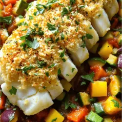 - 4 cod fillets (about 6 oz each) - 2 tablespoons olive oil (for cod) - 1 cup breadcrumbs - 1/4 cup grated Parmesan cheese - 2 tablespoons fresh parsley, chopped - 2 tablespoons fresh basil, chopped - 1 teaspoon garlic powder - Salt and pepper, to taste - 1 medium eggplant, diced - 1 zucchini, diced - 1 bell pepper (red or yellow), diced - 1 onion, diced - 2 cloves garlic, minced - 1 can (14 oz) diced tomatoes (no salt added) - 1 teaspoon dried thyme - 1 teaspoon dried oregano - Pinch of red pepper flakes (optional) - Calories: Approx. 350 per serving - Protein: 30g - Fat: 12g - Carbohydrates: 30g In this recipe, I combine fresh cod with a colorful and tasty ratatouille. For the cod, I use fillets that are about 6 ounces each. They are perfect to soak up flavors. I coat them with olive oil, breadcrumbs, and cheese. This gives each piece a crispy and savory crust. For the ratatouille, I pick fresh vegetables. Eggplant, zucchini, bell pepper, onion, and tomatoes work best. I love to add garlic and herbs for extra flavor. The spices like thyme and oregano bring warmth and depth to the dish. This recipe is packed with nutrients. Cod offers lean protein, while the ratatouille provides vitamins and fiber. Each bite is not only delicious but also good for you. You can find the full recipe to follow along easily. Enjoy cooking! - Preheat your oven to 400°F (200°C). - Heat 2 tablespoons of olive oil in a skillet. Sauté the diced onion until it turns translucent, about 3-4 minutes. - Next, add the diced eggplant, zucchini, and bell pepper. Cook these for 5-7 minutes, stirring occasionally. - Stir in the minced garlic, diced tomatoes, thyme, oregano, and a pinch of salt and pepper. - Allow it to simmer for 10-15 minutes until the vegetables become tender. The tomatoes will add a nice sauce to the mix. - In a bowl, mix breadcrumbs, grated Parmesan, parsley, basil, garlic powder, salt, and pepper. - Coat each cod fillet with olive oil. Press the breadcrumb mixture onto each fillet, ensuring they are well-covered. - Place the cod on a baking sheet lined with parchment paper. Bake for 12-15 minutes. The cod should flake easily and the topping should look golden. Serve the cod on a bed of ratatouille for a flavorful meal. For the full recipe, check the details provided above. - Use a light hand when coating with the breadcrumb mix. This keeps it even. - Keep an eye on the baking time. Overcooked cod can turn dry. - Try seasonal vegetables for more flavor. Fresh veggies have the best taste. - Add fresh herbs like basil or parsley near the end. This boosts aroma. - Serve with crusty bread for a nice bite. A light salad pairs well too. - Garnish your plate with fresh herbs. It adds color and makes it pretty. Enjoy making your Cod with Ratatouille! For the full recipe, check out the [Full Recipe]. {{image_2}} You can switch the cod for other white fish like haddock or tilapia. Both options work well and add their unique taste. If you prefer a vegetarian meal, just leave out the cod entirely. The ratatouille stands strong on its own. For a Mediterranean twist, add olives or capers to your ratatouille. They bring a salty richness that enhances the dish. You can also add a splash of balsamic vinegar. This provides a nice depth of flavor that balances the vegetables. Grilling the cod gives it a smoky flavor that many enjoy. Just brush the fillets with olive oil and place them on the grill. For the ratatouille, consider using a slow cooker. This method allows the flavors to blend beautifully, creating a rich and satisfying dish. Try these variations to make the recipe your own. For the full recipe, check the section above! Store any leftover cod and ratatouille in an airtight container. This helps keep the food fresh. Make sure to eat it within 3 days for the best taste. If you have more leftovers, freezing is a great option. Freeze the cod and ratatouille separately. This method keeps each part at its best. Use them within 2 months for optimal flavor. When it's time to eat again, gently reheat the dish in the oven. This method keeps the texture nice and flaky. Avoid using the microwave, as it can make the cod rubbery. Enjoy your meal as if it were fresh! Yes, you can prepare the ratatouille and the cod separately. Cook the ratatouille a few hours in advance. Store it in the fridge. When ready, just reheat it. You can coat the cod fillets and bake them fresh. This keeps the cod crispy. Yes, cod is a great choice for meals. It is low in calories and high in protein. This makes it perfect for a balanced diet. Cod also provides essential nutrients. It supports muscle growth and overall health. Consider serving a simple green salad. A light salad adds freshness to the meal. You can also try steamed vegetables. They complement the flavors of cod and ratatouille well. Enjoy your meal with crusty bread for an extra treat! For the full recipe, refer to the section above. This blog post covered how to prepare cod with ratatouille. I shared the needed ingredients and clear steps to make this tasty dish. You learned tips to enhance flavors and options for variations. Storage info helps keep leftovers fresh. Cooking at home not only saves money but also brings joy. Try this recipe to enjoy healthy and flavorful meals. Your kitchen can bring you great meals and smiles!