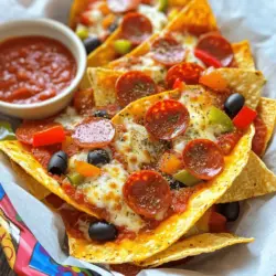 - 2 large flour tortillas - 1/2 cup pizza sauce - 1 cup shredded mozzarella cheese - 1/4 cup pepperoni slices - 1/4 cup diced bell peppers (red and green) - 1/4 cup sliced black olives - 1 teaspoon dried oregano - 1 teaspoon garlic powder - 1 tablespoon olive oil - Salt and pepper to taste To make these pizza chips, gather your ingredients. Start with two large flour tortillas. They are the base of your chips. Next, grab a half cup of pizza sauce. This adds that classic pizza flavor. You will need a cup of shredded mozzarella cheese. This cheese melts well and gives that gooey texture. For more flavor, get a quarter cup of pepperoni slices. You can also add diced bell peppers. Use both red and green for color and taste. Don't forget about black olives! A quarter cup will do. For seasoning, add one teaspoon each of dried oregano and garlic powder. Finally, you'll need one tablespoon of olive oil and some salt and pepper to enhance the taste. Each serving has about 200 calories. The breakdown is as follows: - Fats: 10g - Proteins: 8g - Carbohydrates: 20g These pizza chips give you great taste without too many calories. They are a fun snack for kids and adults alike. If you want a gluten-free option, use corn tortillas. They work just as well. For a dairy-free alternative, try using vegan cheese. This way, everyone can enjoy these pizza chips. 1. Preheat your oven to 400°F (200°C). This makes the chips crispier. 2. Take two large flour tortillas. Lay them flat on a cutting board. 3. Brush one side of each tortilla lightly with olive oil. This helps them get crunchy. 4. Flip the tortillas over. Spread pizza sauce evenly on the dry side. 5. Sprinkle shredded mozzarella cheese generously over the sauce. Make it cheesy! 6. Add pepperoni slices, diced bell peppers, and black olives evenly on the cheese. 7. For extra flavor, sprinkle dried oregano, garlic powder, salt, and pepper on top. 8. Place the tortillas on a baking sheet lined with parchment paper. 9. Bake for about 10-12 minutes. Look for golden edges and bubbling cheese. 10. Remove the baking sheet from the oven. Let the pizza chips cool for a few minutes. 11. Once cool, cut the tortillas into chip-sized wedges. 12. Serve the pizza chips in a fun basket. Add a small bowl of pizza sauce for dipping. You can find the full recipe in the earlier sections. Enjoy your crunchy snack! To make your pizza chips extra crispy, set your oven to 400°F (200°C). This high heat helps the chips crisp up nicely. Brush the tortillas with olive oil on one side before adding toppings. This oil promotes even crisping. When baking, place the chips on a lined baking sheet, keeping space between them. This allows hot air to circulate around each chip. Want to kick up the flavor? Try adding toppings like sliced jalapeños or cooked sausage. You can also mix in some fresh basil or parsley. Spices like crushed red pepper or Italian seasoning can add a nice kick. Experiment with different cheese types, too! Cheddar or feta can change the taste profile. For a fun presentation, serve your pizza chips in a bright basket. Line it with parchment paper to keep things tidy. Pair them with a small bowl of pizza sauce for dipping. You can also serve with ranch or garlic dip for variety. Enjoy these chips as a tasty snack or a party appetizer! {{image_2}} You can change up the flavors of your pizza chips easily. Here are some ideas: - BBQ Chicken Pizza Chips: Use BBQ sauce instead of pizza sauce. Add cooked, shredded chicken and a mix of cheese. Sprinkle some red onion and cilantro on top for extra flavor. - Veggie Lover's Pizza Chips: Load up on fresh veggies. Use a mix of bell peppers, mushrooms, zucchini, and spinach. Top with mozzarella and some Italian herbs for a tasty bite. Pizza chips can be sweet too! Try these options: - Dessert Pizza Chips: Spread Nutella or cream cheese instead of pizza sauce. Top with mini marshmallows, chocolate chips, and drizzle with caramel. Bake until warm and gooey. - Using fruit and sweet toppings: Add sliced strawberries or bananas on top of your base. A sprinkle of cinnamon and sugar can give a lovely sweet touch. You can also match your pizza chips to the seasons: - Holiday-themed ingredients: For fall, add pumpkin puree and top with feta cheese. For winter, try a cranberry and brie topping. - Incorporating seasonal produce: Use fresh herbs and veggies that are in season. Think of summer tomatoes or spring asparagus for a fresh twist. Get creative with these variations! You can mix flavors to make your own perfect snack. For the full recipe, check out the recipe section. To keep your pizza chips fresh, store them in an airtight container. This helps prevent moisture and keeps them crispy. I recommend using a glass or plastic container with a tight lid. If you have a lot of chips, you can layer them with parchment paper. This keeps them from sticking together. When it's time to enjoy your leftover pizza chips, reheating them correctly is key. The best way is to use an oven or a toaster oven. Preheat the oven to 350°F (175°C). Place the chips on a baking sheet for about 5 to 7 minutes. This method helps them regain their crunch. If you want to save pizza chips for later, you can freeze them. Let the chips cool completely, then layer them in a freezer-safe bag. Remove as much air as you can before sealing. For thawing, take them out and let them sit at room temperature for about 30 minutes. Reheat them as mentioned above. This way, you can enjoy your tasty snack anytime! Pizza chips stay fresh for up to a week. Store them in an airtight container. They can lose their crunch if left out. So, keep them sealed! Yes, you can use an air fryer! Preheat your air fryer to 350°F. Place the tortilla pieces inside, making sure they do not overlap. Cook for about 8-10 minutes. Check often to avoid burning. This method gives a nice crunch! Yes, but it depends on the tortillas you use. Look for gluten-free tortillas at the store. They work just as well! Always check the ingredients to be sure. Some great brands include: - Pringles: They have a pizza flavor that many love. - Pizza Chips: This brand offers a crunchy, flavorful option. - Snack Factory: Known for their thin, crispy pizza crisps. These brands are easy to find and taste great! You now have a tasty and fun recipe for pizza chips, easy to customize. We covered the ingredients, cooking steps, and tips for flavor and crispiness. You learned how to store and reheat your chips too. Whether you stick with classic toppings or try sweet variations, these pizza chips are sure to please. Enjoy making them for snacks or parties! Dive in and have fun creating your own unique versions. Your kitchen adventures await!