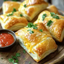 - 1 can (8 oz) refrigerated crescent roll dough - 1 cup shredded mozzarella cheese - 1/2 cup cream cheese, softened - 2 tablespoons grated Parmesan cheese - 2 cloves garlic, minced - 1 tablespoon fresh parsley, finely chopped (or 1 teaspoon dried parsley) - 1 teaspoon onion powder - 1/2 teaspoon salt - 1/4 teaspoon black pepper - 1 tablespoon butter, melted These ingredients create a tasty treat that is easy to make. The crescent roll dough gives a nice base. The mix of cheeses adds creamy flavor. The garlic and seasonings bring everything together. If you want to change things up, you can swap the crescent roll dough. Use puff pastry or biscuit dough instead. For cheese, try cheddar or gouda. Each cheese adds a different taste. If you do not have fresh herbs, dried ones work too. Just use less, as dried herbs are more potent. You will need some basic tools to make these rolls. Gather mixing bowls and spoons for blending the cheese. A baking sheet with parchment paper helps with easy cleanup. If you want, a rolling pin can help flatten the dough better, but it is not a must. 1. First, preheat your oven to 375°F (190°C). This step is crucial for even baking. Next, line a baking sheet with parchment paper. This helps prevent sticking. 2. Now, let's make the cheese filling. In a mixing bowl, combine the following ingredients: - 1 cup shredded mozzarella cheese - 1/2 cup cream cheese, softened - 2 tablespoons grated Parmesan cheese - 2 cloves garlic, minced - 1 tablespoon fresh parsley, finely chopped (or 1 teaspoon dried parsley) - 1 teaspoon onion powder - 1/2 teaspoon salt - 1/4 teaspoon black pepper Mix these until well combined and set aside. This filling adds a rich and creamy taste. 3. Roll out the crescent roll dough on a clean surface. Carefully separate it into triangles, following the packaging instructions. 4. Take a generous spoonful of the cheese mixture and place it at the wide end of each triangle. Make sure to spread it out a bit for even flavor. 5. Carefully roll the dough from the wide end to the tip of the triangle. Make sure to encase the cheese filling completely. Pinch the edges to seal them well. 6. Place the rolled crescent rolls on your prepared baking sheet. Make sure the tips face down. This stops them from unrolling as they bake. 7. Brush the tops of the rolls with melted butter. This adds flavor and gives them a golden color when baked. 8. Bake in the preheated oven for 12-15 minutes. Check for doneness when they are puffed and golden brown. 9. Allow them to cool for a few minutes before serving. The cheese filling will be very hot! These cheesy garlic crescent rolls are easy to make and full of flavor. For the full recipe and more tips, check the Full Recipe section. To make the cheese filling even tastier, use fresh garlic. It adds a strong flavor that makes each bite pop. You can also mix in different cheeses. Try adding cheddar or gouda for a twist. To avoid spills, don't overfill the rolls. A spoonful of filling at the wide end works best. Pinch the edges tightly to seal them well. This keeps the cheesy goodness inside while baking. Brushing the rolls with melted butter gives them a nice shine and flavor. Use a pastry brush for even coverage. This step is key for that golden color. Set your oven to 375°F (190°C) for optimal browning. Keep an eye on the rolls as they bake. You want them puffed and golden, usually around 12 to 15 minutes. These cheesy garlic crescent rolls pair great with marinara sauce. The warm, cheesy bites dipped in sauce are heavenly. For a fun presentation, arrange the rolls on a colorful platter. Sprinkle extra chopped parsley on top for a fresh look. Serve with a side of dipping sauce for an extra treat. {{image_2}} You can change the cheese in this recipe for a new taste. Try using cheddar, gouda, or even feta. Each cheese gives a unique flavor. You can also mix different cheeses for a rich taste. Adding spices or herbs can boost the flavor. For example, mix in some Italian seasoning or red pepper flakes. These small changes can make a big impact on your rolls. If you need gluten-free options, use gluten-free crescent roll dough. Many brands offer this choice. You can also make vegan alternatives. Replace cream cheese with a plant-based cream cheese. Use vegan cheese for the mozzarella and Parmesan. This way, everyone can enjoy the rolls, no matter their diet. Adding vegetables or meats can make these rolls even better. Chopped spinach or diced bell peppers work well. You can also add cooked sausage or bacon for a meaty twist. If you like spice, add jalapeños or crushed red pepper. These options let you customize the rolls to match your taste. Enjoy experimenting with flavors! To keep your cheesy garlic crescent rolls fresh, store them in an airtight container. Place a paper towel in the container to absorb moisture. This helps prevent sogginess. Refrigerate the rolls within two hours of baking for best results. They stay good for three to four days. When you want to enjoy them again, the oven is your best friend. Preheat it to 350°F (175°C). Place the rolls on a baking sheet and cover them with foil. This keeps the cheese from drying out. Bake for about 10 minutes or until warm. If you want to crisp them up, remove the foil for the last two minutes. You can freeze these rolls either cooked or uncooked. For uncooked rolls, wrap each one in plastic wrap and place them in a freezer bag. They last for up to two months. When you’re ready, thaw them in the fridge overnight before baking. For cooked rolls, let them cool completely, then freeze them in a similar way. To reheat, bake directly from frozen at 375°F (190°C) for about 15-20 minutes. Check for warmth and enjoy! Yes, you can prepare Cheesy Garlic Crescent Rolls ahead of time. First, make the filling and roll the dough as directed. Then, cover the rolls tightly with plastic wrap and refrigerate them. This keeps them fresh for up to 24 hours. When you're ready to bake, just preheat the oven and pop them in. You may need to add a few extra minutes to the baking time. This way, you enjoy a warm snack with less fuss! You can pair these rolls with many tasty options. Marinara sauce is a classic dip. It adds a nice tang to the cheesy flavor. You might also try ranch dressing for a creamy twist. Fresh veggies like carrot sticks or cucumber slices make a crunchy side. For a fun twist, serve them with a salad or soup for a complete meal. Knowing when your rolls are done is easy! Look for a golden-brown color on top. The rolls should also puff up nicely. If you tap them lightly, they should sound hollow. This means the inside is cooked well. Trust your eyes and ears, and you’ll have perfect rolls every time! You can find the Full Recipe for Cheesy Garlic Crescent Rolls [here](#). This will give you all the details you need to make this tasty snack! We explored the tasty journey of making Cheesy Garlic Crescent Rolls. We covered key ingredients, possible substitutes, and essential tools. You learned step-by-step instructions for preparation, assembly, and baking. Tips for perfecting the filling and achieving a golden color were shared. We also discussed variations, storage, and relevant FAQs. Embrace your creativity and make these rolls your own. Enjoy the fun of cooking and sharing!