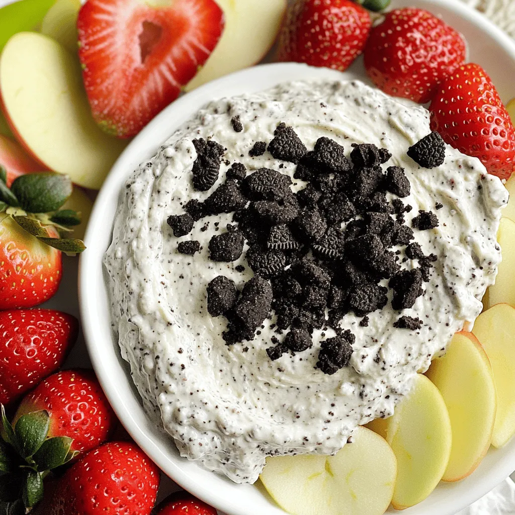 - 1 package (14.3 oz) Oreo cookies, crushed - 1 cup cream cheese, softened - 1 cup powdered sugar - 1 cup heavy whipping cream - 1 teaspoon vanilla extract - Extra crushed Oreos for topping - Fresh strawberries and apple slices for dipping These ingredients make the base of your Oreo dip. Each one plays a key role in creating that rich and creamy texture we love. The cream cheese gives it a smooth base, while the whipped cream adds fluffiness. The crushed Oreos bring in that classic flavor. - Flavored extracts (e.g., mint, almond) - Chocolate chips or sprinkles - Different types of cookies (e.g., gluten-free options) Feel free to get creative! Adding flavored extracts can change the taste profile. For a fun twist, toss in chocolate chips or sprinkles. If you need a gluten-free option, swap in your favorite cookie type. Each change makes the dip unique and delightful. First, grab a mixing bowl. Beat the cream cheese until smooth. This makes the base creamy. Next, gradually add the powdered sugar. Keep mixing until it is fully blended and creamy. Now, take another bowl. Whip the heavy cream with one teaspoon of vanilla extract. Whip until soft peaks form. This will give the dip a light texture. Gently fold the whipped cream into the cream cheese mixture. Be careful not to deflate the whipped cream. Once mixed, stir in the crushed Oreos. Make sure to save some for the top. Transfer the Oreo dip to a serving bowl. Finally, sprinkle the reserved crushed Oreos on top for decoration. Enjoy your Oreo dip with fresh strawberries and apple slices for dipping. For the full recipe, check out the details above. - Ensure cream cheese is softened for easier mixing. - Use a spatula for gentle folding of ingredients. To make the best Oreo dip, it all starts with the cream cheese. If it's cold, it can be hard to mix. I let it sit out for about 30 minutes before I start. This simple step helps you blend it smoothly with the other ingredients. When mixing, I like to use a spatula. This tool helps me fold the whipped cream into the cream cheese mix without breaking it down too much. Folding is key to keeping that light and fluffy texture. - Best served fresh with dipping options. - Chill for enhanced flavor if not served immediately. I love to serve this dip right after making it. It tastes best when it’s fresh! You can pair it with fresh strawberries and apple slices for a fun twist. If you can’t serve it right away, chilling it for a bit can help the flavors blend together. Just make sure to cover it well if it goes in the fridge. - Use fun serving bowls. - Add fresh fruits as a colorful garnish. Presentation is everything! I enjoy using bright and fun bowls to serve my Oreo dip. They attract attention and make the treat feel special. Adding fresh fruits like strawberries or apple slices not only looks great but also adds color. You can even sprinkle some extra crushed Oreos on top for a nice touch! For the full recipe, check out the details above! {{image_2}} You can have fun with the flavors in your Oreo dip. Here are some tasty ideas: - Chocolate Oreo Dip: Mix in some chocolate syrup or melted chocolate. This will make your dip even richer and more chocolatey. - Peanut Butter Oreo Dip: Add 1/2 cup of creamy peanut butter to the mix. This gives a nutty twist that pairs perfectly with chocolate. - Mint Chocolate Oreo Dip: Use mint extract instead of vanilla. This creates a cool, refreshing flavor that is great for mint lovers. Want to try some changes? Here are a few options for swaps: - Yogurt for Cream Cheese: Use Greek yogurt instead of cream cheese. This makes a lighter dip with a nice tang. - Non-Dairy Cream: If you need a dairy-free option, use coconut cream. It will still give your dip that creamy texture. Make your Oreo dip fit any celebration. Here are some fun ideas: - Halloween Oreo Dip: Add spooky decorations like gummy worms or candy eyes. This makes the dip festive and fun for kids. - Holiday Versions: For a festive touch, mix in peppermint extract or top with crushed candy canes. This adds a seasonal flair to your dip. You can find the Full Recipe for Oreo Dip to get started on these variations! To keep your Oreo dip fresh, refrigerate it in an airtight container. This will help maintain its creamy texture and flavor. Try to consume the dip within 2-3 days for the best taste. After that, the dip may lose its charm and texture. Can you freeze Oreo dip? Yes, but it’s not the best option. Freezing can change the texture. If you do freeze it, make sure it’s in a tight container. When ready to serve, let it thaw in the fridge. For the best texture, serve it straight from the fridge. How can you refresh older dip for serving? If your dip seems dry, add a little whipped cream or cream cheese. Mix it well to bring back its creaminess. You can also use the dip in new recipes, like filling for cupcakes or as a topping for brownies. There are many ways to enjoy every bit of your Oreo dip! You can dip many treats in Oreo dip. Here are my favorites: - Fresh strawberries - Apple slices - Pretzel sticks - Graham crackers - Vanilla wafers These dippers create a nice mix of flavors. Use fruit for a sweet and fresh taste. The salty pretzels give a fun twist. Try a mix of sweet and salty for extra fun. It makes every bite exciting! Yes, you can make Oreo dip ahead of time. Here are some tips: - Mix the dip and store it in the fridge. - Keep it in an airtight container. - Wait to add the crushed Oreos on top until serving. This keeps the dip fresh. It also helps the flavors blend well. Make it a few hours before your event for best taste! Oreo dip lasts about 2 to 3 days in the fridge. Keep it in a sealed container. Look for these signs of spoilage: - An off smell - A change in texture - Any mold If you see any of these signs, it is best to throw it out. Always trust your senses when it comes to food safety! Oreo dip is a fun and tasty treat made with simple ingredients. We crushed Oreos and mixed them with cream cheese and whipped cream. You can add flavors or swap ingredients to match your taste. For the best dip, use fresh dippers and serve it in a colorful bowl. Remember, leftover dip stores well in the fridge, but keep it sealed tight. Whether you make it for a party or just for fun, Oreo dip always delights. Enjoy crafting your unique dips that everyone will love!