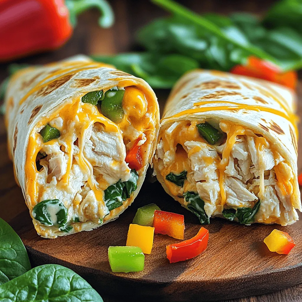 - 2 cups cooked chicken, shredded or diced - 1 cup shredded cheddar cheese - 1 cup shredded mozzarella cheese - 1 tortilla wrap (large, any type) - 1/2 cup creamy ranch dressing - 1/2 cup fresh spinach, chopped - 1/2 cup bell peppers, diced (any color) - 1/4 cup red onion, thinly sliced - Salt and pepper to taste - Olive oil for grilling When making cheesy chicken wraps, I love using fresh ingredients. You can use cooked chicken from any source. Rotisserie chicken works great and saves time. Mixing both cheddar and mozzarella gives a rich, cheesy flavor. I add ranch dressing for creaminess. Fresh spinach adds color and nutrients. Bell peppers offer a nice crunch and sweet taste. Red onion gives a bit of zing. Always taste and adjust salt and pepper for the best flavor. - Other cheese types (Monterey Jack, Pepper Jack) - Additional vegetables (corn, diced tomatoes) - Spices (garlic powder, paprika) Feel free to explore other cheese options like Monterey Jack. It melts well too. You can add corn or diced tomatoes for extra flavor and texture. Spices like garlic powder or paprika can kick it up a notch. For the full recipe, check out the Ultimate Cheesy Chicken Wraps. These wraps are simple to make and packed with taste. - In a large bowl, combine chicken with cheeses and vegetables. - Add salt and pepper to taste. - Lay the tortilla wrap flat on a clean surface. - Spoon the cheesy chicken mixture into the center of the tortilla. - Fold the sides of the tortilla over the filling. - Roll from the bottom up to create a tight wrap. - Heat a skillet over medium heat, adding a drizzle of olive oil. - Place the wrap seam-side down in the skillet. - Cook for 3-4 minutes until golden brown. - Flip and cook the other side for another 3-4 minutes until crispy. - Remove the wrap, let it cool slightly, then slice in half for serving. - Use medium heat for even cooking. - Allow cheese to melt thoroughly for maximum flavor. For the full recipe, check out the detailed steps earlier. Enjoy making your Ultimate Cheesy Chicken Wraps! - Keep the filling to a minimum to avoid overflow. Too much filling can make it hard to roll. - Press down lightly while grilling for a crispy exterior. This step helps the wrap hold its shape and adds a nice crunch. - Serve with extra ranch dressing on the side. This adds flavor and keeps things fun. - Pair with a fresh salad or veggie sticks. This lightens the meal and adds extra nutrients. - For gluten-free wraps, use corn or rice tortillas. These options work well and taste great. - For dairy-free cheese, try brands made from nuts or soy. They melt nicely and keep the cheesy vibe. Follow the [Full Recipe] for clear steps and more details on making your wraps. Enjoy every bite! {{image_2}} You can mix things up with your cheesy chicken wraps. For spicy chicken wraps, just add some jalapeños or a splash of hot sauce to the filling. This gives your wraps a nice kick. If you love BBQ, try BBQ chicken wraps. Substitute ranch dressing with your favorite BBQ sauce. It adds a sweet and smoky flavor. If you prefer a meatless meal, you can replace chicken with grilled vegetables. Bell peppers, zucchini, and mushrooms work great together. For cheese lovers, use plant-based cheese alternatives. This way, you keep the cheesy goodness while making it vegetarian-friendly. The type of wrap you use can change the whole dish. Try whole wheat, spinach, or gluten-free tortillas. Each type adds its own flavor and texture. Plus, they cater to different dietary needs. So, whether you want a healthy option or a gluten-free meal, you’ve got choices. For the full recipe, check out the Ultimate Cheesy Chicken Wraps! Store any leftover cheesy chicken wraps in an airtight container in the fridge. This keeps them fresh and safe to eat. I recommend using them within 2-3 days for the best taste. After that, they may lose flavor and texture. You can reheat these wraps in a skillet or microwave. For the skillet, heat it on medium. This helps to keep the wrap crispy. If you choose the microwave, use a paper towel to cover the wrap. This keeps moisture in and prevents it from getting too dry. You can freeze both uncooked and cooked wraps. For uncooked wraps, wrap them tightly in plastic wrap and place them in a freezer bag. For cooked wraps, let them cool first before freezing. To thaw, place them in the fridge overnight. You can also use the microwave for a quick thaw. Just be careful not to overheat, as this can make the wrap soggy. Yes, you can make these wraps ahead of time. Here are some tips for prepping ingredients in advance: - Cooked Chicken: Shred or dice your chicken and store it in the fridge. - Veggies: Chop bell peppers, onions, and spinach, then keep them in airtight containers. - Cheese: Pre-shred your cheddar and mozzarella cheese to save time. - Assembly: Wraps can be assembled a few hours before cooking. Just keep them in the fridge until ready. You can serve many delicious sides and dips with these wraps. Here are some ideas: - Extra Ranch Dressing: A classic dip that pairs well with the cheesy flavor. - Fresh Salad: A light salad with greens and a vinaigrette adds freshness. - Veggie Sticks: Carrot and cucumber sticks offer a crunchy contrast. - Chips: Tortilla chips with salsa or guacamole add fun to the meal. Yes, leftover rotisserie chicken is perfect for these wraps. Here’s how to use it effectively: - Shred the Chicken: Remove the skin and shred the meat. - Mix with Ingredients: Combine the shredded chicken with cheese and veggies as directed in the recipe. - Flavor Boost: The rotisserie chicken adds great flavor, so you might want to adjust seasonings slightly. You can easily adjust the spice level to your liking. Here are some options: - Milder Wraps: Use less ranch dressing or choose a mild cheese. - Spicy Wraps: Add jalapeños, hot sauce, or a sprinkle of cayenne pepper. - Taste Test: Always taste your mixture before wrapping to get it just right. In this post, we explored making the Ultimate Cheesy Chicken Wraps. You learned about the key ingredients, easy steps, and tips for perfecting your wraps. Remember to keep fillings simple and grill them well for that perfect crunch. This dish is not only tasty but also customizable. You can adjust it to fit your diet or personal taste. Whether you enjoy it spicy or mild, it’s a fun meal for everyone. Try these ideas next time to create a wrap that you love!