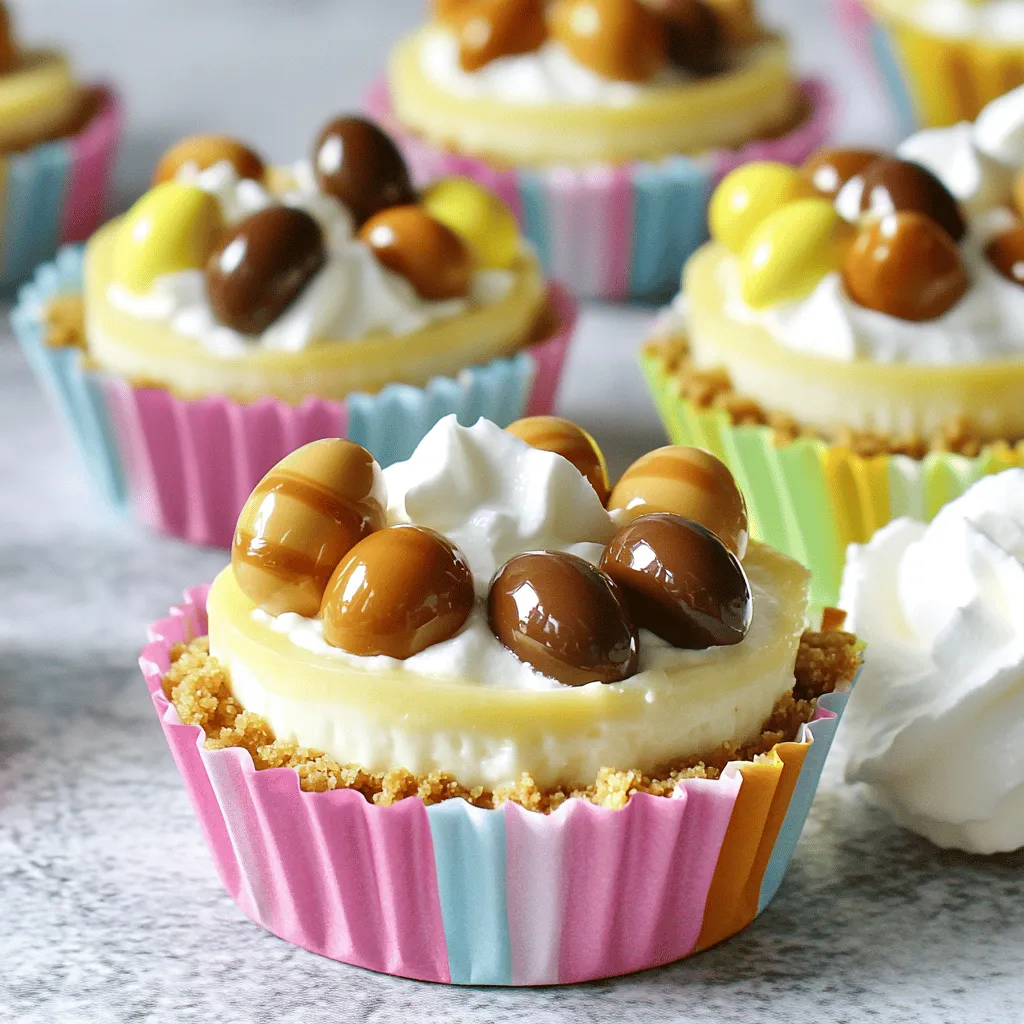 For my No Bake Mini Egg Cheesecakes, I use these simple ingredients: - 1 cup crushed graham crackers - 1/4 cup unsalted butter, melted - 2 cups cream cheese, softened - 1 cup powdered sugar - 1 teaspoon vanilla extract - 1 cup heavy cream - 1/2 cup mini chocolate or caramel eggs (for decoration) - Optional: Whipped cream for serving You can swap graham crackers with digestive biscuits for a different taste. If you don’t have unsalted butter, salted butter works too. For a lighter version, use low-fat cream cheese. You can also replace heavy cream with a non-dairy whipped topping. If you want to cut sugar, use a sugar substitute like stevia or erythritol. Mini eggs can be switched with fruit or nuts for unique flavors. Each ingredient plays a key role in this cheesecake. The graham crackers form a crunchy base. The butter helps hold the crust together. Cream cheese gives the cheesecake its creamy texture and rich flavor. Powdered sugar sweetens the mix and helps it blend smoothly. Vanilla extract adds a lovely aroma. Heavy cream makes the filling light and fluffy. Finally, mini chocolate or caramel eggs make the dessert fun and festive. They also add a sweet bite on top of the rich cheesecake. For the complete recipe, check the [Full Recipe]. To start, gather your ingredients. You will need 1 cup of crushed graham crackers and 1/4 cup of melted butter. Mix them in a medium bowl. Make sure the crumbs are well-coated with butter. This mix will form the base of your cheesecake. Line a muffin tin with cupcake liners. Press about 2 tablespoons of the graham cracker mix into the bottom of each liner. This step is key for a sturdy crust. Set aside the muffin tin while you work on the filling. Now, let’s make the filling. In a large mixing bowl, beat 2 cups of softened cream cheese until smooth. Add 1 cup of powdered sugar and 1 teaspoon of vanilla extract. Mix until everything blends well. In a separate bowl, whip 1 cup of heavy cream until you see soft peaks. This will add lightness to your filling. Gently fold the whipped cream into the cream cheese mixture. Be careful not to deflate the whipped cream too much. This step creates a fluffy texture for your cheesecake. Next, it’s time to assemble. Spoon the cheesecake filling into each cupcake liner over the graham cracker crust. Spread it evenly, filling each liner to the top. Give the tin a light tap on the counter. This helps level out the filling and remove any air bubbles. Place the mini cheesecakes in the fridge for at least 4 hours. They need time to set properly. Once set, carefully remove them from the muffin tin. Peel away the liners gently. Top each mini cheesecake with mini chocolate or caramel eggs for a fun touch. Optionally, serve with a dollop of whipped cream for extra creaminess. For the full recipe, check the earlier section. To make the perfect whipped cream, start with cold heavy cream. Use a clean bowl and beaters. Whip on medium speed until soft peaks form. This takes about 3 to 5 minutes. Don’t over-whip, or it can turn into butter. If you want a sweeter taste, add sugar as you whip. A little vanilla extract adds flavor, too. One common mistake is not using room temperature cream cheese. Cold cream cheese won’t mix well. It can make your filling lumpy. Another mistake is overfilling the cupcake liners. Leave some space for the filling to expand. Finally, don’t skip chilling time. Letting the cheesecakes set is key for the best texture. Garnishing your mini cheesecakes makes them look special. Use mini chocolate or caramel eggs for a fun touch. Fresh fruit like strawberries or raspberries adds color. You can also drizzle chocolate sauce on top. For a fancy touch, add a dollop of whipped cream. This makes the dessert even more inviting. You can find the full recipe here. {{image_2}} You can really have fun with toppings! Try using fresh fruit like strawberries or raspberries. They add a nice pop of color and flavor. You can also use crushed cookies like Oreos for a chocolate twist. If you want something unique, consider adding a drizzle of caramel or chocolate sauce. This makes each bite even more special. You can change the sweetness to fit your taste. If you like it less sweet, reduce the powdered sugar in the filling. You can also swap out the vanilla for almond extract. Almond gives a warm, nutty flavor that many enjoy. Adding lemon juice can brighten the taste, too. Just a teaspoon can make a big difference. These mini cheesecakes work for any event! For birthdays, use colorful sprinkles on top. For holidays, like Easter, stick with pastel-colored eggs. You can even make them for a summer picnic. Just serve them with fresh berries and mint leaves. They are easy to transport and always a hit. Check out the Full Recipe for more ideas on how to customize your mini egg cheesecakes! To keep your mini egg cheesecakes fresh, place them in an airtight container. Store them in the fridge for up to five days. Make sure each cheesecake is covered to prevent drying out. You can freeze these treats too! After they set, wrap each cheesecake in plastic wrap. Place them in a freezer-safe bag or container. They will stay good for up to three months. When you want to eat one, just thaw it in the fridge overnight. To keep the best flavor and texture, avoid refreezing them. Always thaw them gently in the fridge. This way, they stay creamy and delicious. If you plan to freeze them, skip adding toppings until you are ready to serve. This keeps your mini cheesecakes looking fresh and tasty. For the full recipe, check out the previous sections. You can't use real eggs in this no-bake cheesecake. The recipe uses mini chocolate or caramel eggs for decoration only. These candies give a fun touch and sweet flavor. You can also try different kinds of toppings, like fruit or nuts, instead of eggs. These mini cheesecakes stay fresh in the fridge for about five days. Just keep them in an airtight container. After that, they might lose their creamy texture. If you want to enjoy them later, consider freezing them. Yes! You can make this recipe dairy-free. Use dairy-free cream cheese and coconut cream instead of heavy cream. Both will give you a delicious taste and creamy texture. Check labels to ensure other ingredients are dairy-free. We explored the key ingredients needed for tasty mini egg cheesecakes and their roles. I shared step-by-step instructions for making the crust and filling, plus tips for great whipped cream. We also discussed how to avoid mistakes and offered garnishing ideas. For variety, I covered alternative toppings and sweetness adjustments. Lastly, I provided storage tips to keep your treats fresh. Now, you can confidently create these mini cheesecakes for any occasion. Your friends and family will love them!