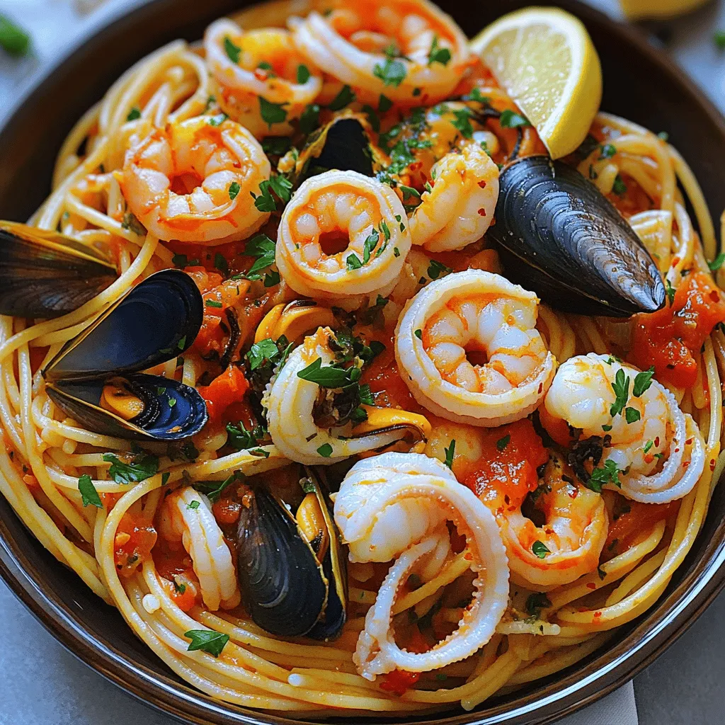 - Spaghetti or Linguine: Choose either pasta type. They both work well. Spaghetti is long and thin, while linguine is slightly wider. - Shrimp, Mussels, and Calamari: These seafood options give the dish its name. Use fresh or frozen. Make sure shrimp is peeled and deveined. Clean mussels and calamari before cooking. - Aromatics and Seasoning: Garlic adds a strong flavor. Red chili flakes give a nice heat. Salt and pepper balance everything. - Canned Diced Tomatoes: This ingredient adds a rich base. The tomatoes add sweetness and acidity to the sauce. - Vegetable Broth: It helps to create a flavorful sauce. Using broth instead of water enhances the dish. - Olive Oil: Use high-quality oil for sautéing. It brings everything together and adds depth. - Fresh Parsley: Chopped parsley adds a fresh taste. It brightens the dish and makes it look nice. - Lemon Zest: Zest from one lemon adds zing. It enhances the seafood flavor. - Optional Spices: You can add more chili flakes or Italian herbs for extra flavor. Adjust to your taste. This recipe is delightful and packed with flavor. For the full recipe, check out the details above. 1. Boiling Water and Salt: Fill a large pot with water. Add a generous amount of salt. Bring the water to a rapid boil. Salt adds flavor to the pasta. 2. Al Dente Cooking Time: Add spaghetti or linguine to the boiling water. Cook according to package instructions. Aim for al dente, which means firm to the bite. This usually takes about 8 to 10 minutes. 3. Reserving Pasta Water: Before draining, save one cup of the pasta water. This starchy water will help your sauce stick later. Drain the pasta in a colander. 1. Heating Olive Oil: In a large skillet, pour in three tablespoons of olive oil. Heat it over medium heat. 2. Adding Garlic and Chili Flakes: Toss in the minced garlic and red chili flakes. Sauté for about one minute. This step fills your kitchen with a wonderful aroma. 3. Achieving Fragrance: Stir the garlic and chili as they cook. You want them to be fragrant but not burnt. This mix adds depth to your dish. 1. Cooking Times for Each Type: Increase the heat to medium-high. Add shrimp, mussels, and calamari to the skillet. Cook for about 3 to 4 minutes. The shrimp will turn pink and the mussels will begin to open. 2. Watching for Visual Cues: Keep an eye on the seafood. The shrimp should be opaque. The mussels should fully open. This shows they are done. 3. Mixing in the Sauce Ingredients: Stir in the canned diced tomatoes and vegetable broth. Bring the mix to a simmer. Cook for an additional 5 to 7 minutes to blend the flavors. Season with salt, pepper, and the zest of one lemon. Follow these steps, and you'll create a rich and flavorful Frutti di Mare Pasta. For the full details, check the Full Recipe. Cooking pasta perfectly is key to Frutti di Mare pasta. You want it al dente, which means "to the bite." This gives the pasta a nice texture and keeps it from getting mushy. To avoid overcooking, follow the package instructions closely. Check the pasta a minute or two before the time is up. It should be firm but not hard. Adding white wine to your sauce gives it depth. A splash of wine enhances the seafood flavors. Use a dry white wine for the best results. Also, fresh herbs like parsley or basil brighten the dish. Stir them in just before serving for the best flavor. Plating is important for a dish like this. Arrange the pasta in deep bowls. Layer the seafood on top for a beautiful look. Garnish with fresh parsley and a lemon wedge. This adds color and a pop of flavor. Use bowls that can hold the sauce well. This way, every bite remains tasty and enjoyable. For a complete guide, check the Full Recipe. {{image_2}} You can switch up the seafood in your Frutti di Mare pasta. Scallops and clams are great choices. They add unique flavors and textures. If you want a different taste, try using fresh fish like cod or tilapia. These fish cook quickly and soak up the sauce well. If you need a gluten-free option, consider using rice pasta. It cooks well and tastes great with seafood. Whole wheat pasta is another choice. It adds a nutty flavor and extra fiber. For a low-carb option, try zucchini noodles. They are light and soak up the sauce nicely. The sauce can change the dish a lot. You can make a creamy sauce with heavy cream. This will give the dish a rich taste. If you prefer a tomato-based sauce, stick with diced tomatoes and broth. Want some heat? Add more red chili flakes to spice it up. Explore these variations to make the dish your own. For the full recipe, check out the detailed instructions earlier! - Store leftovers in an airtight container. - Allow the pasta to cool before sealing. - Frutti di Mare pasta lasts up to three days in the fridge. - Reheat gently to avoid food safety issues. - Freeze pasta in single portions for easy meals. - Use freezer-safe bags or containers to prevent freezer burn. - Label containers with the date before freezing. - To reheat, thaw overnight in the fridge or use the microwave. - Cook the pasta al dente to retain texture after storage. - Avoid overcooking when reheating; it can become mushy. - Use glass or BPA-free plastic containers for storage. - Reheat on the stovetop with a splash of water for best results. Frutti di Mare Pasta is a classic Italian dish. It means "fruits of the sea." This dish combines various seafood with pasta. It has roots in coastal regions of Italy. The mix of flavors is fresh and vibrant. Typical Ingredients: - Spaghetti or linguine - Shrimp - Mussels - Calamari - Garlic - Red chili flakes - Canned diced tomatoes - Vegetable broth - Olive oil - Salt and pepper - Fresh parsley - Lemon zest Yes, you can prepare Frutti di Mare Pasta ahead of time. Just cook the pasta and sauce separately. This way, you keep flavors fresh. Preparation Tips: - Cook the pasta al dente for the best texture. - Let the seafood sauce cool before storing. Storage Options: - Store the pasta and sauce in separate containers. - Keep them in the fridge for up to 2 days. Pairing side dishes can enhance your meal. A fresh salad works well to balance the flavors. Garlic bread adds a nice crunch, too. Suggested Side Dishes: - Mixed green salad - Garlic bread - Grilled vegetables Wine Pairing Ideas: - A crisp white wine like Pinot Grigio is ideal. - A light rosé also complements the seafood well. For the full experience, check out the Full Recipe for Frutti di Mare Pasta. Enjoy cooking! This blog post covered the key ingredients for Frutti di Mare Pasta, from seafood to garnishes. I detailed step-by-step cooking instructions, providing tips for perfect texture and flavor. Variations let you mix things up, whether using different seafood or altering the sauce. I also shared advice on storing leftovers without losing quality. Remember, cooking is about experimenting. Don't be afraid to make it your own. Enjoy your delicious Frutti di Mare Pasta!