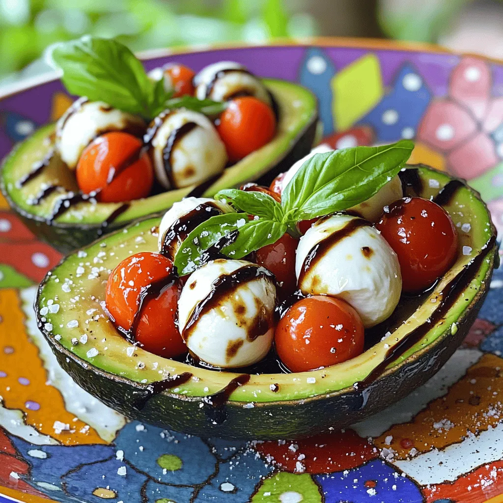 To make Caprese stuffed avocados, you need to gather these simple ingredients: - 2 ripe avocados - 1 cup cherry tomatoes, halved - 1 cup fresh mozzarella balls (bocconcini) - 1/4 cup fresh basil leaves, chopped - 2 tablespoons balsamic glaze - 1 tablespoon extra virgin olive oil - Salt and pepper to taste These ingredients create a fresh and tasty dish. The avocados offer a creamy base, while the tomatoes and mozzarella add a burst of flavor. Fresh basil brings an aromatic touch, and balsamic glaze ties everything together with its sweet tang. Trust me, this combination is a delight! The full recipe is easy to follow and perfect for a quick meal. - Cut the avocados in half lengthwise and remove the pit. - Scoop out a little bit of the flesh to create more space for the filling. This extra flesh can be used for a spread or added to a salad later. - In a mixing bowl, combine cherry tomatoes, mozzarella, and basil. - Drizzle olive oil over the mixture and season with salt and pepper. Toss gently until all the ingredients blend well together. - Generously stuff each avocado half with the tomato and mozzarella mixture. - Drizzle balsamic glaze over the stuffed avocados for a burst of flavor. This glaze adds a sweet and tangy touch that completes the dish beautifully. For the full recipe, check out the Caprese Stuffed Avocados section. Enjoy making this simple and tasty delight! When picking avocados, you want them ripe but not too soft. Gently squeeze the avocado in your palm. If it gives a little, it's ready. Avoid any that feel mushy or have dark spots. This ensures your avocados are creamy and delicious. To make your dish pop, serve it on a colorful plate. Place the stuffed avocados side by side. Add a few fresh basil leaves around them for a nice touch. The colors of the tomatoes and basil will contrast beautifully with the green avocado. This makes for a stunning presentation. If you want to save time, prepare the filling ahead of time. Mix the tomatoes, mozzarella, and basil in advance. Keep it in the fridge until you are ready to stuff the avocados. This way, you can assemble your meal quickly when it's time to eat. This trick helps make weeknight dinners easier without sacrificing flavor. {{image_2}} You can make your Caprese stuffed avocados heartier. Consider adding grilled chicken or shrimp for extra protein. These additions will not only boost nutrition but also add a delicious flavor contrast. If you have leftover grilled meat, this is a perfect way to use it. To make your dish even more exciting, think about herbs. Incorporate different herbs like parsley or mint for unique flavors. These fresh herbs will brighten the taste and add a lovely aroma. Experiment with small amounts to find the mix you enjoy most. Want a twist on the classic? Try using a pesto drizzle instead of balsamic glaze for a different taste. Pesto adds a rich, nutty flavor that pairs well with the creamy avocado. You can also mix pesto with olive oil for a lighter drizzle. For the full recipe, check out Caprese Stuffed Avocados. Store any unstuffed avocado halves and filling separately in airtight containers. This keeps both fresh and tasty. If you mix them, the avocado can turn brown quickly. Keeping them apart helps preserve their flavors. Leftovers can be kept in the fridge for up to 1 day for the best taste. After that, the avocados may lose their ideal texture. It’s best to enjoy them soon after making. Avocados do not freeze well; it's best to enjoy them fresh. Freezing can cause them to become mushy and lose taste. For the best experience, make only what you will eat. Enjoy your Caprese stuffed avocados right after you make them for the best flavor! Yes, regular mozzarella can be used, but bocconcini adds a delightful texture. Bocconcini are small, soft cheese balls. They melt in your mouth and give a fresh taste. This makes your Caprese stuffed avocados even better. A mixture of balsamic vinegar and a bit of honey can be a simpler alternative. This mix gives you that sweet and tangy flavor. Just blend one part vinegar with one part honey. Drizzle this over your stuffed avocados for a lovely finish. Yes, this recipe is low in carbs and fits well into a keto diet. The avocados provide healthy fats. The mozzarella adds protein. Together, they make a filling dish that is perfect for low-carb eaters. Replace mozzarella with a vegan cheese alternative and ensure the balsamic glaze is vegan-friendly. There are great plant-based cheeses out there. Just check the label to be sure. Use a vegan-friendly balsamic glaze too, and you will have a tasty vegan meal! This blog post shows you how to make tasty Caprese stuffed avocados. We covered the ingredients, steps to prepare, and helpful tips. You learned ways to customize the dish and how to store leftovers. In the end, this dish is fresh, easy to make, and fun to enjoy. Experiment with flavors and share your creations. You can make your meals more delicious and satisfying!