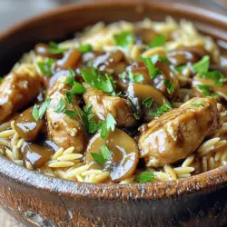 - 1 lb boneless, skinless chicken breasts - 1 cup orzo pasta - 1 cup button mushrooms - 1 medium onion - 3 cloves garlic - 1 tablespoon dried thyme - 2 cups chicken broth - 1 tablespoon olive oil - 1 tablespoon balsamic vinegar When I cook Chicken Marsala Orzo, I focus on fresh and simple ingredients. The main stars are the chicken, orzo, and mushrooms. I always choose boneless, skinless chicken breasts. They cook fast and stay juicy. For the pasta, I prefer orzo because it absorbs flavors well. Button mushrooms add a nice earthiness that complements the dish. Next, I gather aromatics and seasonings. A medium onion adds sweetness. Using three cloves of garlic gives a bold taste. I add dried thyme for a hint of herbiness. These flavors work together to create a rich base. For cooking essentials, I use chicken broth, olive oil, and balsamic vinegar. Two cups of chicken broth make the orzo creamy and flavorful. I like to use olive oil for sautéing. It’s healthy and adds a nice touch. Balsamic vinegar adds a sweet acidity that balances the dish perfectly. To see the complete preparation steps, check out the Full Recipe. First, season the chicken. I like to use salt, pepper, and garlic powder. Heat olive oil in a large skillet over medium heat. Add the chicken pieces to the pan. Cook them for about 5 to 7 minutes. You want them browned on all sides. This adds great flavor. Once the chicken is cooked, remove it from the pan and set it aside. Next, it’s time to sauté the vegetables. In the same skillet, add your finely chopped onion and sliced mushrooms. Cook these for about 5 minutes. You want the onions to be soft and see-through. The mushrooms should be tender. Now, add the minced garlic and dried thyme. Cook for another 1 to 2 minutes. This step fills the kitchen with a lovely aroma. Now, pour in 2 cups of chicken broth and 1 tablespoon of balsamic vinegar. Stir well to mix everything. Bring the mixture to a simmer. Then, add 1 cup of orzo pasta to the skillet. Return the cooked chicken to the pan too. Lower the heat and cover the skillet. Simmer for 10 to 12 minutes. The orzo will soak up the liquid. Stir occasionally to stop it from sticking. This makes the dish creamy and rich. To make Chicken Marsala Orzo sing, timing matters. Add seasonings like salt and pepper early. This helps the chicken absorb the flavors. You can also sprinkle garlic powder while cooking the chicken. For a deeper taste, try adding balsamic vinegar when sautéing the onions and mushrooms. If you want more flavor, consider these optional ingredients: - A splash of Marsala wine (if you like the classic flavor) - Fresh thyme or rosemary for a herbal touch - Red pepper flakes for some heat Cooking chicken well is key. Start by cutting the chicken into small, even pieces. This ensures even cooking. Use medium heat and don’t overcrowd the pan. This will let the chicken brown nicely. For perfectly cooked orzo, remember to stir it often. This helps prevent it from sticking together. Cook it until just tender, about 10 to 12 minutes. It should absorb most of the liquid. If you like a creamier texture, add a bit more broth as it cooks. Garnishing adds a nice touch. Chopped fresh parsley on top brings color and freshness. You can also use grated Parmesan cheese for extra richness. For side dishes, consider a simple green salad or garlic bread. These pair well and round out the meal nicely. Enjoy your tasty Chicken Marsala Orzo! For the complete recipe, check out the Full Recipe section. {{image_2}} You can easily change the mushrooms in this dish. Try using cremini or shiitake mushrooms for a richer taste. They add depth and a nice texture to Chicken Marsala Orzo. If you want to swap the chicken, turkey works well. You can also use tofu for a plant-based option. Just make sure to press the tofu to remove excess moisture. If you want a vegan version, you can swap orzo with other pasta types like quinoa or rice. These options will still pair great with the flavors of this dish. To make it completely plant-based, replace chicken broth with vegetable broth. This keeps the dish rich while staying vegan-friendly. You can add an Italian twist by adding sun-dried tomatoes or olives. These ingredients boost the flavor and give a nice color to the dish. If you want to explore other regional cuisines, think about adding seasonal vegetables. Bell peppers or zucchini can work well and make the dish more colorful and nutritious. Adjust the herbs to match the flavors of the region you choose to explore. To store Chicken Marsala Orzo, first let it cool. Place it in an airtight container. This keeps it fresh for up to three days in the fridge. Make sure to label your container with the date. This way, you won't forget how long it's been there. You can freeze Chicken Marsala Orzo easily. First, cool it completely. Then, scoop portions into freezer-safe bags or containers. Squeeze out any air before sealing. It stays good for up to three months. To thaw, move it to the fridge overnight. For reheating, use a skillet over low heat. Add a splash of chicken broth to keep it moist. You can prep Chicken Marsala Orzo ahead of time. Cook the chicken, orzo, and veggies as usual. Then, separate them into meal prep containers. This makes it easy to grab a meal on busy days. For on-the-go meals, use containers with compartments. This keeps each part fresh and tasty. You can always reheat in the microwave. Just remember to stir well before eating! For the full recipe, check out the [Full Recipe]. If you want a non-alcoholic version, you can use grape juice or apple cider. Both give a sweet touch. Mix in some vinegar for tanginess. You can also try non-alcoholic wine. It can mimic the flavor profile of Marsala wine well. Yes, you can make this dish gluten-free. Use gluten-free orzo instead of regular orzo. Many brands offer options made from rice or corn. Always check the label to ensure it's gluten-free. Yes, you can use a slow cooker. Start by browning the chicken in a pan. Then add the chicken, mushrooms, onions, garlic, and broth to the slow cooker. Cook on low for 6-7 hours. Add orzo in the last 30 minutes. Stir well to combine. To check if the chicken is done, use a meat thermometer. The internal temperature should be 165°F (75°C). If you don’t have one, cut into the chicken. The meat should be white and juices should run clear. Chicken Marsala Orzo is a simple yet tasty dish. We covered the key ingredients, step-by-step cooking, and helpful tips. You can swap ingredients and make it suit your needs. Storing leftovers carefully ensures you enjoy them later. With the right techniques, you can impress anyone with this dish. Each bite is a warm reminder of comfort food done right. Enjoy creating and sharing this delightful meal with friends and family. Embrace your kitchen skills and make it your own!