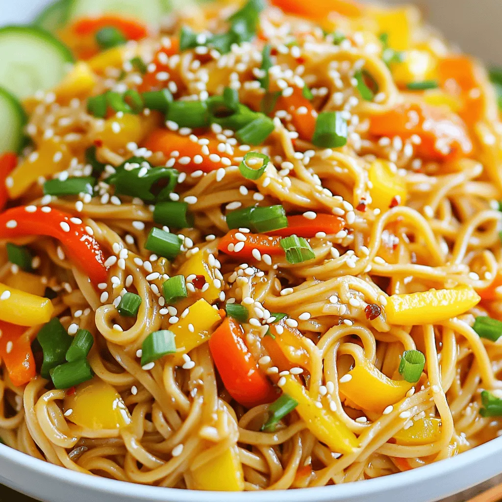 - 8 oz (225 g) soba noodles (or alternative noodles) - 2 tablespoons gochujang (Korean red chili paste) - 1 tablespoon sesame oil - 1 tablespoon soy sauce - 1 tablespoon honey or maple syrup - 1 teaspoon minced garlic - 1 teaspoon minced ginger - 1 cup julienned carrots - 1 cup thinly sliced bell peppers (red and yellow) - 1/2 cup green onions, chopped - 1 tablespoon sesame seeds for garnish - Optional: Sliced cucumbers and chili flakes Korean Spicy Noodles shine with bold flavors and simple ingredients. The base starts with soba noodles, which are quick to cook. Gochujang is key for spice and depth. It adds a rich, savory taste. Sesame oil brings a nutty aroma. It enhances the dish beautifully. You can customize your noodles by adding your favorite veggies. Carrots and bell peppers work well. They add crunch and color. The sauce combines soy sauce, honey or maple syrup, garlic, and ginger. This mix balances sweet and spicy. It coats the noodles perfectly, making every bite a delight. For garnish, sesame seeds add a nice touch. Consider adding sliced cucumbers for freshness. If you like more heat, sprinkle chili flakes on top. You can find the Full Recipe for more detailed steps. Enjoy creating this tasty dish! 1. Cook the soba noodles according to package instructions. You want them al dente. 2. Drain and rinse the noodles under cold water. This stops the cooking and keeps them firm. 3. In a small bowl, mix gochujang, sesame oil, soy sauce, honey, garlic, and ginger. Stir until smooth. This sauce adds a rich, spicy kick. 4. Heat a skillet over medium heat. Sauté the julienned carrots and bell peppers for about 4-5 minutes. They should be soft but still crisp. 5. Add the cooked noodles to the skillet with the veggies. Pour your spicy sauce over everything and toss well. Make sure all the noodles are coated. 6. Cook the noodles and veggies together for 2-3 minutes. This lets the flavors mix together perfectly. 7. Remove from heat and toss in the green onions. This adds a fresh flavor right before serving. You can find the full recipe with all the details above. Enjoy your cooking! To get the best noodle texture, cook them just until they are al dente. This means they should still have a slight bite to them. After cooking, drain the noodles right away. Rinse them under cold water. This step stops the cooking process and keeps the noodles firm. You can boost the flavor of your dish by adding extra seasonings. A splash of rice vinegar adds a nice tang. If you want more spice, try adding extra gochujang. Start with a teaspoon, then taste. Adjust until it suits your heat level. Garnish your noodles for great visual appeal. Sprinkle sesame seeds on top for a touch of elegance. You can also add sliced cucumbers for a refreshing crunch. Serve your spicy noodles with a side of steamed veggies or a light salad for a complete meal. {{image_2}} You can easily add protein to your Korean spicy noodles. Tofu, shrimp, or chicken work great. For tofu, use firm or extra-firm varieties. Cut it into cubes, then sauté until golden brown. Add it to the noodles when you mix in the sauce. For shrimp, peel and devein them. Sauté the shrimp with the veggies until they turn pink. Then, toss them with the noodles and sauce. If you prefer chicken, use boneless, skinless chicken breasts. Cut them into strips and cook them in the skillet before adding the veggies. This way, the chicken absorbs the spicy flavors well. Korean spicy noodles have many regional twists. One fun version is Jjapaguri, also known as Ram-don. This dish mixes instant noodles with a rich beef flavor. You can find it in the movie "Parasite." Other regions may use different spices or add local vegetables. For example, some may include zucchini or mushrooms. These changes add unique tastes to the dish. If you need gluten-free options, try rice noodles or gluten-free pasta. They work well and absorb the flavors nicely. You can also swap out veggies for your favorites. Broccoli, snap peas, or bok choy add great crunch and flavor. Just remember to cook them until they are tender but still crisp. Feel free to explore these variations to make the dish your own! For the complete recipe, check out the Full Recipe. To store your Korean spicy noodles, place them in an airtight container. Make sure to cool them first. This helps keep the noodles fresh. Store them in the fridge. They will stay good for about 3 to 4 days. Always check for any off smells before eating. When reheating, you want to keep the noodles nice and chewy. Use the stovetop when possible. Add a splash of water to help steam the noodles. Stir them gently until warm. If you use a microwave, cover the bowl and add a little water. Heat in short bursts to avoid drying them out. Yes, you can freeze Korean spicy noodles! This is a great way to save leftovers. First, cool them completely. Divide into portions and place them in freezer bags. Remove as much air as possible before sealing. To defrost, place in the fridge overnight or use the microwave. When ready to eat, reheat as mentioned above for the best texture. For Korean Spicy Noodles, I recommend using soba noodles. They have a nice texture and flavor. Soba noodles are made from buckwheat. This gives them a unique taste. You can also use other noodles like rice noodles or ramen. Each type will add its own twist to the dish. Yes, you can easily adjust the spice level. To make them less spicy, use less gochujang. You can also add more honey or maple syrup. This will balance the heat. Another option is to add more vegetables. These will help to dilute the spice. You can find gochujang in many grocery stores. Look in the Asian food aisle. If your local store doesn't have it, check online. Many websites sell gochujang. You can also visit an Asian market for fresh options. Customizing your Korean Spicy Noodles is fun! You can add your favorite veggies or proteins. Try adding tofu, chicken, or shrimp. For veggies, think about broccoli or zucchini. You can also change the sauce. Add more garlic or a splash of lime juice for a twist. Korean Spicy Noodles pair well with many side dishes. Kimchi is a classic choice. It adds a nice crunch and flavor. You can also serve pickled radishes or a simple salad. These sides complement the noodles well and create a balanced meal. For the complete recipe, click here: [Full Recipe]. Korean spicy noodles are simple, fun, and packed with flavor. We reviewed key ingredients and spices that make this dish pop. You learned how to cook the noodles and prepare the sauce, making it easy to customize. Remember to experiment with extra flavors and proteins for a personal touch. Storing leftovers or making it spicy is simple with these tips. Enjoy your cooking adventure with Korean spicy noodles. You’ll impress your family and friends with this tasty dish!