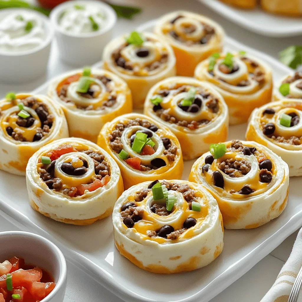 Cheesy Taco Pinwheels are tasty and fun to make. They blend bold flavors with creamy cheese. You can enjoy them as a snack or party treat. This recipe is quick and easy, taking only 45 minutes to prepare. To make Cheesy Taco Pinwheels, you'll need: - 4 large flour tortillas - 1 cup cream cheese, softened - 1 cup shredded cheddar cheese - 1 cup cooked ground beef (seasoned with taco seasoning) - 1/2 cup black beans, rinsed and drained - 1/2 cup diced tomatoes (fresh or canned) - 1/4 cup finely chopped green onions - 1/2 teaspoon garlic powder - 1/2 teaspoon chili powder - Salt and pepper to taste - Optional: Sour cream and salsa for dipping You can swap some items for what you have at home. Use Greek yogurt instead of cream cheese for a lighter option. If you want a meat-free dish, try using lentils or diced veggies instead of beef. You can also switch cheddar cheese for pepper jack cheese for a spicy kick. If you don’t have tortillas, use lettuce leaves for a low-carb twist. Start by mixing the filling. In a medium bowl, combine cream cheese and shredded cheddar cheese. Add garlic powder and chili powder next. Season with salt and pepper to taste. Mix well until everything is smooth. This blend gives your pinwheels that creamy, cheesy goodness. Now it’s time to assemble. Lay a tortilla flat on your clean surface. Spread a generous layer of the cheese mixture across the tortilla. Evenly sprinkle ground beef, black beans, diced tomatoes, and green onions on top. These ingredients bring texture and flavor. Roll the tortilla tightly from one end. Make sure the filling stays inside as you roll. Repeat this for each tortilla until all are filled. Wrap each rolled tortilla in plastic wrap. This helps them firm up in the fridge. Chill for at least 30 minutes. Once chilled, take them out and slice each roll into 1-inch thick pieces. A sharp knife helps make clean cuts. Arrange the pinwheels on a platter. Serve with sour cream and salsa for a tasty dip. You now have a fun snack ready to enjoy! For the complete recipe, check the Full Recipe section. To make great rolls, use fresh tortillas. They flex better and hold the filling. Spread the cheese mixture evenly across the tortilla. Leave a small edge clear for easy rolling. Start rolling from one end, keeping the filling tight. This helps the pinwheels stay together when sliced. You can make these pinwheels ahead of time. After rolling them, wrap each log in plastic wrap. Refrigerate them for up to 24 hours. Chilling firms them up, making slicing easier. If you want to serve them later, just slice and plate them right before guests arrive. Serve Cheesy Taco Pinwheels as a fun snack or appetizer. Pair them with sour cream and salsa for dipping. You can also add guacamole for a creamy touch. For a twist, try serving with a spicy ranch dressing. These pinwheels are a hit at parties or game days! For the full recipe, check this out: [Full Recipe]. {{image_2}} You can easily make Cheesy Taco Pinwheels vegetarian. Swap the ground beef for more beans or veggies. Try adding sautéed peppers, corn, or zucchini. You can also use tofu for protein. Keep the cream cheese and cheddar for that cheesy taste. Want to change the flavor? Mix it up! Use different cheeses like pepper jack or feta. Add spices like cumin or smoked paprika for a kick. You can create a southwest version with avocado and beans. For a Mediterranean twist, try olives and sun-dried tomatoes. If you want a lighter snack, use whole wheat tortillas. You can also replace cream cheese with Greek yogurt. It adds protein and cuts calories. Add more fresh veggies, like spinach or cucumbers, to boost flavor and nutrition. Explore these options to make Cheesy Taco Pinwheels fit your needs! Store any leftover Cheesy Taco Pinwheels in an airtight container. Make sure they are completely cool before sealing. Refrigerate them for up to three days. This keeps them fresh and tasty. When you want to eat them again, just take out what you need. You can freeze these pinwheels for later use. After slicing, arrange the pieces on a baking sheet. This helps them freeze without sticking together. Once frozen, transfer them to a freezer-safe bag. They can last up to two months in the freezer. When you’re ready to enjoy, just thaw them in the fridge overnight. To reheat pinwheels, use an oven or microwave. For the oven, preheat to 350°F (175°C). Place pinwheels on a baking sheet and heat for about 10 minutes. If using a microwave, heat them for 30 seconds to 1 minute. Check to ensure they are warm all the way through. Enjoy your snack warm! Yes, you can use corn tortillas. They add a nice twist to the pinwheels. Corn tortillas can be smaller and less flexible. Warm them slightly before using. This helps them roll easily without breaking. You can keep Cheesy Taco Pinwheels in the fridge for up to three days. Make sure to store them in an airtight container. If you want, you can freeze them for up to three months. Just remember to slice them first for easy serving later. Sour cream and salsa are classic dips for these pinwheels. You can also try guacamole for a fresh taste. For a spicy kick, serve with jalapeño ranch dressing. Each dip adds a fun flavor that enhances the cheesy goodness. This blog post guided you through making Cheesy Taco Pinwheels. You learned the needed ingredients, how to prepare the filling, and the best ways to assemble and chill. I shared tips for perfect rolls and how to store leftovers. We explored tasty variations, including vegetarian options. Remember, these pinwheels are great for snacks or parties. Experiment with flavors and enjoy these bites! Keep this guide handy for the next time you want an easy and fun recipe.