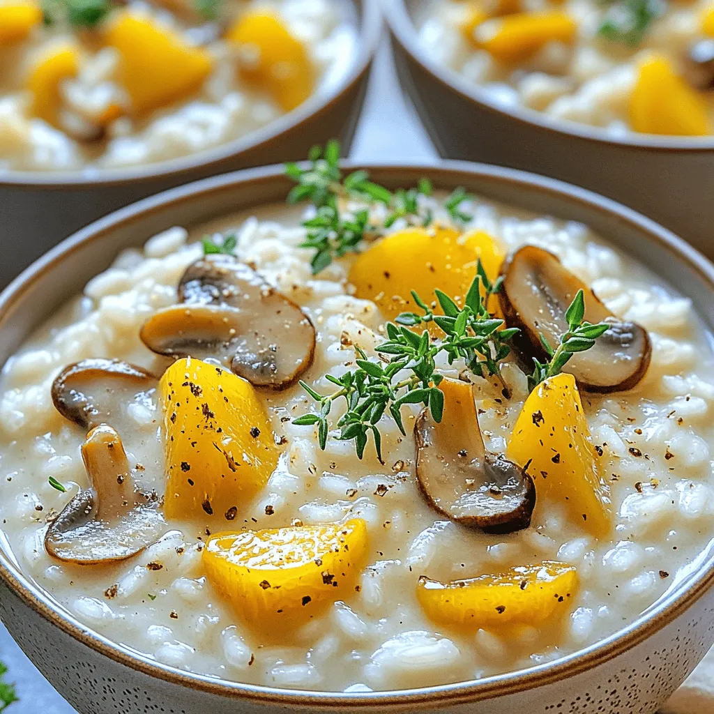 - 1 cup Arborio rice - 4 cups vegetable broth - 1 cup mushrooms (cremini or a mix), sliced - 1 small onion, finely chopped - 2 cloves garlic, minced - 1/2 cup grated Parmesan cheese - 2 tablespoons truffle oil - 2 tablespoons olive oil - 1 tablespoon unsalted butter - 1 tablespoon fresh thyme leaves (or 1 tsp dried) - Salt and pepper to taste - Fresh parsley, chopped for garnish When I prepare mushroom risotto, I choose Arborio rice. This rice has a high starch content. That starch gives the risotto its creamy texture. Vegetable broth is key for flavor. I like to keep it warm while cooking. For mushrooms, I often use cremini or a mix. They add depth and umami. A small onion and garlic provide a sweet base. The Parmesan cheese adds richness. Truffle oil gives a luxurious finish. I use olive oil and butter to sauté the onion and mushrooms. Fresh thyme enhances the dish with herbal notes. Salt and pepper are essential for taste. Finally, fresh parsley offers a bright contrast on top. - Peas for added sweetness - Lemon zest for brightness - White wine for depth of flavor As I experiment with my risotto, I sometimes add peas. They bring a slight sweetness. Lemon zest can brighten the dish. For even more depth, I like to add a splash of white wine. You can find the full recipe [here]. 1. Start by heating the broth. Pour 4 cups of vegetable broth into a saucepan. 2. Heat it on low. This keeps the broth warm for cooking. 3. While the broth warms, chop the onion and garlic. You want them finely diced. 4. Slice your mushrooms too. Cremini or a mix works great. 1. In a large skillet, heat 2 tablespoons of olive oil and 1 tablespoon of butter. 2. Add the chopped onion. Sauté until it turns translucent, about 3-4 minutes. 3. Stir in the minced garlic. Add the sliced mushrooms next. Cook until soft and golden, around 5-6 minutes. 4. Now, add 1 cup of Arborio rice. Stir to coat the rice in the oil. Toast for 1-2 minutes. 5. Begin adding the warm broth. Use one ladle at a time, stirring constantly. 6. Wait until the broth absorbs before adding more. This process takes about 15-20 minutes. 1. When the rice is creamy and al dente, remove it from heat. 2. Stir in 1/2 cup of grated Parmesan cheese and 2 tablespoons of truffle oil. 3. Season with salt and pepper to taste. 4. Let the risotto rest for 2-3 minutes. This helps it thicken before serving. For the full recipe, check out the details above. Stirring continuously is key to making great risotto. This helps release the starch from the rice. Starch gives the risotto its creamy texture. If you stop stirring, the rice can stick and burn. Keep the heat at medium. Too high can cause the rice to cook unevenly. Too low will make the cooking process too slow. Aim for a gentle simmer, allowing the rice to absorb the broth slowly. To make your risotto extra creamy, add more butter or cheese. This gives a rich flavor and smooth texture. Parmesan is a classic choice, but feel free to experiment with other cheeses. Using homemade broth makes a big difference. It adds depth and richness to your dish. Store-bought broth is fine, but homemade is best for flavor. One mistake is overcooking the rice. Risotto should be al dente, meaning it has a slight bite. Cooking too long can make it mushy. Also, avoid adding too much broth at once. This can lead to uneven cooking. Instead, add one ladle at a time and wait for it to absorb before adding more. This careful approach creates the creamy texture you want. {{image_2}} You can use many types of mushrooms in your risotto. Shiitake, portobello, and oyster mushrooms are great choices. Each type brings its own unique flavor and texture. Mixing different mushrooms adds depth to the dish. You can try cremini for a mild taste and some shiitake for a bolder flavor. You can change the taste of your risotto with herbs. Basil or oregano can replace thyme. Fresh herbs add a bright touch. You can also try different oils. Instead of olive oil, use garlic-infused oil for a twist. This small change can make a big difference. If you're gluten-free, use gluten-free vegetable broth. This way, you can still enjoy creamy risotto. For a vegan option, try nutritional yeast or vegan cheese instead of Parmesan. These swaps keep the dish rich and tasty. You can still have a comforting meal without dairy. Explore the Full Recipe for more ideas! To keep your mushroom risotto fresh, store it in an airtight container. Place it in the fridge as soon as it cools down. This helps prevent bacteria growth. Your risotto will last about three days in the fridge. You can reheat your risotto in two ways: the microwave or the stovetop. For the microwave, heat it in short bursts, stirring in between. If you use the stovetop, warm it over low heat. Add a splash of broth while reheating. This keeps it creamy and prevents drying out. You can freeze mushroom risotto, but it may change texture. To freeze, let it cool first, then put it in a freezer-safe container. It can last up to three months in the freezer. When you’re ready to eat, thaw it overnight in the fridge. Reheat it gently on the stovetop, adding a bit of broth for creaminess. For the full recipe, check out the detailed steps to make this wonderful dish. The best rice for mushroom risotto is Arborio rice. This rice is short and round. It has high starch content, which gives risotto its creamy texture. Other rice types, like basmati or long-grain rice, do not work well here. They lack the starch needed for creaminess. Arborio rice absorbs broth well and cooks evenly. Yes, you can make risotto ahead of time. Cook it until it's just al dente. Then, let it cool fully. Store it in an airtight container in the fridge. When you are ready to eat, reheat it in a pan. Add a splash of broth to bring back its creaminess. To make risotto less sticky, adjust your cooking technique. Stir the rice less often but still keep an eye on it. Also, use less broth than the recipe states. Add broth gradually and wait for it to absorb. This will help the rice grains stay separate. Mushroom risotto pairs well with many sides. A fresh salad adds a nice crunch. Grilled vegetables bring extra flavor. You can also serve it with a light white wine. A crisp Sauvignon Blanc or a dry Chardonnay works best. Yes, mushroom risotto is suitable for vegetarians. Just use vegetable broth instead of chicken broth. Make sure the cheese you choose is vegetarian-friendly, as some cheeses use animal rennet. The recipe can easily be adapted to fit a vegetarian diet, making it a delightful option for everyone. For the full recipe, check out the Creamy Truffle Mushroom Risotto. In this post, we explored the essential ingredients and steps for making delicious mushroom risotto. From choosing the right rice to adding flavors, each detail matters. Remember, stirring is key for creaminess. Avoid common mistakes, and don't hesitate to try variations. This dish is not just tasty; it’s also versatile. Enjoy your cooking adventure with risotto, and feel free to make it your own. Trust me, it will impress your family and friends.