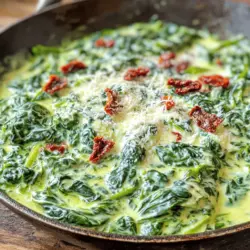 - Spinach and Dairy Components - 2 cups fresh spinach, washed and chopped - 1 cup heavy cream - 1 tablespoon butter - 1 tablespoon olive oil - 1/2 cup cream cheese, softened - 1/4 cup grated Parmesan cheese - Seasoning and Flavor Enhancers - 2 cloves garlic, minced - 1/4 teaspoon nutmeg - 1/2 teaspoon salt (adjust to taste) - 1/4 teaspoon black pepper - Optional Add-Ins - 1/4 cup chopped sun-dried tomatoes (for a twist) The star of our dish is the fresh spinach. This leafy green is full of nutrients and flavor. I like to use fresh spinach, as it gives a bright taste. You can use frozen spinach, but fresh works best here. Next, we have the creamy part. Heavy cream and cream cheese blend into a rich, smooth sauce. The Parmesan adds a sharp touch. These dairy components make the dish satisfying. Seasoning is key! Garlic brings warmth and depth. Nutmeg adds a hint of sweetness. Salt and pepper balance the flavors perfectly. Adjust these to fit your taste. Lastly, consider adding sun-dried tomatoes. They give a tangy kick and a lovely color. For the full recipe, check out my cooking guide. You'll see how easy it is to whip this dish up! - Prepping the Ingredients Start by washing and chopping 2 cups of fresh spinach. Make sure to remove any tough stems. Next, mince 2 cloves of garlic. This will add great flavor to your dish. Gather your other ingredients: 1 cup of heavy cream, 1 tablespoon of butter, 1 tablespoon of olive oil, 1/2 cup of cream cheese, 1/4 teaspoon of nutmeg, 1/2 teaspoon of salt, 1/4 teaspoon of black pepper, 1/4 cup of grated Parmesan cheese, and 1/4 cup of chopped sun-dried tomatoes if you want a twist. - Heat and Sauté Techniques In a large skillet, heat 1 tablespoon of olive oil and 1 tablespoon of butter over medium heat. Wait until the butter melts and bubbles. Add the minced garlic and sauté for 1 to 2 minutes. Be careful not to burn the garlic. It should smell fragrant and delicious. - Combining Ingredients Effectively Gradually add your chopped spinach to the skillet. Stir frequently as the spinach wilts. This should take about 3 to 4 minutes. Once wilted, lower the heat to medium-low. Stir in the cream cheese until it melts and combines well with the spinach. - Cooking Time for Spinach The spinach cooks quickly. You will see it wilt in just a few minutes. Make sure to stir often to avoid sticking. - Incorporating Dairy Products Slowly pour in the heavy cream while whisking gently. This helps mix everything smoothly. Let the mixture simmer for 3 to 5 minutes. This gives it time to thicken just right. - Achieving the Right Consistency After simmering, add the nutmeg, salt, and black pepper. Mix them in well. Then, fold in the grated Parmesan cheese and chopped sun-dried tomatoes. Stir until the cheese melts, and the mix is creamy and smooth. - Serving Directly from Skillet For a rustic look, serve the creamed spinach straight from the skillet. It adds warmth and charm to your table. - Garnishing Ideas Sprinkle some extra Parmesan on top. Add a few fresh spinach leaves for color. This makes it look more inviting. - Suggested Pairings Creamed spinach is great with grilled chicken or baked fish. It makes a complete meal that everyone will enjoy. If you want to explore the whole process, check out the Full Recipe for details. Avoiding Common Mistakes Always wash your spinach well. Dirt can hide in the leaves. Use fresh garlic; it adds great flavor. Don’t let the garlic burn, or it will taste bitter. Stir often to avoid sticking. Adjusting Consistency If your creamed spinach is too thick, add a splash of milk or broth. For a thicker dish, let it simmer longer. Keep stirring to help it thicken evenly. Flavor Enhancements A pinch of nutmeg brings warmth and depth. Try adding a squeeze of lemon juice for brightness. Fresh herbs like basil or parsley can enhance the dish. Tips for Creaminess Use heavy cream for the best richness. Cream cheese adds a smooth texture that’s hard to beat. Whisk it in slowly for a velvety finish. Balancing Flavor Profiles Add salt gradually to avoid over-seasoning. Taste as you go to get the right balance. The Parmesan cheese adds a nice salty kick, so adjust other seasonings as needed. Using Fresh vs. Frozen Spinach Fresh spinach has a vibrant flavor and nice texture. Frozen spinach is easier and cooks faster. If using frozen, thaw and drain it well before adding. This prevents excess water in your dish. For the full recipe and more tips, check out the Full Recipe. {{image_2}} You can switch up the cheese in your creamed spinach. Try using feta for a tangy kick. Goat cheese also adds a creamy texture and bold flavor. If you want a stronger cheese, go for Gruyère. Each choice changes the dish in fun ways. Adding proteins can enhance your skillet creamed spinach. For a hearty meal, mix in cooked chicken or shrimp. Bacon bits can bring a salty crunch, while chickpeas make a great vegetarian choice. These swaps help you make the dish fit your taste. You can also explore flavor fusion ideas. Consider adding a splash of soy sauce for umami. A dash of hot sauce can spice things up. For a fresh twist, mix in chopped herbs like basil or cilantro. These small changes can create exciting new flavors. Try a Mediterranean style by adding sun-dried tomatoes and olives. These ingredients give a bright touch. You could also sprinkle some pine nuts for crunch. This version is fresh and full of flavor. Southern comfort variations include mixing in cheddar cheese and hot sauce. This makes the dish creamy and a bit spicy. Serve it with cornbread for a real Southern meal. This twist is sure to please anyone who loves comfort food. If you prefer vegan adaptations, swap the cream for coconut milk. Nutritional yeast can replace cheese for a cheesy flavor. Use tofu for protein and texture. This way, everyone can enjoy a tasty creamed spinach dish. - Best Practices for Storage: Store your skillet creamed spinach in an airtight container. Let it cool down before sealing. This helps keep it fresh. - Shelf Life Expectations: When stored properly, creamed spinach lasts about 3 to 5 days in the fridge. Always check for any signs of spoilage before eating. - Reheating Tips: To reheat, place it in a skillet over low heat. Stir often and add a splash of cream if it looks too thick. - How to Properly Freeze: Freeze the creamed spinach in individual portions. Use freezer-safe containers or bags. Make sure to remove as much air as possible. - Thawing Methods: Thaw in the fridge overnight or use the microwave’s defrost function. This helps maintain the texture. - Texture Considerations: Freezing can change the texture of spinach. After thawing, it may not be as firm. Stir well when reheating. How do I make Skillet Creamed Spinach less rich? To make this dish less rich, you can cut back on cream. Use half-and-half instead of heavy cream. This will still give you a nice texture. You can also add more spinach to balance the flavors. Can I use less cream or substitute with lighter alternatives? Yes, you can use less cream. Try using Greek yogurt or a mixture of milk and cream cheese. These options lower the fat but keep the creaminess. What are good side dishes to serve with creamed spinach? Creamed spinach pairs great with grilled meats. Try it with chicken, steak, or fish. You can also serve it next to mashed potatoes or rice for a complete meal. How to make creamed spinach ahead of time? You can prepare the dish a day before. Just cook it fully, then cool it down. Store it in the fridge. When ready to serve, reheat it slowly on low heat. Can this dish be made vegetarian? Yes, this dish is vegetarian. Just ensure you use vegetable broth if you add liquid. The flavors will still shine through with the rich spinach and cream. What are the health benefits of spinach? Spinach is very healthy. It is full of vitamins like A, C, and K. It also has iron and calcium. Eating spinach can help with eye health and boost your immune system. In this post, we explored how to make creamed spinach, from choosing ingredients to cooking tips. We discussed the right cheeses, dairy balance, and how to heat spinach without losing its flavor. You learned about variations and how to store leftovers properly. Remember, this dish is versatile. You can adjust it to fit your taste and lifestyle. Enjoy experimenting with flavors and textures. Your creamed spinach will impress at any meal.