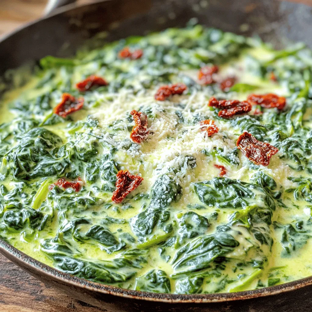 - Spinach and Dairy Components - 2 cups fresh spinach, washed and chopped - 1 cup heavy cream - 1 tablespoon butter - 1 tablespoon olive oil - 1/2 cup cream cheese, softened - 1/4 cup grated Parmesan cheese - Seasoning and Flavor Enhancers - 2 cloves garlic, minced - 1/4 teaspoon nutmeg - 1/2 teaspoon salt (adjust to taste) - 1/4 teaspoon black pepper - Optional Add-Ins - 1/4 cup chopped sun-dried tomatoes (for a twist) The star of our dish is the fresh spinach. This leafy green is full of nutrients and flavor. I like to use fresh spinach, as it gives a bright taste. You can use frozen spinach, but fresh works best here. Next, we have the creamy part. Heavy cream and cream cheese blend into a rich, smooth sauce. The Parmesan adds a sharp touch. These dairy components make the dish satisfying. Seasoning is key! Garlic brings warmth and depth. Nutmeg adds a hint of sweetness. Salt and pepper balance the flavors perfectly. Adjust these to fit your taste. Lastly, consider adding sun-dried tomatoes. They give a tangy kick and a lovely color. For the full recipe, check out my cooking guide. You'll see how easy it is to whip this dish up! - Prepping the Ingredients Start by washing and chopping 2 cups of fresh spinach. Make sure to remove any tough stems. Next, mince 2 cloves of garlic. This will add great flavor to your dish. Gather your other ingredients: 1 cup of heavy cream, 1 tablespoon of butter, 1 tablespoon of olive oil, 1/2 cup of cream cheese, 1/4 teaspoon of nutmeg, 1/2 teaspoon of salt, 1/4 teaspoon of black pepper, 1/4 cup of grated Parmesan cheese, and 1/4 cup of chopped sun-dried tomatoes if you want a twist. - Heat and Sauté Techniques In a large skillet, heat 1 tablespoon of olive oil and 1 tablespoon of butter over medium heat. Wait until the butter melts and bubbles. Add the minced garlic and sauté for 1 to 2 minutes. Be careful not to burn the garlic. It should smell fragrant and delicious. - Combining Ingredients Effectively Gradually add your chopped spinach to the skillet. Stir frequently as the spinach wilts. This should take about 3 to 4 minutes. Once wilted, lower the heat to medium-low. Stir in the cream cheese until it melts and combines well with the spinach. - Cooking Time for Spinach The spinach cooks quickly. You will see it wilt in just a few minutes. Make sure to stir often to avoid sticking. - Incorporating Dairy Products Slowly pour in the heavy cream while whisking gently. This helps mix everything smoothly. Let the mixture simmer for 3 to 5 minutes. This gives it time to thicken just right. - Achieving the Right Consistency After simmering, add the nutmeg, salt, and black pepper. Mix them in well. Then, fold in the grated Parmesan cheese and chopped sun-dried tomatoes. Stir until the cheese melts, and the mix is creamy and smooth. - Serving Directly from Skillet For a rustic look, serve the creamed spinach straight from the skillet. It adds warmth and charm to your table. - Garnishing Ideas Sprinkle some extra Parmesan on top. Add a few fresh spinach leaves for color. This makes it look more inviting. - Suggested Pairings Creamed spinach is great with grilled chicken or baked fish. It makes a complete meal that everyone will enjoy. If you want to explore the whole process, check out the Full Recipe for details. Avoiding Common Mistakes Always wash your spinach well. Dirt can hide in the leaves. Use fresh garlic; it adds great flavor. Don’t let the garlic burn, or it will taste bitter. Stir often to avoid sticking. Adjusting Consistency If your creamed spinach is too thick, add a splash of milk or broth. For a thicker dish, let it simmer longer. Keep stirring to help it thicken evenly. Flavor Enhancements A pinch of nutmeg brings warmth and depth. Try adding a squeeze of lemon juice for brightness. Fresh herbs like basil or parsley can enhance the dish. Tips for Creaminess Use heavy cream for the best richness. Cream cheese adds a smooth texture that’s hard to beat. Whisk it in slowly for a velvety finish. Balancing Flavor Profiles Add salt gradually to avoid over-seasoning. Taste as you go to get the right balance. The Parmesan cheese adds a nice salty kick, so adjust other seasonings as needed. Using Fresh vs. Frozen Spinach Fresh spinach has a vibrant flavor and nice texture. Frozen spinach is easier and cooks faster. If using frozen, thaw and drain it well before adding. This prevents excess water in your dish. For the full recipe and more tips, check out the Full Recipe. {{image_2}} You can switch up the cheese in your creamed spinach. Try using feta for a tangy kick. Goat cheese also adds a creamy texture and bold flavor. If you want a stronger cheese, go for Gruyère. Each choice changes the dish in fun ways. Adding proteins can enhance your skillet creamed spinach. For a hearty meal, mix in cooked chicken or shrimp. Bacon bits can bring a salty crunch, while chickpeas make a great vegetarian choice. These swaps help you make the dish fit your taste. You can also explore flavor fusion ideas. Consider adding a splash of soy sauce for umami. A dash of hot sauce can spice things up. For a fresh twist, mix in chopped herbs like basil or cilantro. These small changes can create exciting new flavors. Try a Mediterranean style by adding sun-dried tomatoes and olives. These ingredients give a bright touch. You could also sprinkle some pine nuts for crunch. This version is fresh and full of flavor. Southern comfort variations include mixing in cheddar cheese and hot sauce. This makes the dish creamy and a bit spicy. Serve it with cornbread for a real Southern meal. This twist is sure to please anyone who loves comfort food. If you prefer vegan adaptations, swap the cream for coconut milk. Nutritional yeast can replace cheese for a cheesy flavor. Use tofu for protein and texture. This way, everyone can enjoy a tasty creamed spinach dish. - Best Practices for Storage: Store your skillet creamed spinach in an airtight container. Let it cool down before sealing. This helps keep it fresh. - Shelf Life Expectations: When stored properly, creamed spinach lasts about 3 to 5 days in the fridge. Always check for any signs of spoilage before eating. - Reheating Tips: To reheat, place it in a skillet over low heat. Stir often and add a splash of cream if it looks too thick. - How to Properly Freeze: Freeze the creamed spinach in individual portions. Use freezer-safe containers or bags. Make sure to remove as much air as possible. - Thawing Methods: Thaw in the fridge overnight or use the microwave’s defrost function. This helps maintain the texture. - Texture Considerations: Freezing can change the texture of spinach. After thawing, it may not be as firm. Stir well when reheating. How do I make Skillet Creamed Spinach less rich? To make this dish less rich, you can cut back on cream. Use half-and-half instead of heavy cream. This will still give you a nice texture. You can also add more spinach to balance the flavors. Can I use less cream or substitute with lighter alternatives? Yes, you can use less cream. Try using Greek yogurt or a mixture of milk and cream cheese. These options lower the fat but keep the creaminess. What are good side dishes to serve with creamed spinach? Creamed spinach pairs great with grilled meats. Try it with chicken, steak, or fish. You can also serve it next to mashed potatoes or rice for a complete meal. How to make creamed spinach ahead of time? You can prepare the dish a day before. Just cook it fully, then cool it down. Store it in the fridge. When ready to serve, reheat it slowly on low heat. Can this dish be made vegetarian? Yes, this dish is vegetarian. Just ensure you use vegetable broth if you add liquid. The flavors will still shine through with the rich spinach and cream. What are the health benefits of spinach? Spinach is very healthy. It is full of vitamins like A, C, and K. It also has iron and calcium. Eating spinach can help with eye health and boost your immune system. In this post, we explored how to make creamed spinach, from choosing ingredients to cooking tips. We discussed the right cheeses, dairy balance, and how to heat spinach without losing its flavor. You learned about variations and how to store leftovers properly. Remember, this dish is versatile. You can adjust it to fit your taste and lifestyle. Enjoy experimenting with flavors and textures. Your creamed spinach will impress at any meal.