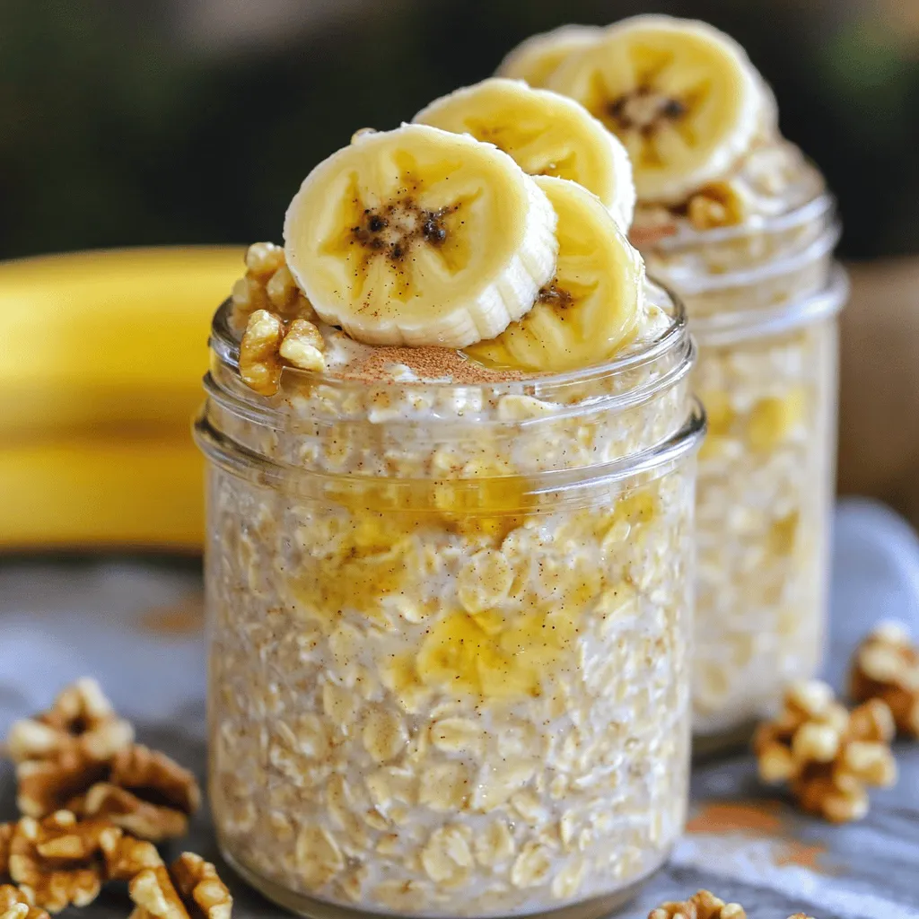- 1 cup rolled oats - 2 ripe bananas, mashed - 1 cup almond milk (or any milk of choice) - 1 tablespoon chia seeds - 1 teaspoon vanilla extract - ½ teaspoon ground cinnamon - ⅓ cup walnuts, chopped - ¼ cup raisins (optional) - Honey or maple syrup, to taste (optional) - Pinch of salt The ingredients for Banana Bread Overnight Oats are simple and fresh. Rolled oats form the base. They soak up the liquid well. Ripe bananas give natural sweetness and flavor. I love using almond milk, but any milk works. Chia seeds add fiber and help the oats thicken. Vanilla extract gives a warm note. Ground cinnamon brings a hint of spice, just like in banana bread. Chopped walnuts add crunch and richness. Raisins are optional, but they add a nice chew. You can sweeten the mix with honey or maple syrup. A pinch of salt enhances all the flavors. This mix is fun to customize, so feel free to adjust to your taste! - Calories per serving: About 300 calories - Key vitamins and minerals: Potassium, magnesium, and fiber - Health benefits of key ingredients: - Rolled oats: Good for heart health and digestion. - Bananas: Provide energy and potassium. - Chia seeds: Packed with omega-3 fatty acids. - Walnuts: Great for brain health and healthy fats. These oats are not just tasty; they are also nutritious. Each serving gives you energy to start your day. With this recipe, you can enjoy a healthy breakfast that feels like a treat! Check the [Full Recipe] to learn how to make it. 1. Start by taking a medium bowl. Combine the rolled oats, mashed bananas, almond milk, chia seeds, vanilla extract, ground cinnamon, and a pinch of salt. Stir well. Ensure every ingredient mixes together nicely. This is where the magic begins! 2. Next, you can add honey or maple syrup to sweeten the mixture. Taste it as you go. Adjust the sweetness to match your preference. This step makes your oats truly yours. 3. Now, fold in the chopped walnuts and raisins. Make sure they are evenly spread throughout the mixture. This adds great texture and flavor. Plus, who doesn’t love a little crunch from the nuts? - For best results, refrigerate your overnight oats in airtight jars. This keeps them fresh. It also prevents any strong odors from your fridge from sneaking in. - Use glass or BPA-free containers for storage. They are easy to clean, and you can see your delicious oats inside. It's always nice to know what’s waiting for you! - You can serve your Banana Bread Overnight Oats in clear mason jars. This shows off the beautiful layers. It makes breakfast feel special! - For a lovely presentation, top your oats with extra banana slices and a sprinkle of cinnamon. You can even drizzle a little more honey on top. This adds a nice finishing touch that looks and tastes amazing! - Choosing the right oats: Use rolled oats for the best texture. Steel-cut oats can be too hard. Instant oats may become mushy. Rolled oats balance well between creaminess and chewiness. - Adjusting consistency with milk: If your oats are too thick, add more milk. Start with a splash. You can always add more until you find your perfect texture. - Sweetness adjustments: Taste your oats before serving. You may want to add honey or maple syrup. Start with a small amount, then add more if needed. - Over-soaking oats: Don’t let your oats soak too long. Overnight is perfect. Soaking longer can make them too soft and mushy. - Not using ripe bananas: Ripe bananas add natural sweetness and flavor. Green bananas do not taste as good. Look for bananas with brown spots for the best taste. - Skipping toppings: Don’t forget the toppings! They add texture and flavor. Try extra banana slices, walnuts, or a sprinkle of cinnamon for a great finish. Make sure to take these tips to heart when making your Banana Bread Overnight Oats. They will help you enjoy a delicious and satisfying breakfast. For the full recipe, check out the recipe section above! {{image_2}} You can change the taste of your Banana Bread Overnight Oats easily. Adding spices like nutmeg or ginger gives a warm kick. These spices work well with banana flavors. You can also swap out nuts and seeds. If you like pecans, try them instead of walnuts. Sunflower seeds or pumpkin seeds can add crunch and nutrients too. If you need gluten-free options, use certified gluten-free oats. They will keep your oats tasty and safe. For vegan substitutions, swap almond milk for any plant milk you prefer. You can also skip honey or maple syrup, using mashed bananas for sweetness instead. In the fall, add pumpkin puree to bring a cozy flavor. It pairs well with spices like cinnamon. For summer, mix in fresh berries like strawberries or blueberries. They add a burst of color and taste. Each season brings a new twist to your Banana Bread Overnight Oats. Enjoy experimenting with these ideas! To keep your Banana Bread Overnight Oats fresh, use glass or plastic jars. Mason jars work well for this. They seal tightly and let you see the layers. Store the jars in the fridge. Keep them away from the door, where it’s warm. This helps maintain a steady, cool temperature. Your overnight oats will last about 3 to 5 days in the fridge. Check for changes in smell or texture. If they smell sour or look slimy, it’s time to toss them. Fresh oats should smell sweet and have a creamy look. Yes, you can freeze Banana Bread Overnight Oats! Use freezer-safe containers or bags. Leave some space for expansion. When you're ready to eat, thaw them in the fridge overnight. You can also warm them in the microwave. Just add a splash of milk to restore creaminess. Banana Bread Overnight Oats can last up to 5 days in the fridge. Keep them in an airtight container. After a few days, the oats may become softer. They still taste great, but the texture might change. Always check for any signs of spoilage before eating. Yes, you can use quick oats. They will absorb liquid faster, making the oats softer. If you like a chewier texture, stick with rolled oats. Quick oats might not give you the same depth of flavor, but they work if you're in a hurry. Chia seeds help thicken the oats and add nutrition. They give a nice texture and are rich in fiber. If you don't have chia seeds, you can skip them, but your oats might be thinner. You could also try flax seeds as an alternative. Yes, that’s the idea! You can make them the night before and let them chill in the fridge. This way, they are ready to eat in the morning. Just mix all the ingredients and store them in jars. It’s perfect for busy mornings. To boost protein, try adding Greek yogurt or protein powder. You can also add nut butter or seeds like pumpkin or sunflower. These additions not only increase protein but also add great flavor. Experiment and find what you enjoy most! You now know how to make Banana Bread Overnight Oats. We covered key ingredients, like oats and ripe bananas, and discussed their health benefits. The step-by-step instructions make prep easy, while our storage tips keep your oats fresh. Remember to try different flavors and avoid common mistakes for the best results. Experiment with your favorite toppings. Keep this guide handy for delicious, healthy meals. Enjoy your tasty oats every day!