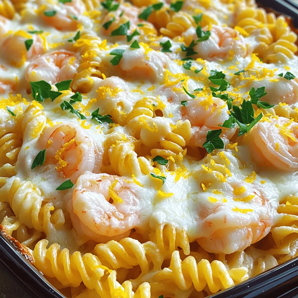 - 12 oz uncooked pasta (fusilli or penne) - 1 lb shrimp, peeled and deveined - 4 tablespoons unsalted butter - 4 cloves garlic, minced - 1/2 teaspoon red pepper flakes (adjust to taste) - 1 cup chicken or vegetable broth - 1 cup heavy cream - 1 cup shredded mozzarella cheese - 1/2 cup grated Parmesan cheese - 1 lemon, zested and juiced - 1/4 cup fresh parsley, chopped - Salt and pepper to taste Gather these ingredients before you start. Each item plays a key role in making this dish rich and flavorful. It’s important to use fresh shrimp to get the best taste. The garlic adds aroma, while the red pepper flakes give it a nice kick. The heavy cream and cheeses make the sauce creamy and indulgent. Don’t forget the lemon zest and juice; they brighten up the flavors. Fresh parsley adds a lovely touch at the end. If you want to check out the full recipe, just follow the link. This dish is simple yet satisfying, perfect for any night! - Cook pasta until al dente. - Drain and set aside. To prepare the pasta, start by boiling a large pot of salted water. Once the water is bubbling, add 12 oz of uncooked pasta, like fusilli or penne. Follow the package instructions for cooking time, usually around 8-10 minutes. The key is to stop cooking just before it gets too soft. Drain the pasta in a colander and let it sit while you move on to the next steps. - Sauté garlic and red pepper flakes. - Add shrimp and season. In a large skillet, melt 4 tablespoons of unsalted butter over medium heat. Add 4 minced garlic cloves and 1/2 teaspoon of red pepper flakes. Stir this mix for about one minute until the garlic smells amazing. Next, add 1 lb of peeled and deveined shrimp to the skillet. Cook the shrimp for about 3-4 minutes until they turn pink and opaque. Season with salt and pepper to taste. - Combine broth and cream. - Incorporate cheeses and lemon. Pour in 1 cup of chicken or vegetable broth and 1 cup of heavy cream. Bring this mixture to a gentle simmer. While it simmers, stir in half of the 1 cup of shredded mozzarella cheese and half of the 1/2 cup of grated Parmesan cheese. Add the zest and juice of 1 lemon to brighten the flavor. Mix until the cheese melts and the sauce becomes creamy. - Mix pasta with shrimp and sauce. - Transfer to baking dish and top with cheese. Combine the cooked pasta with the shrimp mixture in the skillet. Stir until the pasta is well coated with the creamy sauce. Then, transfer the mixture into a greased 9x13 inch baking dish. Top it with the remaining mozzarella and Parmesan cheeses to create a delicious crust when baked. - Preheat oven to 350°F (175°C). - Bake until bubbly and golden brown. Preheat your oven to 350°F (175°C). Once preheated, place your baking dish in the oven. Bake for 25-30 minutes, or until the top is bubbly and turns golden brown. This will create a beautiful, cheesy crust that you will love. Enjoy this dish fresh from the oven! For the full recipe, check [Full Recipe]. To avoid overcooking shrimp, cook them quickly. Shrimp only need about 3-4 minutes in the pan. They turn pink and opaque when done. If you cook them too long, they become rubbery. Always keep an eye on them. For even cooking, make sure they are all about the same size. If using frozen shrimp, let them thaw first. This helps them cook evenly. Achieving the right sauce texture is key for a great bake. Start with butter and garlic, then add broth and cream. Bring the mix to a gentle simmer. Stir in the cheeses slowly. This helps them melt evenly. If your sauce is too thick, add a splash of broth. If it’s too thin, let it cook a little longer. You want a smooth, creamy sauce that coats the pasta. To boost flavor, try adding herbs and spices. Fresh parsley works well, bringing brightness to the dish. You can also add a pinch of thyme or basil for depth. For a kick, consider more red pepper flakes. A splash of white wine can add a nice touch, too. Each of these adds layers of flavor that make your dish stand out. {{image_2}} You can boost the nutrition of your Shrimp Scampi Pasta Bake by adding vegetables. Some great options include: - Spinach - Cherry tomatoes - Bell peppers - Zucchini These vegetables add color and flavor. You can sauté them with the garlic before adding the shrimp. This extra step enhances both taste and texture. If you want a change from shrimp, you can use chicken or scallops. Cook the chicken until it is fully done, about 5-7 minutes. For scallops, sear them for 2-3 minutes on each side. Both options work well with the same creamy sauce. This gives you more ways to enjoy this dish. For a gluten-free Shrimp Scampi Pasta Bake, swap out the pasta and dairy. Use gluten-free pasta made from rice or quinoa. For the cream, choose coconut cream or a dairy-free option. This makes the dish safe for those with gluten allergies or intolerances. You can still enjoy the same great flavors and textures without any gluten. Try these variations to keep your Shrimp Scampi Pasta Bake exciting and satisfying. For the Full Recipe, refer to the earlier section in this article. To keep your Shrimp Scampi Pasta Bake fresh, store it in an airtight container. Let it cool to room temperature first. This prevents condensation, which can make your dish soggy. Place it in the fridge and enjoy it within three days. Label the container with the date for easy tracking. If you want to save some for later, freezing is a great option. First, let the dish cool completely. Then, cut it into portions and wrap them tightly in plastic wrap. Place the wrapped portions in a freezer-safe bag. This helps avoid freezer burn. You can freeze it for up to three months. When you’re ready to eat it, thaw it overnight in the fridge. To reheat, avoid drying out your pasta bake. Use an oven for best results. Preheat the oven to 350°F (175°C). Cover the dish with foil to keep moisture in. Heat for about 20-25 minutes. If you prefer using a microwave, place a portion in a microwave-safe dish. Add a splash of broth or cream to keep it moist. Heat it in short bursts, stirring in between. This will help ensure your meal remains creamy and delicious. I recommend using fusilli or penne pasta. These shapes hold the sauce well. Their twists and tubes trap bits of shrimp and garlic, giving each bite great flavor. You can also use rotini or ziti if you like. The key is to pick a pasta that cooks well and pairs nicely with the creamy sauce. Yes, you can prepare this dish in advance. Cook the pasta and shrimp, then mix everything together. Place it in your baking dish. Cover it and store it in the fridge for up to two days. When you're ready to bake, just preheat the oven and cook it as normal. This makes it a great option for busy days. To make the dish less spicy, reduce the red pepper flakes. You can start with a pinch or skip them altogether. You can also add some extra cream or cheese to tone down the heat. This way, you keep the flavor without the kick. Yes, you can use frozen shrimp. Just make sure to thaw them before cooking. Place them in cold water for about 15 minutes. Pat them dry, then cook as you would fresh shrimp. This is a great way to save time while still enjoying tasty shrimp. Pair the bake with a crisp salad or garlic bread. A simple green salad with a lemon vinaigrette works well. Roasted vegetables like asparagus or broccoli also complement the dish nicely. These sides balance the creaminess of the pasta and add freshness. For the complete Shrimp Scampi Pasta Bake recipe, check the [Full Recipe]. This blog post covered the tasty Shrimp Scampi Pasta Bake. We explored key ingredients, step-by-step cooking, and how to enhance flavor. I shared tips for perfect shrimp and creamy sauce. You can also customize this dish with veggies or alternative proteins. Remember, storing and reheating properly keeps it delicious. Enjoy making this dish with your favorite twists! It’s simple and fun to share with friends and family. Your kitchen will be the place everyone wants to be.