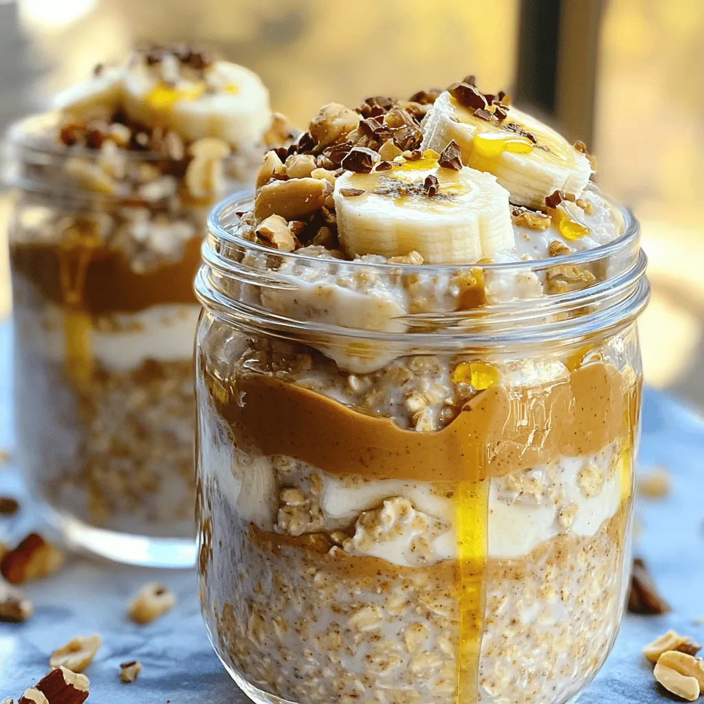 - 1 cup rolled oats - 2 cups milk (dairy or non-dairy) - 2 tablespoons chia seeds - 2 ripe bananas, mashed - 4 tablespoons creamy peanut butter - 2 tablespoons honey or maple syrup - 1 teaspoon vanilla extract - A pinch of salt - Optional toppings: sliced bananas, chopped nuts, cacao nibs, or a sprinkle of cinnamon When I create this peanut butter banana overnight oats recipe, I focus on simple ingredients. The rolled oats form the base, giving it a hearty texture. I like using rolled oats because they hold their shape well and absorb flavors nicely. Next, I choose milk, whether dairy or non-dairy. This choice affects the creaminess of the final dish. Chia seeds add a nice boost of nutrition. They swell up and give the oats a lovely texture. For flavor, I mash ripe bananas. The riper they are, the sweeter they taste. Creamy peanut butter makes the dish rich and satisfying. I sweeten with honey or maple syrup based on my mood. In this recipe, I also have some optional add-ins. A splash of vanilla extract brightens the flavor. A pinch of salt enhances sweetness too. Toppings like sliced bananas or chopped nuts add a nice crunch. Cacao nibs or cinnamon can give extra flavor and fun. You can find the full recipe [here](#). Enjoy experimenting with these ingredients! - In a large bowl, mix: - 1 cup rolled oats - 2 tablespoons chia seeds - A pinch of salt - In another bowl, combine: - 2 cups milk (dairy or non-dairy) - 2 ripe bananas, mashed - 4 tablespoons creamy peanut butter - 2 tablespoons honey or maple syrup - 1 teaspoon vanilla extract - Pour the wet mixture over the dry oats. Stir gently until well mixed. - Divide the mix into jars or containers. Cover them tightly for refrigeration. - When ready to eat, give the oats a good stir. - If you want a thinner mix, add a splash of milk or water. - Top with sliced bananas, extra peanut butter, nuts, or cacao nibs for a treat. For the full recipe, check the detailed instructions above. Enjoy your tasty and healthy breakfast! To make the best Peanut Butter Banana Overnight Oats, start by mixing your dry ingredients. In a large bowl, combine the rolled oats, chia seeds, and a pinch of salt. This step helps the oats soak up moisture evenly. Next, mix your wet ingredients in another bowl. Whisk together the milk, mashed bananas, peanut butter, honey, and vanilla until smooth. Pour the wet mix over the dry ingredients. Stir gently but thoroughly to make sure every oat is coated. This ensures a creamy texture. For the right texture, let the oats sit in the fridge overnight. This allows them to absorb the liquid and soften. If you like a thinner consistency, add a splash of milk in the morning. Stir well before serving. You can switch peanut butter for other nut butters, like almond or cashew. This change adds new flavors and can suit different diets. For sweeteners, try using maple syrup or agave. Adjust the amount based on your taste. If you want it sweeter, add more. For less sweetness, use less honey or syrup. Serving your overnight oats in jars is a fun idea. It looks nice and is easy to grab. You can layer toppings like sliced bananas, chopped nuts, and cacao nibs on top. This not only makes it pretty but adds different textures. Make sure to have fun with it! You can even sprinkle some cinnamon on top for an extra kick. For the full recipe, check out the earlier section. {{image_2}} You can easily jazz up your Peanut Butter Banana Overnight Oats. Here are some fun ways to add new flavors: - Adding cocoa powder or chocolate chips: For a chocolate twist, mix in one tablespoon of cocoa powder. You can also add a handful of chocolate chips for sweetness. This makes your oats feel like dessert! - Incorporating different fruits: Try mixing in other fruits like berries or apples. Chopped strawberries or blueberries add a fresh burst. Apples give a nice crunch. Just make sure to chop them small so they blend well. You can make this recipe fit your diet with a few swaps: - Vegan options: Use plant-based milk like almond or soy. Replace honey with maple syrup for a vegan sweetener. Your oats will still taste delicious! - Gluten-free alternatives: Choose certified gluten-free rolled oats. This way, everyone can enjoy your tasty dish without worry. Make your overnight oats fit the season: - Fall flavors: Add a pinch of pumpkin spice to the mix. It gives a warm flavor perfect for chilly mornings. You can also stir in some canned pumpkin for extra creaminess. - Summer fruit additions: In summer, toss in diced peaches or cherries. These fruits bring a juicy freshness that brightens your breakfast. To keep your peanut butter banana overnight oats fresh, store them in the fridge. Use airtight containers or jars to seal in flavors. This helps keep the oats tasty and safe to eat. Your prepared oats can last in the fridge for up to five days. This makes them great for meal prep. You may want to reheat your oats for breakfast. If so, do it gently. Place the oats in a bowl and heat them in the microwave. Start with 30 seconds, and stir before checking the warmth. If it needs more heat, add 10 seconds at a time. Avoid overheating, as this can change the texture. Stirring helps keep the oats creamy. Freezing overnight oats is a smart way to save time. You can freeze them in single servings. Use containers that seal tightly to prevent freezer burn. Glass jars or plastic containers work well. Just remember to leave a little space at the top for expansion. You can store them for up to three months. When ready to eat, thaw them in the fridge overnight. How to make Peanut Butter Banana Overnight Oats? To make Peanut Butter Banana Overnight Oats, you need simple steps. First, mix rolled oats, chia seeds, and a pinch of salt in a bowl. In another bowl, mash two ripe bananas. Then, add milk, peanut butter, honey, and vanilla to the bananas. Stir until smooth. Pour the wet mix over the dry mix and stir gently. Divide into jars and cover. Refrigerate overnight. In the morning, stir and add your favorite toppings. You can find the full recipe above. Can I use instant oats instead of rolled oats? Yes, you can use instant oats. However, they absorb liquid faster. This may change the texture of your overnight oats. Rolled oats provide a chewier texture, which many people enjoy more. If using instant oats, reduce the soaking time. You may need to adjust the liquid too. Is this recipe healthy? What are the health benefits? Yes, this recipe is healthy. It offers a good balance of nutrients. Rolled oats provide fiber, which aids digestion. Bananas add potassium and natural sweetness. Peanut butter gives you protein and healthy fats. Chia seeds add omega-3s and more fiber. Together, these ingredients support energy and fullness. Can I add protein powder to this recipe? Absolutely! Adding protein powder is easy. Just mix a scoop into the wet ingredients. This boosts protein content and keeps you full longer. Choose a flavor you like, such as vanilla or chocolate, to enhance the taste. Why are my oats too soggy or dry? If your oats are too soggy, you may have added too much liquid. Next time, reduce the milk. If they are too dry, add a little more milk before serving. Stir well to combine. Finding the right balance may take some practice. What to do if I don’t have chia seeds? If you lack chia seeds, don’t worry. You can skip them or use ground flaxseeds instead. Another option is to add more rolled oats to absorb the liquid. This will still give you tasty and nutritious overnight oats. In this post, we've explored how to make delicious Peanut Butter Banana Overnight Oats. We covered the main ingredients and flavor enhancers, plus tips for perfecting your recipe. You can customize oats with different fruits and toppings. Storing and reheating methods ensure you enjoy this meal any day. Keep these ideas in mind to make your oatmeal fun and tasty. Start creating your own perfect blend today!