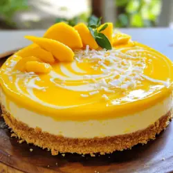 To make Tropical Mango Cheesecake, you will need the following key ingredients: - 1 ½ cups graham cracker crumbs - ½ cup unsweetened shredded coconut - ½ cup unsalted butter, melted - 16 oz cream cheese, softened - 1 cup sugar - 3 large eggs - 1 cup ripe mango puree (about 2 ripe mangoes) - 1 teaspoon vanilla extract - 1 tablespoon lemon juice - Fresh mango slices and toasted coconut for garnish Optional ingredients can enhance the flavor. You might try adding a pinch of salt or lime zest. Both can boost the brightness of the mango. For tools, you will need: - A 9-inch springform pan - A medium bowl for mixing the crust - A large mixing bowl for the filling - An electric mixer for smooth blending - A spatula for spreading the filling Gather these items, and you’re ready to start your Tropical Mango Cheesecake journey! If you want to follow the recipe step-by-step, check the Full Recipe for detailed instructions. First, preheat your oven to 350°F (175°C). In a medium bowl, mix together 1 ½ cups of graham cracker crumbs, ½ cup of unsweetened shredded coconut, and ½ cup of melted unsalted butter. Stir until all the crumbs are coated. Next, take a 9-inch springform pan and press the crumb mixture evenly into the bottom. Make sure it is packed tightly to avoid crumbling later. Bake in the preheated oven for 10 minutes. After baking, remove the pan and let the crust cool completely. In a large mixing bowl, add 16 oz of softened cream cheese. Use an electric mixer to beat it until it’s smooth and creamy. Slowly add in 1 cup of sugar while continuing to beat the mixture. Once combined, add 3 large eggs one at a time. Mix on low speed after each egg until just combined. Then, add 1 cup of ripe mango puree, 1 teaspoon of vanilla extract, and 1 tablespoon of lemon juice. Mix until everything is smooth, but be careful not to overmix. This helps keep your cheesecake from cracking. Now it's time to pour the filling into your prepared crust. Spread the mixture evenly with a spatula. Bake the cheesecake in the oven for 50 to 60 minutes. You want the edges to be set and the center to jiggle slightly when shaken. Once done, turn off the oven and leave the cheesecake inside for 1 hour to cool gradually. After that, remove it from the oven and refrigerate for at least 4 hours, or preferably overnight. This chilling time helps the flavors meld and improves the texture. You can find the full recipe for Tropical Mango Cheesecake to ensure you have all the details right! - Optimal temperature for ingredients: Always start with room temperature cream cheese. This helps it blend smoothly without lumps. Let your eggs sit out for about 30 minutes before using them. Warm eggs mix better. - How to prevent cracks in the cheesecake: To help avoid cracks, don’t overmix your batter. Mix only until smooth. Also, bake your cheesecake in a water bath. This keeps the heat gentle and even. - Suggestions for achieving the right consistency: Aim for a creamy and thick batter. If it's too thin, your cheesecake may not set well. Add a bit more cream cheese if needed. - Recommended toppings beyond mango and coconut: Try adding fresh berries like strawberries or blueberries. A drizzle of passion fruit puree can also add a nice tartness. - Creative plating suggestions for presentation: Use a slice of cheesecake on a colorful plate. Add a few mango slices and a sprinkle of toasted coconut around it. A mint leaf can add a pop of color. - Pairing drinks or other desserts with the cheesecake: Serve with a light tea or sparkling water. You can also pair it with a scoop of coconut sorbet for a refreshing touch. {{image_2}} You can change the flavor of your cheesecake easily. Try using different fruit purees. Pineapple gives a sweet twist. Passion fruit adds a nice tartness. Both can make your cheesecake pop with new flavors. You can also spice things up. Consider adding a pinch of cinnamon or nutmeg. A drop of almond or coconut extract can brighten the taste. These small changes can make a big difference. Next, think about the crust. If you want something unique, swap graham crackers for other options. You can use cookie crumbs like Oreos for a chocolate crust. A nut crust made from almonds or pecans can add crunch. Each option brings a new taste and texture to your cheesecake. If you need a gluten-free version, it’s simple. Replace graham cracker crumbs with gluten-free crumbs. You can also use ground nuts or oats. This change keeps your crust tasty and gluten-free. For a vegan adaptation, swap cream cheese for a plant-based option. Use cashew cream or coconut cream for a rich texture. Replace eggs with flax eggs or silken tofu. This makes your cheesecake dairy-free and still delicious. If you want to reduce sugar, try using ripe bananas or applesauce. These fruits add sweetness without the extra sugar. You can also use honey or maple syrup for a natural sweetener. Adjusting the sugar helps keep the flavor strong without being too sweet. For more details, check out the Full Recipe to see how to make this delightful treat. To keep your tropical mango cheesecake fresh, store it in the fridge. Use an airtight container to shield it from strong smells. This way, your cheesecake stays tasty. It lasts up to five days in the fridge. After that, the flavors may fade. If you want to save it for later, freezing is a good option. Wrap individual slices tightly in plastic wrap, then place them in a freezer bag. This will prevent freezer burn. Your cheesecake can freeze well for up to three months. When you want to enjoy it again, move it to the fridge overnight. This will help it thaw slowly and taste great. Serving your cheesecake can be fun and creative. Try drizzling it with mango sauce or coconut cream for extra flavor. You can also use whipped cream or a fruit puree to enhance the dish. When you add garnishes like fresh mango slices or toasted coconut, store them separately. This way, they stay fresh and crunchy. Serve portions of cheesecake as large or small slices based on your guest's needs. You can also cut them into bite-sized pieces for a fun dessert platter. These ideas will make your tropical mango cheesecake even more delightful! For more details, check the Full Recipe. Can I use frozen mango for the puree? Yes, you can use frozen mango. Just thaw it first. Blend it until smooth. This saves time and still tastes great. How do I know when the cheesecake is done? Check for a slight jiggle in the middle. The edges should be set. It’s normal for the center to be a bit soft. What can I do if my cheesecake cracks? If your cheesecake cracks, don't worry! You can cover it with fruit or whipped cream. This hides the cracks and adds flavor. How long can I keep this cheesecake in the fridge? You can keep it in the fridge for up to five days. Store it in an airtight container to keep it fresh. Can I make this in advance for a party? Absolutely! Make it a day or two ahead. This gives it time to chill and set perfectly. What's the best way to slice cheesecake neatly? Use a sharp knife dipped in hot water. Wipe it clean after each slice. This keeps your slices looking perfect. For the full recipe, check out the Tropical Mango Cheesecake section. You now have all the steps to make a great cheesecake. From choosing the right ingredients to perfecting your crust and filling, each part matters. Remember, temperature and mixing technique are key. Don't forget the fun of adding your own flair with toppings or flavors. Whether you want a classic taste or a new twist, you can do it. Enjoy storing and serving your cheesecake as you like. Now, grab your tools and start baking; your delicious dessert awaits!