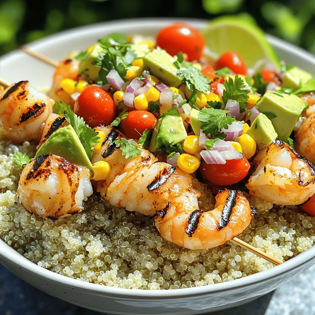 For this tasty bowl, gather these key ingredients: - 1 lb large shrimp, peeled and deveined - 2 tablespoons olive oil - 1 teaspoon paprika - 1 teaspoon garlic powder - Salt and pepper to taste - 1 cup cooked quinoa - 1 avocado, diced - 1 cup cherry tomatoes, halved - 1 cup sweet corn (fresh, frozen, or canned) - 1/4 red onion, finely chopped - 1 tablespoon lime juice - Fresh cilantro for garnish These ingredients come together to create a vibrant dish full of flavor and color. The shrimp give a nice protein boost, while the quinoa adds a hearty base. The corn and avocado bring freshness and texture. You can elevate your bowl with these optional garnishes: - Lime wedges - Additional cilantro - Crumbled feta cheese - Sliced jalapeños These garnishes add a fun twist and enhance the flavor. Feel free to mix and match based on your taste. To make this dish, these tools will help you: - Grill or grill pan - Skewers (if using wooden skewers, soak them first) - Mixing bowls - Knife and cutting board Having the right tools makes cooking easier and more enjoyable. You can find the full recipe in the article to guide you through the steps! First, gather your ingredients. You need shrimp, olive oil, spices, and veggies. Rinse the shrimp under cold water. Peel and devein them if not done already. In a large bowl, mix the shrimp with olive oil, paprika, garlic powder, salt, and pepper. Toss well so all the shrimp are coated. This adds great flavor. If you want, you can soak wooden skewers in water for 30 minutes. This helps prevent burning. Now, heat your grill or grill pan to medium-high heat. Once hot, thread the shrimp onto the skewers. This makes grilling easier. Place the skewers on the grill. Cook each side for 2-3 minutes. You want them to turn opaque and slightly charred. This will give them a nice taste. Remove the shrimp from the grill when done. It's time to build your bowl! Start with a layer of cooked quinoa. This will be your base. Next, add the grilled shrimp on top. Now, let's make the corn salsa. In a separate bowl, mix diced avocado, cherry tomatoes, corn, red onion, and lime juice. Season with salt and pepper to taste. Spoon the corn salsa over the shrimp. Finally, add fresh cilantro for a pop of color. You can find the full recipe for more detailed steps and tips. Enjoy your delicious meal! To grill shrimp well, start with large shrimp. They hold up better on the grill. Marinate them in olive oil, garlic powder, and paprika for flavor. Use salt and pepper to enhance their taste. Thread the shrimp onto skewers to make grilling easy. If you use wooden skewers, soak them in water for 30 minutes. This step keeps them from burning. Grill shrimp over medium-high heat for 2-3 minutes on each side. They should turn opaque and slightly charred when done. This quick cooking locks in flavor and moisture. Corn salsa adds freshness to the dish. Mix sweet corn with diced avocado, cherry tomatoes, and red onion. The lime juice gives it a nice tang. Use fresh corn if you can, but frozen or canned works too. Add a pinch of salt and pepper to taste. Mix gently to keep the avocado intact. This salsa contrasts the grilled shrimp nicely and brings color to your bowl. You can even add chopped jalapeños for some heat if you like spice. A well-presented dish makes your meal more enjoyable. Start by placing cooked quinoa at the bottom of the bowl. This provides a lovely base. Next, layer on the grilled shrimp. Finally, add a generous scoop of corn salsa on top. Garnish with fresh cilantro for a pop of green. Arrange everything neatly for a beautiful look. You can even serve this in a colorful bowl to enhance the visual appeal. The bright colors of the shrimp, salsa, and quinoa make the dish inviting and fun. For the complete recipe, check out the Full Recipe. {{image_2}} You can swap shrimp for many other proteins. Chicken works great in this bowl. Just cut it into bite-sized pieces. You can also use firm fish like salmon or tuna. If you want a plant-based option, try tofu or tempeh. Both soak up flavors well. Each protein brings its own taste and texture to the dish. Quinoa is nutritious, but you can change it up. Brown rice or cauliflower rice are good choices. Brown rice gives a chewy texture, while cauliflower rice adds lightness. You could also use couscous for a different bite. Each grain will change the flavor, so pick what you love best. Get creative with your corn salsa! Add diced bell peppers for crunch and color. You can mix in black beans for added protein. Fresh herbs like parsley or mint can brighten the flavor. Try a splash of hot sauce if you want some heat. These add-ins can make the salsa even more exciting and delicious. For the full recipe, check out the earlier section. To keep your grilled shrimp bowl fresh, place leftovers in an airtight container. Store it in the fridge for up to three days. Make sure the shrimp and corn salsa are separated to keep the flavors fresh. If you layer them together, the shrimp may get mushy. When you're ready to enjoy the leftovers, reheat the shrimp in a pan over medium heat. This method keeps the shrimp juicy. You can also use the microwave, but do it in short bursts. Heat for 30 seconds at a time. Stir between heating intervals to avoid overcooking. The corn salsa is best served cold, so skip reheating it. If you want to save your grilled shrimp bowl for later, freezing is a great option. Place the shrimp and quinoa in a freezer-safe container. You can freeze the corn salsa too, but store it separately. Your bowl will stay good for up to three months in the freezer. When you’re ready to eat, thaw it in the fridge overnight before reheating. For best results, eat it within a month for optimal taste. Yes, you can use frozen shrimp. Just make sure to thaw them first. Place the shrimp in the fridge overnight or run them under cold water. This keeps the shrimp fresh and tasty. Using frozen shrimp can save time and is often more convenient. Just be sure to pat them dry before cooking. You can replace quinoa with rice or couscous. Brown rice adds a nutty flavor. White rice is lighter and quicker to cook. Couscous cooks fast and has a nice texture. You can also use farro or barley for added chewiness. Choose what you enjoy most! To adjust spice levels, add more or less paprika. If you like it spicy, consider adding cayenne pepper. For milder flavor, skip the paprika or reduce it. Taste as you go for the best results. This way, you control the heat and make it just right for you. Grilling shrimp creates a tasty and fun dish. You learned about main ingredients, optional garnishes, and key cooking tools. I shared step-by-step instructions to help you grill shrimp and assemble a delicious bowl. Tips for perfect grilling, flavor-packed corn salsa, and attractive plating enhance your meal. You can try different proteins, grains, and add-ins for variety. Lastly, I provided storage info for leftovers and helpful answers to common questions. Enjoy making this easy shrimp bowl!