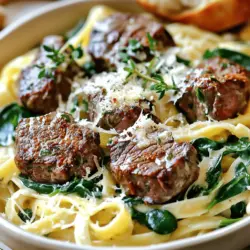- 1 lb sirloin steak, cut into bite-sized pieces - 4 tablespoons unsalted butter - 4 cloves garlic, minced These main ingredients create a strong base for the dish. The sirloin adds a rich, meaty flavor. Unsalted butter gives a creamy texture, while garlic adds a punch of taste. - 1 teaspoon smoked paprika - 1 teaspoon dried thyme - 1 cup heavy cream The smoked paprika brings warmth and depth. Dried thyme adds a subtle earthiness. Heavy cream transforms the dish into a rich, luxurious sauce. - Fresh parsley, chopped for garnish - 1/2 cup grated Parmesan - 1 cup baby spinach These garnishes enhance the dish. Fresh parsley adds color and freshness. Grated Parmesan brings more creaminess and flavor. Baby spinach wilts perfectly into the warm pasta. For the complete recipe, check out the [Full Recipe]. Start by boiling a large pot of salted water. Once it bubbles, add 8 oz of fettuccine. Cook the pasta until it is al dente, which usually takes about 8-10 minutes. Drain the pasta, but save about 1/2 cup of that starchy water. This water helps make the sauce creamy later. Next, heat a large skillet over medium-high heat. Melt 2 tablespoons of butter in the pan. Once the butter bubbles, add 1 lb of sirloin steak cut into bite-sized pieces. Season the steak with salt, pepper, and 1 teaspoon of smoked paprika. Cook for about 2-3 minutes on each side until it's beautifully browned. Once cooked, remove the steak bites from the skillet and set them aside. In the same skillet, add the remaining 2 tablespoons of butter. Then, toss in 4 minced garlic cloves. Cook for about 1 minute until the garlic smells amazing. Be careful not to burn it, or the flavor will turn bitter. This garlic butter sauce will be the heart of your dish. Lower the heat to medium and pour in 1 cup of heavy cream. Whisk it continuously to mix well. Add 1/2 cup of grated Parmesan cheese and stir until it melts smoothly. If the sauce seems too thick, add a splash of the reserved pasta water. This will help get the right texture. Stir in 1 teaspoon of dried thyme for extra flavor. Now, it's time to bring everything together. Add the cooked pasta to the creamy sauce and toss well to coat each piece. Gently fold in the seared steak bites and 1 cup of baby spinach. This will let the spinach wilt just a bit, adding freshness to your dish. For the full recipe, check out the complete guide to make this dish shine! To get the best flavor, season the steak well with salt, pepper, and smoked paprika. This blend brings out the meat's natural taste. For cooking, aim for about 2-3 minutes on each side. This timing gives a nice brown crust while keeping the inside tender. If you prefer your steak more cooked, add an extra minute. Always let the steak rest after cooking. This helps keep it juicy and flavorful. To avoid lumps in your sauce, add the cheese slowly while whisking. Start with the heavy cream and let it warm up first. This helps the cheese melt evenly. If you find the sauce too thick, add a little of the reserved pasta water. This will help you reach the perfect creamy texture. Keep stirring until everything is well combined. For serving, use shallow bowls for a nice look. Plate the creamy pasta and steak bites neatly in the center. Sprinkle extra grated Parmesan on top for flavor and a pop of color. A sprig of fresh parsley also brightens the dish. Pair it with some crusty bread on the side. This is perfect for sopping up that delicious sauce. Enjoy the meal with your family or friends! {{image_2}} You can switch up the pasta for this dish. While fettuccine is great, other options work well too. Try using penne, spaghetti, or even rotini. These shapes hold the creamy sauce well. If you want a lighter choice, use zucchini noodles or whole wheat pasta. Both add flavor and texture. To boost taste, add more herbs and spices. Fresh basil or oregano can give a nice twist. A pinch of red pepper flakes adds heat if you like spice. You can even try a squeeze of lemon for brightness. Each of these options makes the dish uniquely yours. To turn this dish into a full meal, consider adding veggies. Sautéed bell peppers, mushrooms, or broccoli mix well. You can also serve a salad on the side for crunch. This extra touch makes your meal colorful and healthy. For a complete experience, enjoy some crusty bread too. It’s perfect for soaking up that creamy sauce. To keep your Garlic Butter Steak Bites with Creamy Pasta fresh, store leftovers in an airtight container. Place the container in the fridge. Eat the leftovers within three days for the best taste. Make sure to cool the dish to room temperature before sealing it up. This helps prevent condensation, which can make your pasta soggy. When you’re ready to enjoy your leftovers, reheat them gently. The best way is to use a skillet. Heat the skillet over low to medium heat. Add a splash of water or broth to keep it moist. Stir occasionally until everything is warm. This method helps keep the pasta and steak bites from getting tough or dry. If you want to freeze your dish, do so before adding spinach. Spinach can get mushy when frozen. Place the cooled pasta and steak in a freezer-safe container. Seal it tight and label with the date. Use within three months for the best flavor. To thaw, move it to the fridge overnight before reheating. Yes, you can use other cuts of steak. Try ribeye or tenderloin for a rich taste. Flank steak is also great but cook it less for tenderness. Each cut adds a unique flavor. To stop pasta from sticking, stir it while cooking. Use enough salted water, about 4-6 quarts per pound of pasta. Drain it right after cooking, but don’t rinse. Save some pasta water to mix with the sauce later. You can use half-and-half if you want a lighter option. Coconut cream works well for a non-dairy choice. For a lower-fat option, use milk and a bit of cornstarch to thicken. Each option changes the flavor a bit, so choose what you like. This dish takes about 35 minutes total. You’ll spend 10 minutes prepping and 25 minutes cooking. It’s quick and perfect for a weeknight meal. Follow the Full Recipe for exact steps. In this post, we covered how to make a creamy steak fettuccine. We began with the key ingredients, like sirloin steak and garlic. Then, I gave step-by-step instructions for cooking the pasta and making the sauce. We also shared tips for perfecting your steak bites and serving it well. Remember, cooking can be fun and easy. Experiment with flavors and adjust to your taste. Enjoy your creamy dish, and make it your own!