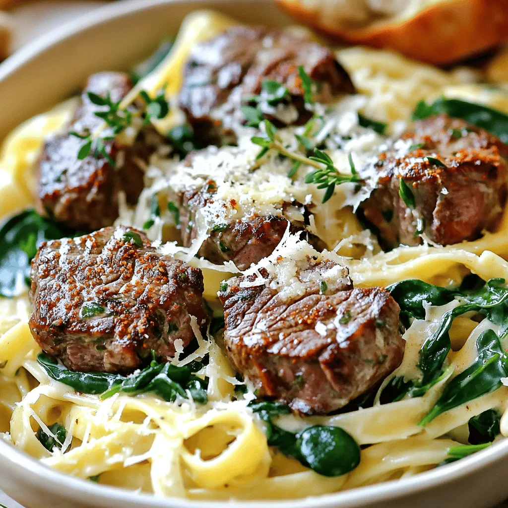 - 1 lb sirloin steak, cut into bite-sized pieces - 4 tablespoons unsalted butter - 4 cloves garlic, minced These main ingredients create a strong base for the dish. The sirloin adds a rich, meaty flavor. Unsalted butter gives a creamy texture, while garlic adds a punch of taste. - 1 teaspoon smoked paprika - 1 teaspoon dried thyme - 1 cup heavy cream The smoked paprika brings warmth and depth. Dried thyme adds a subtle earthiness. Heavy cream transforms the dish into a rich, luxurious sauce. - Fresh parsley, chopped for garnish - 1/2 cup grated Parmesan - 1 cup baby spinach These garnishes enhance the dish. Fresh parsley adds color and freshness. Grated Parmesan brings more creaminess and flavor. Baby spinach wilts perfectly into the warm pasta. For the complete recipe, check out the [Full Recipe]. Start by boiling a large pot of salted water. Once it bubbles, add 8 oz of fettuccine. Cook the pasta until it is al dente, which usually takes about 8-10 minutes. Drain the pasta, but save about 1/2 cup of that starchy water. This water helps make the sauce creamy later. Next, heat a large skillet over medium-high heat. Melt 2 tablespoons of butter in the pan. Once the butter bubbles, add 1 lb of sirloin steak cut into bite-sized pieces. Season the steak with salt, pepper, and 1 teaspoon of smoked paprika. Cook for about 2-3 minutes on each side until it's beautifully browned. Once cooked, remove the steak bites from the skillet and set them aside. In the same skillet, add the remaining 2 tablespoons of butter. Then, toss in 4 minced garlic cloves. Cook for about 1 minute until the garlic smells amazing. Be careful not to burn it, or the flavor will turn bitter. This garlic butter sauce will be the heart of your dish. Lower the heat to medium and pour in 1 cup of heavy cream. Whisk it continuously to mix well. Add 1/2 cup of grated Parmesan cheese and stir until it melts smoothly. If the sauce seems too thick, add a splash of the reserved pasta water. This will help get the right texture. Stir in 1 teaspoon of dried thyme for extra flavor. Now, it's time to bring everything together. Add the cooked pasta to the creamy sauce and toss well to coat each piece. Gently fold in the seared steak bites and 1 cup of baby spinach. This will let the spinach wilt just a bit, adding freshness to your dish. For the full recipe, check out the complete guide to make this dish shine! To get the best flavor, season the steak well with salt, pepper, and smoked paprika. This blend brings out the meat's natural taste. For cooking, aim for about 2-3 minutes on each side. This timing gives a nice brown crust while keeping the inside tender. If you prefer your steak more cooked, add an extra minute. Always let the steak rest after cooking. This helps keep it juicy and flavorful. To avoid lumps in your sauce, add the cheese slowly while whisking. Start with the heavy cream and let it warm up first. This helps the cheese melt evenly. If you find the sauce too thick, add a little of the reserved pasta water. This will help you reach the perfect creamy texture. Keep stirring until everything is well combined. For serving, use shallow bowls for a nice look. Plate the creamy pasta and steak bites neatly in the center. Sprinkle extra grated Parmesan on top for flavor and a pop of color. A sprig of fresh parsley also brightens the dish. Pair it with some crusty bread on the side. This is perfect for sopping up that delicious sauce. Enjoy the meal with your family or friends! {{image_2}} You can switch up the pasta for this dish. While fettuccine is great, other options work well too. Try using penne, spaghetti, or even rotini. These shapes hold the creamy sauce well. If you want a lighter choice, use zucchini noodles or whole wheat pasta. Both add flavor and texture. To boost taste, add more herbs and spices. Fresh basil or oregano can give a nice twist. A pinch of red pepper flakes adds heat if you like spice. You can even try a squeeze of lemon for brightness. Each of these options makes the dish uniquely yours. To turn this dish into a full meal, consider adding veggies. Sautéed bell peppers, mushrooms, or broccoli mix well. You can also serve a salad on the side for crunch. This extra touch makes your meal colorful and healthy. For a complete experience, enjoy some crusty bread too. It’s perfect for soaking up that creamy sauce. To keep your Garlic Butter Steak Bites with Creamy Pasta fresh, store leftovers in an airtight container. Place the container in the fridge. Eat the leftovers within three days for the best taste. Make sure to cool the dish to room temperature before sealing it up. This helps prevent condensation, which can make your pasta soggy. When you’re ready to enjoy your leftovers, reheat them gently. The best way is to use a skillet. Heat the skillet over low to medium heat. Add a splash of water or broth to keep it moist. Stir occasionally until everything is warm. This method helps keep the pasta and steak bites from getting tough or dry. If you want to freeze your dish, do so before adding spinach. Spinach can get mushy when frozen. Place the cooled pasta and steak in a freezer-safe container. Seal it tight and label with the date. Use within three months for the best flavor. To thaw, move it to the fridge overnight before reheating. Yes, you can use other cuts of steak. Try ribeye or tenderloin for a rich taste. Flank steak is also great but cook it less for tenderness. Each cut adds a unique flavor. To stop pasta from sticking, stir it while cooking. Use enough salted water, about 4-6 quarts per pound of pasta. Drain it right after cooking, but don’t rinse. Save some pasta water to mix with the sauce later. You can use half-and-half if you want a lighter option. Coconut cream works well for a non-dairy choice. For a lower-fat option, use milk and a bit of cornstarch to thicken. Each option changes the flavor a bit, so choose what you like. This dish takes about 35 minutes total. You’ll spend 10 minutes prepping and 25 minutes cooking. It’s quick and perfect for a weeknight meal. Follow the Full Recipe for exact steps. In this post, we covered how to make a creamy steak fettuccine. We began with the key ingredients, like sirloin steak and garlic. Then, I gave step-by-step instructions for cooking the pasta and making the sauce. We also shared tips for perfecting your steak bites and serving it well. Remember, cooking can be fun and easy. Experiment with flavors and adjust to your taste. Enjoy your creamy dish, and make it your own!