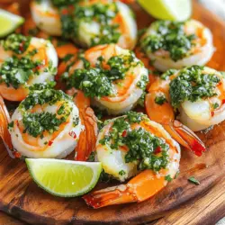 To make Pan Seared Chimichurri Shrimp, gather these fresh ingredients: - 1 pound large shrimp, peeled and deveined - 2 tablespoons olive oil - Salt and pepper to taste - 1 cup fresh parsley, finely chopped - 1/2 cup fresh cilantro, finely chopped - 3 garlic cloves, minced - 1 teaspoon red pepper flakes (adjust to taste) - 1/4 cup red wine vinegar (or lemon juice for a non-alcoholic option) - 1/2 teaspoon smoked paprika - Zest of 1 lime - Juice of 1 lime If you lack some ingredients, don't worry! Here are easy swaps: - Shrimp: Use scallops or chicken if you need an alternative. - Olive oil: Can be replaced with avocado oil or grapeseed oil. - Red wine vinegar: Lemon juice or apple cider vinegar work well too. - Fresh herbs: You can try basil or oregano if you don’t have parsley or cilantro. - Red pepper flakes: Use fresh chili or omit for no spice. Choosing shrimp can be simple with a few tips: - Look for a clean scent: Fresh shrimp should smell like the ocean, not fishy. - Check color: The shells should be shiny and translucent, not dull. - Feel for firmness: Fresh shrimp should feel firm, not mushy. - Buy on ice: If possible, choose shrimp kept on ice for optimal freshness. For a full recipe, check the section above. To make chimichurri sauce, start with a bowl. Add 1 cup of finely chopped parsley. Then, add 1/2 cup of finely chopped cilantro. Next, include 3 minced garlic cloves and 1 teaspoon of red pepper flakes. If you like it spicy, feel free to add more flakes. Pour in 1/4 cup of red wine vinegar or lemon juice if you prefer. Add 1/2 teaspoon of smoked paprika for a nice flavor boost. Zest one lime and squeeze its juice into the mix. Stir everything well and season with salt and pepper. Let it sit for 15 minutes. This helps all the flavors blend nicely. Now let's prep the shrimp. Take 1 pound of large shrimp and pat them dry with paper towels. This step is important because dry shrimp sear better. In a separate bowl, drizzle 2 tablespoons of olive oil over the shrimp. Season them with salt, pepper, and a pinch of smoked paprika. Mix everything well so each shrimp gets coated. This will add great flavor when you cook them. It's time to sear the shrimp. Heat a large skillet over medium-high heat. When the pan is hot, add the shrimp in a single layer. Cook them for 2-3 minutes. You’ll know they are ready when they turn pink and start to char slightly. Use tongs to flip each shrimp carefully. Cook for another 1-2 minutes until they are fully cooked. Avoid overcrowding the pan; do this in batches if needed. Once done, remove the skillet from heat. Plate the shrimp beautifully and drizzle with chimichurri sauce. Serve extra sauce on the side for dipping. Enjoy this flavorful dish! When making pan seared chimichurri shrimp, some mistakes can ruin the dish. Here are a few to watch for: - Overcrowding the pan: If you add too many shrimp, they won't sear well. They will steam instead. Cook in batches for the best results. - Not drying the shrimp: Wet shrimp will not sear properly. Pat them dry with paper towels before seasoning. - Skipping the seasoning: Shrimp need flavor. Don’t be shy with salt, pepper, and paprika to enhance their taste. A perfect sear gives your shrimp a nice color and flavor. Here’s how to do it right: - Use high heat: Heat your skillet over medium-high. The pan must be hot before adding the shrimp. - Don’t move them: Once the shrimp hit the pan, let them cook. Moving them too soon will prevent a good sear. - Check for color: Look for a pink hue and slight char before flipping. This shows they are ready. Chimichurri is all about fresh flavors. Here are some tips to boost its taste: - Add more herbs: Try adding fresh oregano or basil for a twist on the classic flavor. - Use different acids: Swap red wine vinegar for lemon juice or lime juice for a brighter taste. - Adjust the heat: If you like spice, increase the red pepper flakes. For mild flavor, reduce them. For the full recipe, be sure to check out the complete guide. {{image_2}} You can switch shrimp for other proteins. Chicken, fish, or scallops work well too. Each protein brings its own taste and texture. For chicken, use thin slices to cook evenly. Fish like salmon or tilapia can soak in chimichurri flavor. Scallops sear nicely and add a sweet touch. Adjust the cooking time based on the protein you choose. Always aim for a golden crust for best results. Chimichurri sauce offers many ways to customize its flavor. You can play with the herbs, like adding oregano or basil. Want a kick? Toss in more red pepper flakes or a diced jalapeño. For zest, try using orange or lemon juice instead of vinegar. Different oils can change the taste too. Avocado oil adds a smooth flavor that is lovely with seafood. Make it your own by mixing and matching these ingredients! This dish shines with simple sides. A light salad or roasted veggies complements the shrimp well. You can also serve it with rice or quinoa for a hearty meal. Consider pairing it with crusty bread for dipping in the chimichurri sauce. If you want a drink, a chilled white wine or sparkling water works great. These choices enhance the dish without overpowering it. For more great ideas, check the Full Recipe for inspiration! Store leftover shrimp in an airtight container. Place the shrimp in the fridge right after serving. They will stay fresh for up to three days. If you want to keep them longer, freeze the shrimp. Just make sure they cool down before sealing. Use a freezer-safe bag for the best results. This way, the shrimp can last up to three months. Chimichurri can also be stored easily. Keep it in a jar or container with a tight lid. You can store it in the fridge for up to one week. If you want to save it longer, you can freeze chimichurri. Pour it into an ice cube tray and freeze. This way, you can use small amounts later as needed. To reheat shrimp, use a skillet over low heat. This helps keep them juicy. You can add a splash of water or broth to keep them moist. Avoid using the microwave as it can dry out the shrimp. For chimichurri, just bring it to room temperature before serving. This will help the flavors pop when you pour it over the shrimp. You can pair Pan Seared Chimichurri Shrimp with many sides. Here are some great options: - Rice: White or brown rice soaks up the sauce well. - Quinoa: It adds a nutty flavor and is very healthy. - Grilled Vegetables: Zucchini, bell peppers, or asparagus balance the dish. - Salad: A fresh green salad with a light dressing complements the shrimp nicely. - Tortillas: Use them to make shrimp tacos with the chimichurri. These choices add color, texture, and flavor to your meal. They also help round out the dish for a satisfying dining experience. Yes, you can make chimichurri in advance. In fact, letting it sit for a while helps the flavors blend. Here are some tips to consider: - Refrigerate: Store it in an airtight container in the fridge. - Best Time: Aim to make it a few hours ahead. It can last up to a week. - Flavor Boost: If you make it a day before, the taste will be even better. Just remember to give it a good stir before using it on your shrimp. To tell if shrimp are fully cooked, look for these signs: - Color: They should turn pink all over. - Shape: Cooked shrimp curl into a C shape. - Texture: They should feel firm, not mushy. Cooking shrimp takes about 2-5 minutes, depending on size. If you follow the steps in the full recipe, you’ll get perfect shrimp every time! In this post, we explored how to make pan-seared chimichurri shrimp. You learned about choosing fresh shrimp and making a zesty chimichurri sauce. We also covered common mistakes and how to create a perfect sear. Remember, you can customize this dish with different proteins and flavors. By following these steps and tips, you’ll create a delicious meal. Enjoy making this dish and impressing your family and friends! Happy cooking!