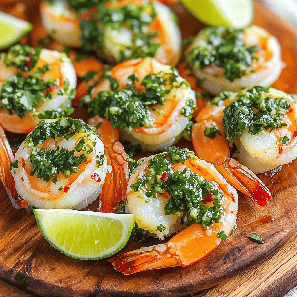 To make Pan Seared Chimichurri Shrimp, gather these fresh ingredients: - 1 pound large shrimp, peeled and deveined - 2 tablespoons olive oil - Salt and pepper to taste - 1 cup fresh parsley, finely chopped - 1/2 cup fresh cilantro, finely chopped - 3 garlic cloves, minced - 1 teaspoon red pepper flakes (adjust to taste) - 1/4 cup red wine vinegar (or lemon juice for a non-alcoholic option) - 1/2 teaspoon smoked paprika - Zest of 1 lime - Juice of 1 lime If you lack some ingredients, don't worry! Here are easy swaps: - Shrimp: Use scallops or chicken if you need an alternative. - Olive oil: Can be replaced with avocado oil or grapeseed oil. - Red wine vinegar: Lemon juice or apple cider vinegar work well too. - Fresh herbs: You can try basil or oregano if you don’t have parsley or cilantro. - Red pepper flakes: Use fresh chili or omit for no spice. Choosing shrimp can be simple with a few tips: - Look for a clean scent: Fresh shrimp should smell like the ocean, not fishy. - Check color: The shells should be shiny and translucent, not dull. - Feel for firmness: Fresh shrimp should feel firm, not mushy. - Buy on ice: If possible, choose shrimp kept on ice for optimal freshness. For a full recipe, check the section above. To make chimichurri sauce, start with a bowl. Add 1 cup of finely chopped parsley. Then, add 1/2 cup of finely chopped cilantro. Next, include 3 minced garlic cloves and 1 teaspoon of red pepper flakes. If you like it spicy, feel free to add more flakes. Pour in 1/4 cup of red wine vinegar or lemon juice if you prefer. Add 1/2 teaspoon of smoked paprika for a nice flavor boost. Zest one lime and squeeze its juice into the mix. Stir everything well and season with salt and pepper. Let it sit for 15 minutes. This helps all the flavors blend nicely. Now let's prep the shrimp. Take 1 pound of large shrimp and pat them dry with paper towels. This step is important because dry shrimp sear better. In a separate bowl, drizzle 2 tablespoons of olive oil over the shrimp. Season them with salt, pepper, and a pinch of smoked paprika. Mix everything well so each shrimp gets coated. This will add great flavor when you cook them. It's time to sear the shrimp. Heat a large skillet over medium-high heat. When the pan is hot, add the shrimp in a single layer. Cook them for 2-3 minutes. You’ll know they are ready when they turn pink and start to char slightly. Use tongs to flip each shrimp carefully. Cook for another 1-2 minutes until they are fully cooked. Avoid overcrowding the pan; do this in batches if needed. Once done, remove the skillet from heat. Plate the shrimp beautifully and drizzle with chimichurri sauce. Serve extra sauce on the side for dipping. Enjoy this flavorful dish! When making pan seared chimichurri shrimp, some mistakes can ruin the dish. Here are a few to watch for: - Overcrowding the pan: If you add too many shrimp, they won't sear well. They will steam instead. Cook in batches for the best results. - Not drying the shrimp: Wet shrimp will not sear properly. Pat them dry with paper towels before seasoning. - Skipping the seasoning: Shrimp need flavor. Don’t be shy with salt, pepper, and paprika to enhance their taste. A perfect sear gives your shrimp a nice color and flavor. Here’s how to do it right: - Use high heat: Heat your skillet over medium-high. The pan must be hot before adding the shrimp. - Don’t move them: Once the shrimp hit the pan, let them cook. Moving them too soon will prevent a good sear. - Check for color: Look for a pink hue and slight char before flipping. This shows they are ready. Chimichurri is all about fresh flavors. Here are some tips to boost its taste: - Add more herbs: Try adding fresh oregano or basil for a twist on the classic flavor. - Use different acids: Swap red wine vinegar for lemon juice or lime juice for a brighter taste. - Adjust the heat: If you like spice, increase the red pepper flakes. For mild flavor, reduce them. For the full recipe, be sure to check out the complete guide. {{image_2}} You can switch shrimp for other proteins. Chicken, fish, or scallops work well too. Each protein brings its own taste and texture. For chicken, use thin slices to cook evenly. Fish like salmon or tilapia can soak in chimichurri flavor. Scallops sear nicely and add a sweet touch. Adjust the cooking time based on the protein you choose. Always aim for a golden crust for best results. Chimichurri sauce offers many ways to customize its flavor. You can play with the herbs, like adding oregano or basil. Want a kick? Toss in more red pepper flakes or a diced jalapeño. For zest, try using orange or lemon juice instead of vinegar. Different oils can change the taste too. Avocado oil adds a smooth flavor that is lovely with seafood. Make it your own by mixing and matching these ingredients! This dish shines with simple sides. A light salad or roasted veggies complements the shrimp well. You can also serve it with rice or quinoa for a hearty meal. Consider pairing it with crusty bread for dipping in the chimichurri sauce. If you want a drink, a chilled white wine or sparkling water works great. These choices enhance the dish without overpowering it. For more great ideas, check the Full Recipe for inspiration! Store leftover shrimp in an airtight container. Place the shrimp in the fridge right after serving. They will stay fresh for up to three days. If you want to keep them longer, freeze the shrimp. Just make sure they cool down before sealing. Use a freezer-safe bag for the best results. This way, the shrimp can last up to three months. Chimichurri can also be stored easily. Keep it in a jar or container with a tight lid. You can store it in the fridge for up to one week. If you want to save it longer, you can freeze chimichurri. Pour it into an ice cube tray and freeze. This way, you can use small amounts later as needed. To reheat shrimp, use a skillet over low heat. This helps keep them juicy. You can add a splash of water or broth to keep them moist. Avoid using the microwave as it can dry out the shrimp. For chimichurri, just bring it to room temperature before serving. This will help the flavors pop when you pour it over the shrimp. You can pair Pan Seared Chimichurri Shrimp with many sides. Here are some great options: - Rice: White or brown rice soaks up the sauce well. - Quinoa: It adds a nutty flavor and is very healthy. - Grilled Vegetables: Zucchini, bell peppers, or asparagus balance the dish. - Salad: A fresh green salad with a light dressing complements the shrimp nicely. - Tortillas: Use them to make shrimp tacos with the chimichurri. These choices add color, texture, and flavor to your meal. They also help round out the dish for a satisfying dining experience. Yes, you can make chimichurri in advance. In fact, letting it sit for a while helps the flavors blend. Here are some tips to consider: - Refrigerate: Store it in an airtight container in the fridge. - Best Time: Aim to make it a few hours ahead. It can last up to a week. - Flavor Boost: If you make it a day before, the taste will be even better. Just remember to give it a good stir before using it on your shrimp. To tell if shrimp are fully cooked, look for these signs: - Color: They should turn pink all over. - Shape: Cooked shrimp curl into a C shape. - Texture: They should feel firm, not mushy. Cooking shrimp takes about 2-5 minutes, depending on size. If you follow the steps in the full recipe, you’ll get perfect shrimp every time! In this post, we explored how to make pan-seared chimichurri shrimp. You learned about choosing fresh shrimp and making a zesty chimichurri sauce. We also covered common mistakes and how to create a perfect sear. Remember, you can customize this dish with different proteins and flavors. By following these steps and tips, you’ll create a delicious meal. Enjoy making this dish and impressing your family and friends! Happy cooking!