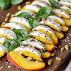 - 2 ripe peaches - 8 oz fresh mozzarella - 1 cup fresh basil leaves - Balsamic glaze - Extra virgin olive oil - Salt and black pepper - Toasted pine nuts for crunch When I make a Peach Caprese Salad, I focus on fresh, quality ingredients. You need ripe peaches, fresh mozzarella, and vibrant basil leaves. These are the stars of the dish. Choose peaches that feel soft but not mushy. The mozzarella should be creamy and slightly springy. Fresh basil adds an aromatic touch that brightens the salad. For added flavor, I love using balsamic glaze and extra virgin olive oil. They work together to create a rich, tangy taste that complements the sweet peaches. Just a sprinkle of salt and black pepper brings everything together. If you want extra crunch, consider adding toasted pine nuts. They add texture and a nutty flavor that elevates the salad. You can find the full recipe for this delightful dish [Full Recipe]. Always remember, the key to a great Peach Caprese Salad is in the ingredients. Freshness matters! - Start by washing the peaches thoroughly. - Slice them into thin wedges. - You can peel them if you want, but the skin adds nice texture. - Next, slice the fresh mozzarella into rounds. - Make the slices similar in thickness to the peaches. - On a large serving plate, layer the peach and mozzarella slices. - Begin with a slice of peach, then add a slice of mozzarella, and top with a basil leaf. - Repeat this pattern until you use all the ingredients. - This creates a colorful and eye-catching spiral or stack. - Drizzle extra virgin olive oil and balsamic glaze over the salad. - Make sure to cover the entire plate for the best flavor. - Season the salad with a sprinkle of salt and black pepper to taste. - If you choose to use pine nuts, scatter them over the top for a crunchy bite. - Let the salad rest for about 10 minutes at room temperature. - This helps the flavors blend beautifully before serving. For the complete process, refer to the [Full Recipe]. To pick a ripe peach, look for a few things. First, the color should be vibrant, golden, or yellow. The skin may have slight blush marks. Second, gently squeeze the peach; it should yield slightly but not feel mushy. Lastly, trust your nose! A sweet smell often signals ripeness. Store peaches at room temperature until they ripen. If they are very ripe, place them in the fridge. This keeps them fresh for a few days. Don’t forget to use ripe peaches for your Peach Caprese Salad. Using fresh ingredients is key to a great salad. Fresh mozzarella, ripe peaches, and fragrant basil shine on their own. Each ingredient adds its own flavor. To enhance these flavors, add a pinch of salt and a drizzle of olive oil. Salt enhances sweetness in peaches and mozzarella. It also brings out the best in fresh herbs. Balancing flavors is vital. The creamy mozzarella pairs well with the juicy peaches. Extra virgin olive oil adds richness. Balsamic glaze gives a sweet and tangy kick. This balance keeps your taste buds excited. Presentation matters in making food look appealing. Serve the salad on a rustic wooden board or a bright ceramic platter. This adds color and charm. Arrange the peach and mozzarella slices in a spiral or stacked pattern. This makes each layer visible and enticing. Garnish with fresh basil leaves for a pop of green. Drizzle extra balsamic glaze artistically around the plate. This adds flair and draws the eye. You can also sprinkle some toasted pine nuts on top. This adds crunch and a nutty flavor. {{image_2}} You can switch up the cheese for your Peach Caprese Salad. Burrata adds a creamy touch. Its rich flavor pairs well with peaches. Goat cheese offers a tangy twist. It gives a unique taste to the salad. Pros and Cons: - Burrata: Pros - Creamy, rich. Cons - Can be pricey, less firm. - Goat Cheese: Pros - Tangy, flavorful. Cons - Strong taste might not suit everyone. Seasonal fruits can change the vibe of this salad. Try ripe strawberries or juicy nectarines. They enhance the sweetness and freshness. You can also add herbs like mint or cilantro. They bring a new flavor profile to your dish. While balsamic glaze is a classic, citrus vinaigrette adds zing. It brightens up the salad with a fresh taste. You might also use flavored oils. Infused glazes can elevate the flavor even more. Explore these variations to make your Peach Caprese Salad unique. Check the full recipe for ideas to mix and match! To store leftovers, place the salad in an airtight container. This keeps it fresh and safe. If you have extra dressing, store it separately. This way, the salad won’t get soggy. To keep ingredients fresh, use whole peaches and keep them in the fridge. Store mozzarella in its liquid. Basil should stay in a glass of water on the counter, covered loosely with a bag. This helps it last longer. The salad lasts about two days in the fridge. After that, the flavors fade, and it loses its crispness. Signs of spoilage include browning mozzarella or limp basil. If the salad smells sour, it's best to throw it out. You can prep components ahead of time. Slice the peaches and mozzarella a few hours before serving. Just remember to store them separately. This keeps each ingredient fresh until you assemble the salad. For the best taste, prepare the salad no more than a few hours before serving. Enjoy it fresh for that delightful flavor! For the complete recipe, check out the Full Recipe. To pick the best peaches, look for fruit that feels slightly soft. A ripe peach should have a sweet smell. The skin should be smooth and free of blemishes. Keep in mind that yellow and red colors indicate ripeness. When you press gently, it should give a little. Avoid peaches that are hard or have dark spots. Yes, you can make this salad a day ahead. However, the peaches may soften and lose some crunch. To keep it fresh, assemble the salad without drizzling the olive oil and balsamic glaze. Store the individual ingredients in the fridge. Drizzle the oils right before serving to keep flavors bright. Peach Caprese Salad pairs well with grilled chicken or fish. You can also serve it alongside a light pasta dish. Consider a simple quinoa salad or a crusty bread to soak up the juices. These dishes will enhance the fresh flavors of the salad and create a balanced meal. Yes, this recipe is gluten-free. It uses fresh fruits and cheeses, which do not contain gluten. You can enjoy this salad without any worries about gluten. Just make sure that any additional ingredients you add are also gluten-free. Peach Caprese salad combines ripe peaches, fresh mozzarella, and basil for a summer treat. With balsamic glaze and olive oil, each bite bursts with flavor. You can add toasted pine nuts for extra crunch. Remember to choose ripe, juicy peaches for the best taste. This salad is great as is, but feel free to mix and match ingredients based on what you have. Enjoy experimenting with variations and presentations. You’ll love how easy and delicious it can be!