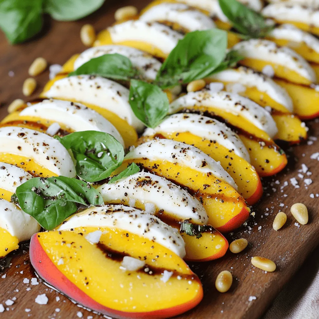 - 2 ripe peaches - 8 oz fresh mozzarella - 1 cup fresh basil leaves - Balsamic glaze - Extra virgin olive oil - Salt and black pepper - Toasted pine nuts for crunch When I make a Peach Caprese Salad, I focus on fresh, quality ingredients. You need ripe peaches, fresh mozzarella, and vibrant basil leaves. These are the stars of the dish. Choose peaches that feel soft but not mushy. The mozzarella should be creamy and slightly springy. Fresh basil adds an aromatic touch that brightens the salad. For added flavor, I love using balsamic glaze and extra virgin olive oil. They work together to create a rich, tangy taste that complements the sweet peaches. Just a sprinkle of salt and black pepper brings everything together. If you want extra crunch, consider adding toasted pine nuts. They add texture and a nutty flavor that elevates the salad. You can find the full recipe for this delightful dish [Full Recipe]. Always remember, the key to a great Peach Caprese Salad is in the ingredients. Freshness matters! - Start by washing the peaches thoroughly. - Slice them into thin wedges. - You can peel them if you want, but the skin adds nice texture. - Next, slice the fresh mozzarella into rounds. - Make the slices similar in thickness to the peaches. - On a large serving plate, layer the peach and mozzarella slices. - Begin with a slice of peach, then add a slice of mozzarella, and top with a basil leaf. - Repeat this pattern until you use all the ingredients. - This creates a colorful and eye-catching spiral or stack. - Drizzle extra virgin olive oil and balsamic glaze over the salad. - Make sure to cover the entire plate for the best flavor. - Season the salad with a sprinkle of salt and black pepper to taste. - If you choose to use pine nuts, scatter them over the top for a crunchy bite. - Let the salad rest for about 10 minutes at room temperature. - This helps the flavors blend beautifully before serving. For the complete process, refer to the [Full Recipe]. To pick a ripe peach, look for a few things. First, the color should be vibrant, golden, or yellow. The skin may have slight blush marks. Second, gently squeeze the peach; it should yield slightly but not feel mushy. Lastly, trust your nose! A sweet smell often signals ripeness. Store peaches at room temperature until they ripen. If they are very ripe, place them in the fridge. This keeps them fresh for a few days. Don’t forget to use ripe peaches for your Peach Caprese Salad. Using fresh ingredients is key to a great salad. Fresh mozzarella, ripe peaches, and fragrant basil shine on their own. Each ingredient adds its own flavor. To enhance these flavors, add a pinch of salt and a drizzle of olive oil. Salt enhances sweetness in peaches and mozzarella. It also brings out the best in fresh herbs. Balancing flavors is vital. The creamy mozzarella pairs well with the juicy peaches. Extra virgin olive oil adds richness. Balsamic glaze gives a sweet and tangy kick. This balance keeps your taste buds excited. Presentation matters in making food look appealing. Serve the salad on a rustic wooden board or a bright ceramic platter. This adds color and charm. Arrange the peach and mozzarella slices in a spiral or stacked pattern. This makes each layer visible and enticing. Garnish with fresh basil leaves for a pop of green. Drizzle extra balsamic glaze artistically around the plate. This adds flair and draws the eye. You can also sprinkle some toasted pine nuts on top. This adds crunch and a nutty flavor. {{image_2}} You can switch up the cheese for your Peach Caprese Salad. Burrata adds a creamy touch. Its rich flavor pairs well with peaches. Goat cheese offers a tangy twist. It gives a unique taste to the salad. Pros and Cons: - Burrata: Pros - Creamy, rich. Cons - Can be pricey, less firm. - Goat Cheese: Pros - Tangy, flavorful. Cons - Strong taste might not suit everyone. Seasonal fruits can change the vibe of this salad. Try ripe strawberries or juicy nectarines. They enhance the sweetness and freshness. You can also add herbs like mint or cilantro. They bring a new flavor profile to your dish. While balsamic glaze is a classic, citrus vinaigrette adds zing. It brightens up the salad with a fresh taste. You might also use flavored oils. Infused glazes can elevate the flavor even more. Explore these variations to make your Peach Caprese Salad unique. Check the full recipe for ideas to mix and match! To store leftovers, place the salad in an airtight container. This keeps it fresh and safe. If you have extra dressing, store it separately. This way, the salad won’t get soggy. To keep ingredients fresh, use whole peaches and keep them in the fridge. Store mozzarella in its liquid. Basil should stay in a glass of water on the counter, covered loosely with a bag. This helps it last longer. The salad lasts about two days in the fridge. After that, the flavors fade, and it loses its crispness. Signs of spoilage include browning mozzarella or limp basil. If the salad smells sour, it's best to throw it out. You can prep components ahead of time. Slice the peaches and mozzarella a few hours before serving. Just remember to store them separately. This keeps each ingredient fresh until you assemble the salad. For the best taste, prepare the salad no more than a few hours before serving. Enjoy it fresh for that delightful flavor! For the complete recipe, check out the Full Recipe. To pick the best peaches, look for fruit that feels slightly soft. A ripe peach should have a sweet smell. The skin should be smooth and free of blemishes. Keep in mind that yellow and red colors indicate ripeness. When you press gently, it should give a little. Avoid peaches that are hard or have dark spots. Yes, you can make this salad a day ahead. However, the peaches may soften and lose some crunch. To keep it fresh, assemble the salad without drizzling the olive oil and balsamic glaze. Store the individual ingredients in the fridge. Drizzle the oils right before serving to keep flavors bright. Peach Caprese Salad pairs well with grilled chicken or fish. You can also serve it alongside a light pasta dish. Consider a simple quinoa salad or a crusty bread to soak up the juices. These dishes will enhance the fresh flavors of the salad and create a balanced meal. Yes, this recipe is gluten-free. It uses fresh fruits and cheeses, which do not contain gluten. You can enjoy this salad without any worries about gluten. Just make sure that any additional ingredients you add are also gluten-free. Peach Caprese salad combines ripe peaches, fresh mozzarella, and basil for a summer treat. With balsamic glaze and olive oil, each bite bursts with flavor. You can add toasted pine nuts for extra crunch. Remember to choose ripe, juicy peaches for the best taste. This salad is great as is, but feel free to mix and match ingredients based on what you have. Enjoy experimenting with variations and presentations. You’ll love how easy and delicious it can be!